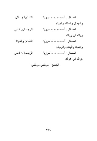 ‫ﺍﻟﻨﺴﺎﺀ:ﺍﻟﺠـﻼل‬         ‫ﺍﻟﺼﻐﺎﺭ: ﺁ~ ~ ~ ~ ~ ﺴﻭﺭﻴﺎ‬
                               ‫ﻭﺍﻟﺠﻤﺎل ﻭﺍﻟﺴﻨﺎﺀ ﻭﺍﻟﺒﻬﺎﺀ‬
‫ﺍﻟﺭﺠ ـﺎل: ﻓ ـﻲ‬
 ‫ـ‬      ‫ـ‬             ‫ﺍﻟﺼﻐﺎﺭ: ﺁ~ ~ ~ ~ ~ ﺴﻭﺭﻴﺎ‬
                                        ‫ﺭﺒﺎﻙ ﻓﻲ ﺭﺒﺎﻙ‬
 ‫ﺍﻟﻨﺴﺎﺀ: ﻭﺍﻟﺤﻴﺎﺓ‬      ‫ﺍﻟﺼﻐﺎﺭ: ﺁ~ ~ ~ ~ ~ ﺴﻭﺭﻴﺎ‬
                                ‫ﻭﺍﻟﻨﺠﺎﺓ ﻭﺍﻟﻬﻨﺎﺀ ﻭﺍﻟﺭﺠﺎﺀ‬
‫ﺍﻟﺭﺠ ـﺎل: ﻓ ـﻲ‬
 ‫ـ‬      ‫ـ‬             ‫ﺍﻟﺼﻐﺎﺭ: ﺁ~ ~ ~ ~ ~ ﺴﻭﺭﻴﺎ‬
                                       ‫ﻫﻭﺍﻙ ﻓﻲ ﻫﻭﺍﻙ‬
              ‫ﺍﻟﺠﻤﻴﻊ : ﻤﻭﻁﻨﻲ ﻤﻭﻁﻨﻲ‬




                        ‫٦٦٣‬
 