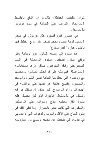 ‫ﺸﺭﺍﺀ ﻤﺎﻜﻴﻨﺎﺕ ﺍﻟﺨﻴﺎﻁﺔ، ﻁﺎﻟـﻤﺎ ﺃﻥ ﺍﻟﺩﻓﻊ ﺒﺎﻷﻗﺴﺎﻁ‬
‫ﺍﻟـﻤﺭﻴﺤﺔ، ﻭﺍﻟﺘﺩﺭﻴﺏ ﻋﻠﻰ ﺍﻟﺨﻴﺎﻁﺔ ﻓﻲ ﺴﺩﺓ ﻋﺭﻤﻭﺵ‬
                                          ‫ﺒﺎﻟـﻤـﺠﺎﻥ.‬
‫ﻓﻲ ﻏﻀﻭﻥ ﻓﺘﺭﺓ ﻗﺼﻴﺭﺓ ﻋﻠﻕ ﻋﺭﻤﻭﺵ ﻓﻲ ﺼﺩﺭ‬
‫ﺍﻟـﻤﺤل ﻟﻭﺤﺔ ﺒﻴﻀﺎﺀ ﺒﺤﺠﻡ ﻨﺼﻑ ﻤﺘﺭ ﻤﺭﺒﻊ، ﺨﻁﻁ ﻓﻴﻬﺎ‬
                          ‫ﺒﺎﻷﺴﻭﺩ ﻋﺒﺎﺭﺓ " ﺍﻟﺩﻴﻥ ﻤﻤﻨﻭﻉ".‬
‫ﻋﺎﺩ ﺒﺸﺎﺭﺓ ﺇﻟﻰ ﻭﻀﻌﻪ ﺍﻟﺴﺎﺒﻕ. ﻋﻭﺯ ﻭﺤﺎﺠﺔ ﻭﻓﻘﺭ‬
‫ﻴﺭﺘﻔﻊ ﻤﺴﺘﻭﺍﻩ ﻟﻴﻨﺨﻔﺽ ﻤﺴﺘﻭﻯ ﺍﻟـﻤﻌﻴﺸﺔ ﻓﻲ ﺍﻟﺒﻴﺕ‬
‫ﺍﻟﺼﻐﻴﺭ.ﺤﺘﻰ ﺭﻓﺎﻗﻪ ﺍﻟﺸﻴﻭﻋﻴﻭﻥ ﻀﺎﻗﻭﺍ ﺫﺭﻋﺎ ﺒﺎﺴﺘﺩﺍﻨﺎﺘـﻪ‬
            ‫ﹰ‬
‫ﺍﻟـﻤﺘﻭﺍﺼﻠﺔ. ﻓﻬﻡ ﻤﺜﻠﻪ ﻋﻠﻰ ﻗﺩ ﺍﻟﺤﺎل. ﺘﻀﺎﻤﻨﻭﺍ ﺒـﻤﺠﻤﻠﻬﻡ‬
‫ﻤﻊ ﺯﻭﺠﺘـﻪ ﺍﻟﺘﻲ ﺠﻌﻠﺘـﻬﺎ ﺍﻟﺤﺎﺠﺔ ﺘﻨﺴﻰ ﺍﻟﺸﻬﺭﺓ ﻭﺍﻟـﻤﺠﺩ‬
‫ﻭﺍﻟﺘﺼﻔﻴﻕ، ﻭﺘﻔﺼﺢ ﻋﻼﻨﻴﺔ ﻋﻥ ﻨﺩﻤﻬﺎ ﻋﻠﻰ ﻤﻭﺍﻓﻘﺘـﻪ ﻓﻲ‬
‫ﺍﻻﻨﺠﺭﺍﻑ ﻭﺭﺍﺀ ﺍﻟـﻤﺴﺭﺡ. ﻜﺎﻥ ﻴﻤﻜﻥ ﺃﻥ ﻴﺴﺘﻘل ﻫﻭ ﻓﻴﻪ‬
‫ﻭﺘﺴﺘﻘل ﻫﻲ ﺒﺎﻟـﻤﺸﻐل. ﻓﺎﻹﻴﺭﺍﺩ ﺍﻟﺫﻱ ﻜﺎﻥ ﻴﺤﺼل ﻋﻠﻴﻪ‬
‫ﺒﺸﺎﺭﺓ ﺃﻨﻔﻕ ﻤﻌﻅﻤﻪ ﺒﺒﺫﺥ ﻭﺇﺴﺭﺍﻑ ﻋﻠﻰ ﺍﻟـﻤﻤﺜﻠﻴﻥ‬
‫ﻭﺍﻟﺩﻴﻜﻭﺭﺍﺕ ﺍﻟﺘﻲ ﻜﺎﻨﺕ ﺘﺘﻐﻴﺭ ﺒﺎﺴﺘﻤﺭﺍﺭ. ﻭﻤﺎ ﺘﺒﻘﻰ ﺃﻨﻔﻘﻪ ﻓﻲ‬
‫ﻨﺸﻭﺓ ﺍﻟﻨﺠﺎﺡ ﻋﻠﻰ ﺍﻷﻜل ﻭﺍﻟﺸﺭﺏ ﻭﺍﻟﺩﻋﻭﺍﺕ ﺍﻟﺘﻲ ﻻ ﺘﻨﺘـﻬﻲ‬
‫ﻓﻲ ﺒﻴﺘـﻪ، ﻜﻲ ﻴﺘﺤﺩﺙ ﻋﻥ ﻨﺠﺎﺤﻪ ﻭﻴﺴﻤﻊ ﻤﻥ ﻤﻌﺎﺯﻴـﻤﻪ‬


                         ‫٤٧٣‬
 