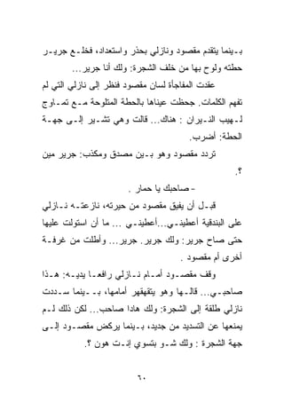 ‫ﺒـﻴﻨﻤﺎ ﻴﺘﻘﺩﻡ ﻤﻘﺼﻭﺩ ﻭﻨﺎﺯﻟﻲ ﺒﺤﺫﺭ ﻭﺍﺴﺘﻌﺩﺍﺩ، ﻓﺨﻠـﻊ ﺠﺭﻴـﺭ‬
        ‫ﺤﻁﺘﻪ ﻭﻟﻭﺡ ﺒﻬﺎ ﻤﻥ ﺨﻠﻑ ﺍﻟﺸﺠﺭﺓ: ﻭﻟﻙ ﺃﻨﺎ ﺠﺭﻴﺭ...‬
‫ﻋﻘﺩﺕ ﺍﻟﻤﻔﺎﺠﺄﺓ ﻟﺴﺎﻥ ﻤﻘﺼﻭﺩ ﻓﻨﻅﺭ ﺇﻟﻰ ﻨﺎﺯﻟﻲ ﺍﻟﺘﻲ ﻟﻡ‬
‫ﺘﻔﻬﻡ ﺍﻟﻜﻠﻤﺎﺕ. ﺠﺤﻅﺕ ﻋﻴﻨﺎﻫﺎ ﺒﺎﻟﺤﻁﺔ ﺍﻟﻤﺘﻠﻭﺤﺔ ﻤـﻊ ﺘﻤـﺎﻭﺝ‬
‫ﻟـﻬﻴﺏ ﺍﻟﻨـﻴﺭﺍﻥ : ﻫﻨﺎﻙ... ﻗﺎﻟﺕ ﻭﻫﻲ ﺘﺸـﻴﺭ ﺇﻟـﻰ ﺠﻬـﺔ‬
                                       ‫ﺍﻟﺤﻁﺔ: ﺃﻀﺭﺏ.‬
‫ﺘﺭﺩﺩ ﻤﻘﺼﻭﺩ ﻭﻫﻭ ﺒـﻴﻥ ﻤﺼﺩﻕ ﻭﻤﻜﺫﺏ: ﺠﺭﻴﺭ ﻤﻴﻥ‬
                                                   ‫؟.‬
                       ‫- ﺼﺎﺤﺒﻙ ﻴﺎ ﺤﻤﺎﺭ .‬
‫ﻗﺒـل ﺃﻥ ﻴﻔﻴﻕ ﻤﻘﺼﻭﺩ ﻤﻥ ﺤﻴﺭﺘﻪ، ﻨﺎﺯﻋﺘـﻪ ﻨـﺎﺯﻟﻲ‬
‫ﻋﻠﻰ ﺍﻟﺒﻨﺩﻗﻴﺔ ﺃﻋﻁﻴﻨـﻲ...ﺃﻋﻁﻴﻨـﻲ ... ﻤﺎ ﺃﻥ ﺍﺴﺘﻭﻟﺕ ﻋﻠﻴﻬﺎ‬
‫ﺤﺘﻰ ﺼﺎﺡ ﺠﺭﻴﺭ: ﻭﻟﻙ ﺠﺭﻴﺭ. ﺠﺭﻴﺭ... ﻭﺃﻁﻠﺕ ﻤﻥ ﻏﺭﻓـﺔ‬
                                     ‫ﺃﺨﺭﻯ ﺃﻡ ﻤﻘﺼﻭﺩ .‬
‫ﻭﻗﻑ ﻤﻘﺼـﻭﺩ ﺃﻤـﺎﻡ ﻨـﺎﺯﻟﻲ ﺭﺍﻓﻌـﺎ ﻴﺩﻴـﻪ: ﻫـﺫﺍ‬
            ‫ﹰ‬
‫ﺼﺎﺤﺒـﻲ... ﻗﺎﻟـﻬﺎ ﻭﻫﻭ ﻴﺘﻘﻬﻘﻬﺭ ﺃﻤﺎﻤﻬﺎ، ﺒــﻴﻨﻤﺎ ﺴـﺩﺩﺕ‬
‫ﻨﺎﺯﻟﻲ ﻁﻠﻘﺔ ﺇﻟﻰ ﺍﻟﺸﺠﺭﺓ: ﻭﻟﻙ ﻫﺎﺩﺍ ﺼﺎﺤﺏ... ﻟﻜﻥ ﺫﻟﻙ ﻟـﻡ‬
‫ﻴﻤﻨﻌﻬﺎ ﻋﻥ ﺍﻟﺘﺴﺩﻴﺩ ﻤﻥ ﺠﺩﻴﺩ، ﺒـﻴﻨﻤﺎ ﻴﺭﻜﺽ ﻤﻘﺼـﻭﺩ ﺇﻟـﻰ‬
           ‫ﺠﻬﺔ ﺍﻟﺸﺠﺭﺓ : ﻭﻟﻙ ﺸـﻭ ﺒﺘﺴﻭﻱ ﺇﻨـﺕ ﻫﻭﻥ ؟.‬


                         ‫٠٦‬
 