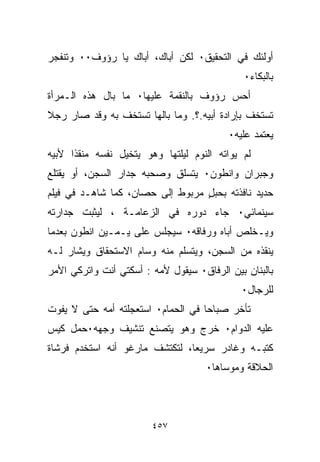 ‫ﺃﻭﻟﺌﻙ ﻓﻲ ﺍﻟﺘﺤﻘﻴﻕ٠ ﻟﻜﻥ ﺃﺒﺎﻙ، ﺃﺒﺎﻙ ﻴﺎ ﺭﺅﻭﻑ٠٠ ﻭﺘﻨﻔﺠﺭ‬
                                              ‫ﺒﺎﻟﺒﻜﺎﺀ٠‬
‫ﺃﺤﺱ ﺭﺅﻭﻑ ﺒﺎﻟﻨﻘﻤﺔ ﻋﻠﻴﻬﺎ٠ ﻤﺎ ﺒﺎل ﻫﺫﻩ ﺍﻟـﻤﺭﺃﺓ‬
‫ﺘﺴﺘﺨﻑ ﺒﺈﺭﺍﺩﺓ ﺃﺒﻴﻪ.؟. ﻭﻤﺎ ﺒﺎﻟﻬﺎ ﺘﺴﺘﺨﻑ ﺒﻪ ﻭﻗﺩ ﺼﺎﺭ ﺭﺠﻼ‬
‫ﹰ‬
                                          ‫ﻴﻌﺘﻤﺩ ﻋﻠﻴﻪ٠‬
‫ﻟﻡ ﻴﻭﺍﺘﻪ ﺍﻟﻨﻭﻡ ﻟﻴﻠﺘﻬﺎ ﻭﻫﻭ ﻴﺘﺨﻴل ﻨﻔﺴﻪ ﻤﻨﻘﺫﺍ ﻷﺒﻴﻪ‬
     ‫ﹰ‬
‫ﻭﺠﺒﺭﺍﻥ ﻭﺍﻨﻁﻭﻥ٠ ﻴﺘﺴﻠﻕ ﻭﺼﺤﺒﻪ ﺠﺩﺍﺭ ﺍﻟﺴﺠﻥ، ﺃﻭ ﻴﻘﺘﻠﻊ‬
‫ﺤﺩﻴﺩ ﻨﺎﻓﺫﺘﻪ ﺒﺤﺒل ﻤﺭﺒﻭﻁ ﺇﻟﻰ ﺤﺼﺎﻥ، ﻜﻤﺎ ﺸﺎﻫـﺩ ﻓﻲ ﻓﻴﻠﻡ‬
                                  ‫ٍ‬
‫ﺴﻴﻨﻤﺎﺌﻲ٠ ﺠﺎﺀ ﺩﻭﺭﻩ ﻓﻲ ﺍﻟﺯﻋﺎﻤـﺔ ، ﻟﻴﺜﺒﺕ ﺠﺩﺍﺭﺘﻪ‬
‫ﻭﻴـﺨﻠﺹ ﺃﺒﺎﻩ ﻭﺭﻓﺎﻗﻪ٠ ﺴﻴﺠﻠﺱ ﻋﻠﻰ ﻴـﻤـﻴﻥ ﺍﻨﻁﻭﻥ ﺒﻌﺩﻤﺎ‬
‫ﻴﻨﻘﺫﻩ ﻤﻥ ﺍﻟﺴﺠﻥ، ﻭﻴﺘﺴﻠﻡ ﻤﻨﻪ ﻭﺴﺎﻡ ﺍﻻﺴﺘﺤﻘﺎﻕ ﻭﻴﺸﺎﺭ ﻟـﻪ‬
‫ﺒﺎﻟﺒﻨﺎﻥ ﺒﻴﻥ ﺍﻟﺭﻓﺎﻕ٠ ﺴﻴﻘﻭل ﻷﻤﻪ : ﺃﺴﻜﺘﻲ ﺃﻨﺕ ﻭﺍﺘﺭﻜﻲ ﺍﻷﻤﺭ‬
                                             ‫ﻟﻠﺭﺠﺎل٠‬
‫ﺘﺄﺨﺭ ﺼﺒﺎﺤﺎ ﻓﻲ ﺍﻟﺤﻤﺎﻡ٠ ﺍﺴﺘﻌﺠﻠﺘﻪ ﺃﻤﻪ ﺤﺘﻰ ﻻ ﻴﻔﻭﺕ‬
                                   ‫ﹰ‬
‫ﻋﻠﻴﻪ ﺍﻟﺩﻭﺍﻡ٠ ﺨﺭﺝ ﻭﻫﻭ ﻴﺘﺼﻨﻊ ﺘﻨﺸﻴﻑ ﻭﺠﻬﻪ٠ﺤﻤل ﻜﻴﺱ‬
‫ﻜﺘﺒـﻪ ﻭﻏﺎﺩﺭ ﺴﺭﻴﻌﹰ، ﻟﺘﻜﺘﺸﻑ ﻤﺎﺭﻏﻭ ﺃﻨﻪ ﺍﺴﺘﺨﺩﻡ ﻓﺭﺸﺎﺓ‬
                               ‫ﺎ‬
                                     ‫ﺍﻟﺤﻼﻗﺔ ﻭﻤﻭﺴﺎﻫﺎ٠‬



                        ‫٧٥٤‬
 