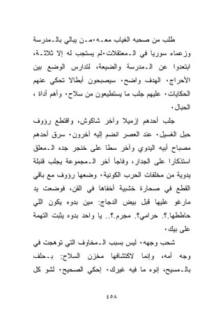 ‫ﻁﻠﺏ ﻤﻥ ﺼﺤﺒﻪ ﺍﻟﻐﻴﺎﺏ ﻤﻌـﻪ٠ﻤـﻥ ﻴﺒﺎﻟﻲ ﺒﺎﻟـﻤﺩﺭﺴﺔ‬
‫ﻭﺯﻋﻤﺎﺀ ﺴﻭﺭﻴﺎ ﻓﻲ ﺍﻟـﻤﻌﺘﻘﻼﺕ٠ﻟﻡ ﻴﺴﺘﺠﺏ ﻟﻪ ﺇﻻ ﺜﻼﺜـﺔ،‬
‫ﺍﺒﺘﻌﺩﻭﺍ ﻋﻥ ﺍﻟـﻤﺩﺭﺴﺔ ﻭﺍﻟﻀﻴﻌﺔ، ﻟﺘﺩﺍﺭﺱ ﺍﻟﻭﻀﻊ ﺒﻴﻥ‬
‫ﺍﻷﺤﺭﺍﺝ٠ ﺍﻟﻬﺩﻑ ﻭﺍﻀﺢ٠ ﺴﻴﺼﺒﺤﻭﻥ ﺃﺒﻁﺎﻻ ﺘﺤﻜﻲ ﻋﻨﻬﻡ‬
          ‫ﹰ‬
‫ﺍﻟﺤﻜﺎﻴﺎﺕ٠ ﻋﻠﻴﻬﻡ ﺠﻠﺏ ﻤﺎ ﻴﺴﺘﻁﻴﻌﻭﻥ ﻤﻥ ﺴﻼﺡ٠ ﻭﺃﻫﻡ ﺃﺩﺍﺓ ،‬
                                             ‫ﺍﻟﺤﺒﺎل٠‬
‫ﺠﻠﺏ ﺃﺤﺩﻫﻡ ﺇﺯﻤﻴﻼ ﻭﺁﺨﺭ ﺸﺎﻜﻭﺵ، ﻭﺍﻗﺘﻁﻊ ﺭﺅﻭﻑ‬
                        ‫ﹰ‬
‫ﺤﺒل ﺍﻟﻐﺴﻴل٠ ﻋﻨﺩ ﺍﻟﻌﺼﺭ ﺍﻨﻀﻡ ﺇﻟﻴﻪ ﺁﺨﺭﻭﻥ٠ ﺴﺭﻕ ﺃﺤﺩﻫﻡ‬
‫ﻤﺼﺒﺎﺡ ﺃﺒﻴﻪ ﺍﻟﻴﺩﻭﻱ ﻭﺁﺨﺭ ﺴﻁﺎ ﻋﻠﻰ ﺨﻨﺠﺭ ﺠﺩﻩ ﺍﻟـﻤﻌﻠﻕ‬
                     ‫ﹰ‬
‫ﺍﺴﺘﺫﻜﺎﺭﺍ ﻋﻠﻰ ﺍﻟﺠﺩﺍﺭ، ﻭﻓﺎﺠﺄ ﺁﺨﺭ ﺍﻟـﻤﺠﻤﻭﻋﺔ ﻴﺠﻠﺏ ﻗﻨﺒﻠﺔ‬
                                           ‫ﹰ‬
‫ﻴﺩﻭﻴﺔ ﻤﻥ ﻤﺨﻠﻔﺎﺕ ﺍﻟﺤﺭﺏ ﺍﻟﻜﻭﻨﻴﺔ٠ ﻭﻀﻌﻬﺎ ﺭﺅﻭﻑ ﻤﻊ ﺒﺎﻗﻲ‬
‫ﺍﻟﻘﻁﻊ ﻓﻲ ﺼ ‪‬ﺎﺭﺓ ﺨﺸﺒﻴﺔ ﺃﺨﻔﺎﻫﺎ ﻓﻲ ﺍﻟﻘﻥ، ﻓﻭﻀﻌﺕ ﻴﺩ‬
                                  ‫ﺤ‬
‫ﻤﺎﺭﻏﻭ ﻋﻠﻴﻬﺎ ﻗﺒل ﺒﻴﺽ ﺍﻟﺩﺠﺎﺝ: ﻤﻴﻥ ﺒ ‪‬ﻭﻩ ﻴﻜﻭﻥ ﺍﻟﻠﻲ‬
            ‫ﺩ‬
‫ﺤﺎﻁﻁﻬﺎ.؟. ﺤﺭﺍﻤﻲ؟. ﻤﺠﺭﻡ.؟.. ﻴﺎ ﻭﺍﺤﺩ ﺒ ‪‬ﻭﻩ ﻴﺜﺒﺕ ﺍﻟﺘﻬﻤﺔ‬
              ‫ﺩ‬
                                           ‫ﻋﻠﻰ ﺒ ‪‬ﻙ٠‬
                                             ‫ﻴ‬
‫ﺸﺤﺏ ﻭﺠﻬﻪ٠ ﻟﻴﺱ ﺒﺴﺒﺏ ﺍﻟـﻤﺨﺎﻭﻑ ﺍﻟﺘﻲ ﺘﻭﻫﺠﺕ ﻓﻲ‬
‫ﻭﺠﻪ ﺃﻤﻪ، ﻭﺇﻨﻤﺎ ﻻﻜﺘﺸﺎﻓﻬﺎ ﻤﺨﺯﻥ ﺍﻟﺴﻼﺡ: ﺒـﺤﻠﻑ‬
‫ﺒﺎﻟـﻤﺴﻴﺢ، ﺇ ﹼﻭﻩ ﻤﺎ ﻓﻴﻪ ﻏﻴﺭﻙ٠ ﺇﺤﻜﻲ ﺍﻟﺼﺤﻴﺢ٠ ﻟﺸﻭ ﻜل‬
                                   ‫ﻨ‬


                        ‫٨٥٤‬
 