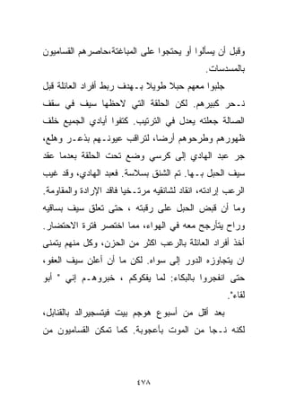 ‫ﻭﻗﺒل ﺃﻥ ﻴﺴﺄﻟﻭﺍ ﺃﻭ ﻴﺤﺘﺠﻭﺍ ﻋﻠﻰ ﺍﻟﻤﺒﺎﻏﺘﺔ،ﺤﺎﺼﺭﻫﻡ ﺍﻟﻘﺴﺎﻤﻴﻭﻥ‬
                                              ‫ﺒﺎﻟﻤﺴﺩﺴﺎﺕ.‬
‫ﺠﻠﺒﻭﺍ ﻤﻌﻬﻡ ﺤﺒﻼ ﻁﻭﻴﻼ ﺒـﻬﺩﻑ ﺭﺒﻁ ﺃﻓﺭﺍﺩ ﺍﻟﻌﺎﺌﻠﺔ ﻗﺒل‬
                            ‫ﹰ‬    ‫ﹰ‬
‫ﻨـﺤﺭ ﻜﺒﻴﺭﻫﻡ. ﻟﻜﻥ ﺍﻟﺤﻠﻘﺔ ﺍﻟﺘﻲ ﻻﺤﻅﻬﺎ ﺴﻴﻑ ﻓﻲ ﺴﻘﻑ‬
‫ﺍﻟﺼﺎﻟﺔ ﺠﻌﻠﺘﻪ ﻴﻌ ‪‬ل ﻓﻲ ﺍﻟﺘﺭﺘﻴﺏ. ﻜﺘﻔﻭﺍ ﺃﻴﺎﺩﻱ ﺍﻟﺠﻤﻴﻊ ﺨﻠﻑ‬
                                    ‫ﺩ‬
‫ﻅﻬﻭﺭﻫﻡ ﻭﻁﺭﺤﻭﻫﻡ ﺃﺭﻀﹰ، ﻟﺘﺭﺍﻗﺏ ﻋﻴﻭﻨـﻬﻡ ﺒﺫﻋـﺭ ﻭﻫﻠﻊ،‬
                            ‫ﺎ‬
‫ﺠﺭ ﻋﺒﺩ ﺍﻟﻬﺎﺩﻱ ﺇﻟﻰ ﻜﺭﺴﻲ ﻭﻀﻊ ﺘﺤﺕ ﺍﻟﺤﻠﻘﺔ ﺒﻌﺩﻤﺎ ﻋﻘﺩ‬
‫ﺴﻴﻑ ﺍﻟﺤﺒل ﺒـﻬﺎ. ﺘﻡ ﺍﻟﺸﻨﻕ ﺒﺴﻼﺴﺔ. ﻓﻌﺒﺩ ﺍﻟﻬﺎﺩﻱ، ﻭﻗﺩ ﻏﻴﺏ‬
‫ﺍﻟﺭﻋﺏ ﺇﺭﺍﺩﺘﻪ، ﺍﻨﻘﺎﺩ ﻟﺸﺎﻨﻘﻴﻪ ﻤﺭﺘـﺨﻴﺎ ﻓﺎﻗﺩ ﺍﻹﺭﺍﺩﺓ ﻭﺍﻟﻤﻘﺎﻭﻤﺔ.‬
                       ‫ﹰ‬
‫ﻭﻤﺎ ﺃﻥ ﻗﺒﺽ ﺍﻟﺤﺒل ﻋﻠﻰ ﺭﻗﺒﺘﻪ ، ﺤﺘﻰ ﺘﻌﻠﻕ ﺴﻴﻑ ﺒﺴﺎﻗﻴﻪ‬
‫ﻭﺭﺍﺡ ﻴﺘﺄﺭﺠﺢ ﻤﻌﻪ ﻓﻲ ﺍﻟﻬﻭﺍﺀ، ﻤﻤﺎ ﺍﺨﺘﺼﺭ ﻓﺘﺭﺓ ﺍﻻﺤﺘﻀﺎﺭ.‬
‫ﺃﺨﺫ ﺃﻓﺭﺍﺩ ﺍﻟﻌﺎﺌﻠﺔ ﺒﺎﻟﺭﻋﺏ ﺍﻜﺜﺭ ﻤﻥ ﺍﻟﺤﺯﻥ، ﻭﻜل ﻤﻨﻬﻡ ﻴﺘﻤﻨﻰ‬
‫ﺍﻥ ﻴﺘﺠﺎﻭﺯﻩ ﺍﻟﺩﻭﺭ ﺇﻟﻰ ﺴﻭﺍﻩ. ﻟﻜﻥ ﻤﺎ ﺃﻥ ﺃﻋﻠﻥ ﺴﻴﻑ ﺍﻟﻌﻔﻭ،‬
‫ﺤﺘﻰ ﺍﻨﻔﺠﺭﻭﺍ ﺒﺎﻟﺒﻜﺎﺀ: ﻟﻤﺎ ﻴﻔﻜﻭﻜﻡ ، ﺨﺒﺭﻭﻫـﻡ ﺇﻨﻲ " ﺃﺒﻭ‬
                                                     ‫ﻟﻘﺎﺀ".‬
‫ﺒﻌﺩ ﺃﻗل ﻤﻥ ﺃﺴﺒﻭﻉ ﻫﻭﺠﻡ ﺒﻴﺕ ﻓﻴﺘﺴﺠﻴﺭﺍﻟﺩ ﺒﺎﻟﻘﻨﺎﺒل،‬
‫ﻟﻜﻨﻪ ﻨـﺠﺎ ﻤﻥ ﺍﻟﻤﻭﺕ ﺒﺄﻋﺠﻭﺒﺔ. ﻜﻤﺎ ﺘﻤﻜﻥ ﺍﻟﻘﺴﺎﻤﻴﻭﻥ ﻤﻥ‬



                          ‫٨٧٤‬
 