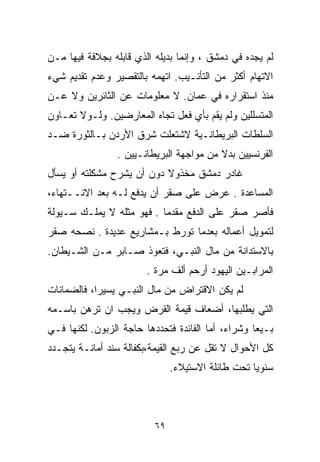 ‫ﻟﻡ ﻴﺠﺩﻩ ﻓﻲ ﺩﻤﺸﻕ ، ﻭﺇﻨﻤﺎ ﺒﺩﻴﻠﻪ ﺍﻟﺫﻱ ﻗﺎﺒﻠﻪ ﺒﺠﻼﻓﺔ ﻓﻴﻬﺎ ﻤـﻥ‬
‫ﺍﻻﺘﻬﺎﻡ ﺃﻜﺜﺭ ﻤﻥ ﺍﻟﺘﺄﻨـﻴﺏ. ﺍﺘﻬﻤﻪ ﺒﺎﻟﺘﻘﺼﻴﺭ ﻭﻋﺩﻡ ﺘﻘﺩﻴﻡ ﺸﻲﺀ‬
‫ﻤﻨﺫ ﺍﺴﺘﻘﺭﺍﺭﻩ ﻓﻲ ﻋﻤﺎﻥ. ﻻ ﻤﻌﻠﻭﻤﺎﺕ ﻋﻥ ﺍﻟﺜﺎﺌﺭﻴﻥ ﻭﻻ ﻋـﻥ‬
‫ﺍﻟﻤﺘﺴﻠﻠﻴﻥ ﻭﻟﻡ ﻴﻘﻡ ﺒﺄﻱ ﻓﻌل ﺘﺠﺎﻩ ﺍﻟﻤﻌﺎﺭﻀﻴﻥ. ﻭﻟـﻭﻻ ﺘﻌـﺎﻭﻥ‬
‫ﺍﻟﺴﻠﻁﺎﺕ ﺍﻟﺒﺭﻴﻁﺎﻨـﻴﺔ ﻻﺸﺘﻌﻠﺕ ﺸﺭﻕ ﺍﻷﺭﺩﻥ ﺒـﺎﻟﺜﻭﺭﺓ ﻀـﺩ‬
                 ‫ﺍﻟﻔﺭﻨﺴﻴﻴﻥ ﺒﺩﻻ ﻤﻥ ﻤﻭﺍﺠﻬﺔ ﺍﻟﺒﺭﻴﻁﺎﻨـﻴﻴﻥ .‬
                                          ‫ﹰ‬
‫ﻏﺎﺩﺭ ﺩﻤﺸﻕ ﻤﺨﺫﻭﻻ ﺩﻭﻥ ﺃﻥ ﻴﺸﺭﺡ ﻤﺸﻜﻠﺘﻪ ﺃﻭ ﻴﺴﺄل‬
                           ‫ﹰ‬
‫ﺍﻟﻤﺴﺎﻋﺩﺓ . ﻋﺭﺽ ﻋﻠﻰ ﺼﻘﺭ ﺃﻥ ﻴﺩﻓﻊ ﻟـﻪ ﺒﻌﺩ ﺍﻻﻨــﺘﻬﺎﺀ،‬
‫ﻓﺄﺼﺭ ﺼﻘﺭ ﻋﻠﻰ ﺍﻟﺩﻓﻊ ﻤﻘﺩﻤﺎ . ﻓﻬﻭ ﻤﺜﻠﻪ ﻻ ﻴﻤﻠـﻙ ﺴـﻴﻭﻟﺔ‬
                          ‫ﹰ‬
‫ﻟﺘﻤﻭﻴل ﺃﻋﻤﺎﻟﻪ ﺒﻌﺩﻤﺎ ﺘﻭﺭﻁ ﺒـﻤﺸﺎﺭﻴﻊ ﻋﺩﻴﺩﺓ . ﻨﺼﺤﻪ ﺼﻘﺭ‬
‫ﺒﺎﻻﺴﺘﺩﺍﻨﺔ ﻤﻥ ﻤﺎل ﺍﻟﻨﺒـﻲ، ﻓﺘﻌﻭﺫ ﺼـﺎﺒﺭ ﻤـﻥ ﺍﻟﺸـﻴﻁﺎﻥ.‬
                        ‫ﺍﻟﻤﺭﺍﺒـﻴﻥ ﺍﻟﻴﻬﻭﺩ ﺃﺭﺤﻡ ﺃﻟﻑ ﻤﺭﺓ .‬
‫ﻟﻡ ﻴﻜﻥ ﺍﻻﻗﺘﺭﺍﺽ ﻤﻥ ﻤﺎل ﺍﻟﻨﺒـﻲ ﻴﺴﻴﺭﹰ، ﻓﺎﻟﻀﻤﺎﻨﺎﺕ‬
           ‫ﺍ‬
‫ﺍﻟﺘﻲ ﻴﻁﻠﺒﻬﺎ، ﺃﻀﻌﺎﻑ ﻗﻴﻤﺔ ﺍﻟﻘﺭﺽ ﻭﻴﺠﺏ ﺍﻥ ﺘﺭﻫﻥ ﺒﺎﺴـﻤﻪ‬
‫ﺒـﻴﻌﺎ ﻭﺸﺭﺍ ‪ ،‬ﺃﻤﺎ ﺍﻟﻔﺎﺌﺩﺓ ﻓﺘﺤﺩﺩﻫﺎ ﺤﺎﺠﺔ ﺍﻟﺯﺒﻭﻥ. ﻟﻜﻨﻬﺎ ﻓـﻲ‬
                                            ‫ﺀ‬      ‫ﹰ‬
‫ﻜل ﺍﻷﺤﻭﺍل ﻻ ﺘﻘل ﻋﻥ ﺭﺒﻊ ﺍﻟﻘﻴﻤﺔ،ﺒﻜﻔﺎﻟﺔ ﺴﻨﺩ ﺃﻤﺎﻨـﺔ ﻴﺘﺠـﺩﺩ‬
                               ‫ﺴﻨﻭﻴﺎ ﺘﺤﺕ ﻁﺎﺌﻠﺔ ﺍﻻﺴﺘﻴﻼﺀ.‬
                                                  ‫ﹰ‬



                          ‫٩٦‬
 