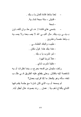 ‫ﺇﺤﻨﺎ ﺒﻨﺎﺨﺫ ﻓﺎﺌﺩﺓ ﻜﻤﺎﻥ ﻴﺎ ﺒـﻴﻙ .‬   ‫-‬
               ‫- ﻗﺩﻴﺵ ، ﺴﺘﺔ ﺴﺒﻌﺔ ﺜﻤﺎﻨـﻴﺔ.‬
                                    ‫- ﺘﺴﻌﺔ‬
‫ﺒﺘﺴﻤﻲ ﻫﺎﻱ ﻓﺎﺌﺩﺓ !. ﻫـﺎﻱ ﺤﻠـﻭﺍﻥ ﻟﻠﺘﻌـﺎﻭﻥ‬        ‫-‬
‫ﺒـﻴﻨـﻲ ﻭﺒـﻴﻨﻙ. ﻤﺎل ﺍﻟﻨﺒـﻲ ﺍﷲ ﻻ ﻴﺼـﺒﺤﻪ ﻭﻻ ﻴﻤﺴـﻴﻪ‬
                                ‫ﺒـﻴﺎﺨﺫ ﺨﻤﺴﺔ ﻭﻋﺸﺭﻴﻥ .‬
                ‫- ﻁﻴﺏ، ﻭﺍﻟﺒﻨﻙ ﺍﻟﻌﺜﻤﺎﻨـﻲ .‬
               ‫- ﻫﺎﺩﺍ ﺒﻨﻙ ﻫﺎﺩﺍ. ﻗﻭل ﺩﻜﺎﻥ .‬
                     ‫- ﺸﻭ ﺘﺸﺭﺏ ﻴﺎ ﺒـﻴﻙ .‬
                        ‫- ﻫﻸ ﺸﺭﺒﻨﺎ ﻗﻬﻭﺓ .‬
                      ‫- ﺨﻠﻴﻨﺎ ﻨﺸﺭﺏ ﺸﺎﻱ .‬
‫ﺭﺸﻑ ﺴﻠﻴﻤﺎﻥ ﻤﻥ ﻗﺩﺤﻪ ﺒﺤﺭﺝ، ﺒـﻴﻨﻤﺎ ﻨﻅﺭﺍﺕ ﺃﺒـﻴﻪ‬
‫ﺸﺎﺨﺼﺔ ﺇﻟﻴﻪ ﺒﺎﻓﺘﺘﺎﻥ. ﻭﺤﺘﻰ ﻴﻘﻁﻊ ﻋﻠﻴﻪ ﺍﻟﻁﺭﻴﻕ ﻓـﻲ ﻁﻠـﺏ‬
               ‫ﺸ ﹼﻪ، ﺴﺄﻟﻪ ﻭﻫﻭ ﻴﺘﻠﻤﻅ: ﻤﺎ ﺇﻟﻨﺎ ﻗﺭﺍﻴﺏ ﺒﻌﻤﺎﻥ؟‬
                                                      ‫ﻔ‬
‫ﻟﻡ ﻴﺴﻤﻌﻪ ﺃﺒـﻭﻩ ﺍﻟﺫﻱ ﻜﺎﻥ ﺸﺎﺭﺩﺍ ﻤﻊ ﺠﻠﺴﺔ ﻴﻘﺩﻡ ﻓﻴﻬﺎ‬
                  ‫ﹰ‬
‫ﺍﻟﺸﺎﻱ ﺒﺄﻗﺩﺍﺡ ﺫﻫﺒـﻴﺔ : ﻋﻤﺎﻥ... ﺭﺩﺩ ﺒﺼﻭﺕ ﻋﺎل ﺃﺠﻔل ﺃﺒﺎﻩ.‬
           ‫ٍ‬




                          ‫٢٧‬
 