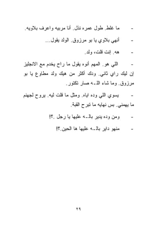‫ﻤﺎ ﻏﻠﻁ. ﻁﻭل ﻋﻤﺭﻩ ﻨﺫل. ﺃﻨﺎ ﻤﺭﺒﻴﻪ ﻭﺍﻋﺭﻑ ﺒﻼﻭﻴﻪ.‬          ‫-‬

          ‫ﺃﻨﻬﻲ ﺒﻼﻭﻱ ﻴﺎ ﺒﻭ ﻤﺭﺯﻭﻕ. ﺍﻟﻭﻟﺩ ﻴﻘﻭل...‬        ‫-‬

                               ‫ﻫﻪ. ﺇﻨﺕ ﻗﻠﺕ، ﻭﻟﺩ.‬      ‫-‬

‫ﺍﻟﻠﻲ ﻫﻭ. ﺍﻟﻤﻬﻡ ﺃﻨﻭﻩ ﻴﻘﻭل ﻤﺎ ﺭﺍﺡ ﻴﺨﺩﻡ ﻤﻊ ﺍﻻﻨﺠﻠﻴﺯ‬       ‫-‬
‫ﺇﻥ ﻟﻴﻙ ﺭﺍﻱ ﺜﺎﻨﻲ. ﻭ ‪‬ﻙ ﺃﻜﺜﺭ ﻤﻥ ﻫﻴﻙ ﻭﻟﺩ ﻤﻁﺎﻭﻉ ﻴﺎ ﺒﻭ‬
                             ‫ﺩ‬
                     ‫ﻤﺭﺯﻭﻕ. ﻭﻤﺎ ﺸﺎﺀ ﺍﻟﻠـﻪ ﺼﺎﺭ ﺘﻜﺘﻭﺭ.‬

‫ﻴﺴﻭﻱ ﺍﻟﻠﻲ ﻭﺩﻩ ﺍﻴﺎﻩ. ﻭﻤﺜل ﻤﺎ ﻗﻠﺕ ﻟﻴﻪ. ﻴﺭﻭﺡ ﻟﺠﻬﻨﻡ‬
                                   ‫‪‬‬                  ‫-‬
                       ‫ﻤﺎ ﻴﻬﻤﻨﻲ. ﺒﺱ ﻨﻬﺎﻴﻪ ﻤﺎ ﺘﺒﺭﺡ ﺍﻟﻘﺒﺔ.‬

            ‫ﻭﻤﻥ ﻭ ‪‬ﻩ ﻴﺩﻴﺭ ﺒﺎﻟـﻪ ﻋﻠﻴﻬﺎ ﻴﺎ ﺭﺠل .؟!‬
                                         ‫ﺩ‬            ‫-‬

                ‫ﻤﻨﻬﻭ ﺩﺍﻴﺭ ﺒﺎﻟـﻪ ﻋﻠﻴﻬﺎ ﻫﺎ ﺍﻟﺤﻴﻥ.؟!‬     ‫-‬




                          ‫٩٢‬
 