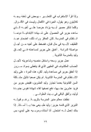 ‫ﻭﺇﺫﺍ ﻗﺭﺃ ﺍﻻﺴﺘﻐﺭﺍﺏ ﻓﻲ ﺍﻟﺘﻌﺎﺒـﻴﺭ ، ﻴﻭﻤﺽ ﻓﻲ ﺫﻫﻨﻪ ﻭﺠـﻪ‬
‫ﻜﻼﻴﺘﻭﻥ ﻭﻫﻭ ﻴﻘﻭل، ﺍﻟﻌﺒﺭﺓ ﻓﻲ ﺍﻷﻓﻌﺎل ﻭﻟﻴﺴﺕ ﻓﻲ ﺍﻷﻗـﻭﺍل.‬
‫ﻭﻜﻠﻤﺎ ﺘﺫﻜﺭ ﻤﺼﻴﺭ ﺃﺒـﻴﻪ ﻴﺯﺩﺍﺩ ﺤﺭﺼﺎ ﻋﻠـﻰ ﺃﺨﻴـﻪ ﺍﻟـﺫﻱ‬
                 ‫ﹰ‬
‫ﺴﺎﻋﺩﻩ ﺠﺭﻴﺭ ﻓﻲ ﺍﻟﺤﺼﻭل ﻋﻠﻰ ﺸـﻬﺎﺩﺓ ﺍﻻﺒﺘﺩﺍﺌﻴـﺔ ﺩﻭﻨﻤـﺎ‬
‫ﺍﻨـﺘﻅﺎﻡ ﻓﻲ ﺍﻟﻤﺩﺭﺴﺔ. ﻜﺎﻥ ﺍﻟﺤﺎﻓﺯ ﻭﺭﺍﺀ ﺫﻟﻙ، ﺍﻨﻀﻤﺎﻡ ﻋﺒـﺩ‬
‫ﺍﻟﻠﻁﻴﻑ ﻷﺒـﻴﻪ ﻓﻲ ﻤﺎل ﻗﺒﺎﻥ، ﻓﻀﻐﻁ ﻋﻠﻰ ﺃﺨﻴﻪ ﻤـﻥ ﺃﺠـل‬
‫ﻤﻭﺍﺼﻠﺔ ﺍﻟﺩﺭﺍﺴﺔ . ﺃﻏﺩﻕ ﻋﻠﻰ ﺠﺭﻴﺭ ﻟﻤﺴﺎﻋﺩﺘﻪ ﻓـﻲ ﺇﻟﺤـﺎﻕ‬
                                 ‫ﻭﻟﻴﺩ ﺒﺎﻟﻤﺩﺭﺴﺔ ﺍﻟﺜﺎﻨﻭﻴﺔ .‬
‫ﻋﻤل ﺠﺭﻴﺭ ﻭﺴﻌﻪ ﻭﺍﺴﺘﻐل ﻤﻨﺼﺒﻪ ﻭﺸﺎﻋﺭﻴﺘﻪ ﻷﺠـل‬
‫ﺍﻟﺤﺴﺎﺏ ﺍﻟﻤﻜﺸﻭﻑ ﻓﻲ ﺍﻟﻤﻘﻬﻰ ﺍﻟﺫﻱ ﻗﺩ ﻴﺘﻐﻁﻰ ﺒﺴﻭﺍﺩ ﺴـﺭﻭﺭ‬
‫ﺇﺫﺍ ﺃﺨﻔﻕ ﺠﺭﻴﺭ ﻓﻲ ﻤﺴﺎﻋﺩﺓ ﻭﻟﻴﺩ. ﻟﻜﻥ، ﻫﺫﻩ ﺍﻟﻤﺭﺓ ، ﻋﻠﻰ ﻭﻟﻴﺩ‬
‫ﺍﻻﻨـﺘﻅﺎﻡ ﻓﻲ ﺍﻟﻤﺩﺭﺴﺔ ﺍﻟﺜﺎﻨﻭﻴﺔ. ﻟﻡ ﻴﻜﻥ ﺼﻌﺒﺎ ﺘﺫﻟﻴل ﻤﺸـﻜﻠﺔ‬
             ‫ﹰ‬
‫ﺍﻟﺴﻥ ﺍﻟﻘﺎﻨﻭﻨﻴﺔ ﺒﻌﺩﻤﺎ ﺘﺠﺎﻭﺯ ﻭﻟﻴﺩ ﺍﻟﻌﺸﺭﻴﻥ، ﻓﻘﺒﺽ ﺠﺭﻴﺭ ﻤﻥ‬
‫ﻓﺭﻴﺩ ﻋﺸﺭﻴﻥ ﺠﻨـﻴﻬﹰ، ﺩﻓﻊ ﻨﺼﻔﻬﺎ ﻟﻘﺎﺀ ﺸﻬﺎﺩﺓ ﻨﻔﻭﺱ ﺠﺩﻴـﺩﺓ‬
                                  ‫ﺎ‬
                ‫ﻟﻭﻟﻴﺩ، ﻭﺃﻨﻔﻕ ﺍﻟﺒﺎﻗﻲ ﻓﻲ ﺒـﻴﺕ ﺍﻟﺤﻠﻭﺍﻨـﻲ .‬
‫ﻨﻁﻘﺕ ﻤﻌﺎﻟﻡ ﻤﺩﻴﺭ ﺍﻟﻤﺩﺭﺴﺔ ﺒﺎﻟﺭﻴﺒـﺔ. ﺭﻏـﻡ ﻗﺒﻭﻟـﻪ‬
‫ﺍﻟﺘﺒﺭﻴﺭ ﺍﻟﺫﻱ ﻗﺩﻤﻪ ﺠﺭﻴﺭ: ﻭﻟﻴﺩ ﻁﺒـﻴﻌﻲ ﺠﺩﺍ ﻴـﺎ ﺃﺴـﺘﺎﺫ. ﺇﺫﺍ‬
                ‫ﹰ‬
‫ﺒﺩﻙ ﺇﻋﻤل ﻟـﻪ ﺍﻤﺘﺤﺎﻥ. ﺃﻨﺎ ﺃﺴﺘﺎﺫﻩ ﻭﻤﺭﺒـﻴﻪ ﻋﻠﻰ ﺃﻴﺩﻱ، ﺒﺱ‬


                          ‫٩٧‬
 