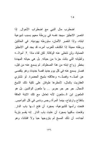 ‫٥١‬


‫ﺍﻀﻁﺭﺏ ﻤﺎل ﺍﻟﻨﺒﻲ ﻤﻊ ﺍﻀﻁﺭﺍﺏ ﺍﻷﺤﻭﺍل. ﺇﺫﺍ‬
‫ﺍﻨﺘﺼﺭ ﺍﻻﻨﺠﻠﻴﺯ ﺴﻴﺠﺩ ﻨﻔﺴﻪ ﻓﻲ ﻭﺭﻁﺔ ﻤﻌﻬﻡ ﺒﺴﺒﺏ ﺸﻴﻭﻋﻴﺔ‬
‫ﺍﺒﻨﺘﻪ، ﻭﺇﺫﺍ ﺍﻨﺘﺼﺭ ﺍﻷﻟﻤﺎﻥ، ﺴﺘﻭﺭﻁﻪ ﻴﻬﻭﺩﻴﺘﻪ. ﻓﻲ ﺍﻟﺤﺎﻟﺘﻴﻥ‬
‫ﻭﺭﻁﺘﻪ ﻤﻤﻴﺘﺔ ﺇﺫﺍ ﺍﻨﻜﺸﻑ ﻟﻠﻌﺭﺏ ﺃﻤﺭﻩ، ﻗﺩ ﻴﺠﺩ ﻓﻲ ﺍﻻﻨﺠﻠﻴﺯ‬
‫ﺍﻟﺤﻤﺎﻴﺔ، ﻭﻟﻥ ﺘﺘﺨﻠﻰ ﻋﻨﻪ ﺍﻟﻭﻜﺎﻟﺔ. ﻟﻜﻥ ﻟﻘﺎﺀ ﻤﺎﺫﺍ .؟. ﺃﻤﻭﺍﻟـﻪ‬
‫ﻭﺃﻁﻴﺎﻨﻪ ﺍﻟﺘﻲ ﺒﺎﺘﺕ ﺠﺯﺀﺍ ﻤﻥ ﺤﻴﺎﺘﻪ. ﺒل ﻫﻲ ﺤﻴﺎﺘﻪ ﺍﻟﻤﻬﺩﺩﺓ‬
                              ‫ﹰ‬
‫ﺒﺨﻁﺭ ﺯﻭﺍﺝ ﺍﺒﻨﺘﻪ ﻤﻥ ﻫﺫﺍ ﺍﻟﺼﻌﻠﻭﻙ. ﻟﻡ ﻴﺴﻤﻊ ﻋﻨﻪ ﻤﻥ ﻗﺒل،‬
‫ﻓﺼﺎﺭ ﻴﺴﻤﻊ ﻋﻨﻪ ﻓﻲ ﻜل ﻴﻭﻡ ﺠﺩﻴﺩ ﻗﺼﺔ ﺠﺩﻴﺩﺓ، ﻭﻫﻭ ﻴﺘﻘﺼﻰ‬
‫ﻋﻥ ﺃﺼﻠـﻪ ﻭﻓﺼﻠـﻪ ﻭﻋﻼﻗﺘﻪ ﺒﺸﻴﺦ ﺍﻟﺤﻀﺭﺓ. ﻟﻭ ﺘﺸﺘﺭﻱ‬
‫ﺍﻟﻌﻔﺎﺭﻴﺕ ﺒﺎﻟﻤﺎل، ﻷﻤﻁﺭﻫﺎ ﻁﻭﻓﺎﻥ ﻋﻠﻰ ﺘﻜﻴﺔ ﺫﻟﻙ ﺍﻟﺸﻴﺦ‬
‫ﺍﻟﺩ ‪‬ﺎل. ﺠﺭ ﺠﺭ ﺠﺭ ﺠﺭﻴﺭ … ﻴﺎ ﻤﻠﻌﻭﻥ ﺍﻟﻭﺍﻟﺩﻴﻥ. ﺒل ﻫﻭ‬
                                            ‫ﺠ‬
‫ﺍﻟﻤﻠﻌﻭﻥ ﺍﺒﻥ ﺍﻟـﻤﻠﻌﻭﻥ ﻷﻨﻪ ﺘﻌﺎﻤل ﻤﻊ ﺘﻠﻙ ﺍﻻﺒﻨﺔ ﺍﻟﻌﺎﻗﺔ‬
‫ﺒﺎﻨﻔﺘﺎﺡ ﻭﺍﺭﺘﻴﺎﺡ، ﺒﻴﻨﻤﺎ ﺍﻟﻤﺭﺃﺓ ﺭﺠﺱ ﻭﺩﻨﺱ ﻓﻲ ﻜل ﺍﻟﻨﻭﺍﻤﻴﺱ.‬
‫ﻓﺘﺤﺕ ﺭﺃﺴﻬﺎ ﻟﻠﺸﻴﻭﻋﻴﺔ، ﺒﻤﺠﺭﺩ ﺃﻥ ﻓﺘﺢ ﻟـﻬﺎ ﺒﺎﺏ ﺍﻟﺩﺍﺭ.‬
‫ﻭﻓﺘﺤﺕ ﺴﺎﻗﻴﻬﺎ ﺒﻤﺠﺭﺩ ﺃﻥ ﻋ ﹼﺒﺕ ﺒﺎﺏ ﺍﻟﺩﺍﺭ. ﺇﻨﻪ ﻴﻘﺴﻡ ﺒﺘﺭﺒﺔ‬
                            ‫ﺘ‬
‫ﺃﺠﺩﺍﺩﻩ، ﺃﻥ ﺫﻟﻙ ﺍﻟﻤﺴﺦ ﻟﻡ ﻴﺘﺯﻭﺠﻬﺎ ﺤﺒﺎ ﻭﻻ ﺍﻓﺘﺘﺎﻨﹰ، ﻭﻫﻭ‬
     ‫ﺎ‬          ‫ﹰ‬


                          ‫٦٣١‬
 