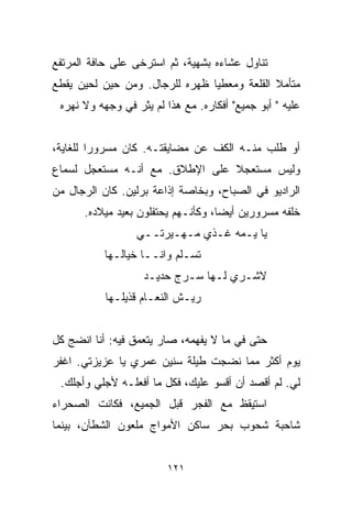 ‫ﺘﻨﺎﻭل ﻋﺸﺎﺀﻩ ﺒﺸﻬﻴﺔ، ﺜﻡ ﺍﺴﺘﺭﺨﻰ ﻋﻠﻰ ﺤﺎﻓﺔ ﺍﻟﻤﺭﺘﻔﻊ‬
‫ﻤﺘﺄﻤﻼ ﺍﻟﻘﻠﻌﺔ ﻭﻤﻌﻁﻴﺎ ﻅﻬﺭﻩ ﻟﻠﺭﺠﺎل. ﻭﻤﻥ ﺤﻴﻥ ﻟﺤﻴﻥ ﻴﻘﻁﻊ‬
                               ‫ﹰ‬             ‫ﹰ‬
 ‫ﻋﻠﻴﻪ " ﺃﺒﻭ ﺠﻤﻴﻊ" ﺃﻓﻜﺎﺭﻩ. ﻤﻊ ﻫﺫﺍ ﻟﻡ ﻴﺜﺭ ﻓﻲ ﻭﺠﻬﻪ ﻭﻻ ﻨﻬﺭﻩ‬


‫ﺃﻭ ﻁﻠﺏ ﻤﻨـﻪ ﺍﻟﻜﻑ ﻋﻥ ﻤﻀﺎﻴﻘﺘـﻪ. ﻜﺎﻥ ﻤﺴﺭﻭﺭﺍ ﻟﻠﻐﺎﻴﺔ،‬
        ‫ﹰ‬
‫ﻭﻟﻴﺱ ﻤﺴﺘﻌﺠﻼ ﻋﻠﻰ ﺍﻹﻁﻼﻕ. ﻤﻊ ﺃﻨـﻪ ﻤﺴﺘﻌﺠل ﻟﺴﻤﺎﻉ‬
                                ‫ﹰ‬
‫ﺍﻟﺭﺍﺩﻴﻭ ﻓﻲ ﺍﻟﺼﺒﺎﺡ، ﻭﺒﺨﺎﺼﺔ ﺇﺫﺍﻋﺔ ﺒﺭﻟﻴﻥ. ﻜﺎﻥ ﺍﻟﺭﺠﺎل ﻤﻥ‬
      ‫ﺨﻠﻔﻪ ﻤﺴﺭﻭﺭﻴﻥ ﺃﻴﻀﹰ، ﻭﻜﺄﻨـﻬﻡ ﻴﺤﺘﻔﻠﻭﻥ ﺒﻌﻴﺩ ﻤﻴﻼﺩﻩ.‬
                                   ‫ﺎ‬
                  ‫ﻴﺎ ﻴـﻤﻪ ﻏـﺫﻱ ﻤـﻬـﻴﺭﺘــﻲ‬
           ‫ﺘﺴـﻠﻡ ﻭﺍﻨــﺎ ﺨﻴﺎﻟـﻬﺎ‬
                   ‫ﻻﺸـﺭﻱ ﻟـﻬﺎ ﺴـﺭﺝ ﺤﺩﻴـﺩ‬
           ‫ﺭﻴـﺵ ﺍﻟﻨﻌـﺎﻡ ﻗﺫﻴﻠـﻬﺎ‬


‫ﺤﺘﻰ ﻓﻲ ﻤﺎ ﻻ ﻴﻔﻬﻤﻪ، ﺼﺎﺭ ﻴﺘﻌﻤﻕ ﻓﻴﻪ: ﺃﻨﺎ ﺍﻨﻀﺞ ﻜل‬
‫ﻴﻭﻡ ﺃﻜﺜﺭ ﻤﻤﺎ ﻨﻀﺠﺕ ﻁﻴﻠﺔ ﺴﻨﻴﻥ ﻋﻤﺭﻱ ﻴﺎ ﻋﺯﻴﺯﺘﻲ. ﺍﻏﻔﺭ‬
 ‫ﻟﻲ. ﻟﻡ ﺃﻗﺼﺩ ﺃﻥ ﺃﻗﺴﻭ ﻋﻠﻴﻙ، ﻓﻜل ﻤﺎ ﺃﻓﻌﻠـﻪ ﻷﺠﻠﻲ ﻭﺃﺠﻠﻙ.‬
‫ﺍﺴﺘﻴﻘﻅ ﻤﻊ ﺍﻟﻔﺠﺭ ﻗﺒل ﺍﻟﺠﻤﻴﻊ، ﻓﻜﺎﻨﺕ ﺍﻟﺼﺤﺭﺍﺀ‬
‫ﺸﺎﺤﺒﺔ ﺸﺤﻭﺏ ﺒﺤﺭ ﺴﺎﻜﻥ ﺍﻷﻤﻭﺍﺝ ﻤﻠﻌﻭﻥ ﺍﻟﺸﻁﺂﻥ، ﺒﻴﻨﻤﺎ‬


                         ‫١٢١‬
 