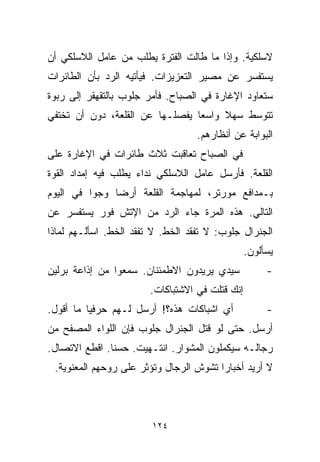 ‫ﻻﺴﻠﻜﻴﺔ. ﻭﺇﺫﺍ ﻤﺎ ﻁﺎﻟﺕ ﺍﻟﻔﺘﺭﺓ ﻴﻁﻠﺏ ﻤﻥ ﻋﺎﻤل ﺍﻟﻼﺴﻠﻜﻲ ﺃﻥ‬
‫ﻴﺴﺘﻔﺴﺭ ﻋﻥ ﻤﺼﻴﺭ ﺍﻟﺘﻌﺯﻴﺯﺍﺕ. ﻓﻴﺄﺘﻴﻪ ﺍﻟﺭﺩ ﺒﺄﻥ ﺍﻟﻁﺎﺌﺭﺍﺕ‬
‫ﺴﺘﻌﺎﻭﺩ ﺍﻹﻏﺎﺭﺓ ﻓﻲ ﺍﻟﺼﺒﺎﺡ. ﻓﺄﻤﺭ ﺠﻠﻭﺏ ﺒﺎﻟﺘﻘﻬﻘﺭ ﺇﻟﻰ ﺭﺒﻭﺓ‬
‫ﺘﺘﻭﺴﻁ ﺴﻬﻼ ﻭﺍﺴﻌﺎ ﻴﻔﺼﻠـﻬﺎ ﻋﻥ ﺍﻟﻘﻠﻌﺔ، ﺩﻭﻥ ﺃﻥ ﺘﺨﺘﻔﻲ‬
                                ‫ﹰ‬     ‫ﹰ‬
                                   ‫ﺍﻟﺒﻭﺍﺒﺔ ﻋﻥ ﺃﻨﻅﺎﺭﻫﻡ.‬
‫ﻓﻲ ﺍﻟﺼﺒﺎﺡ ﺘﻌﺎﻗﺒﺕ ﺜﻼﺙ ﻁﺎﺌﺭﺍﺕ ﻓﻲ ﺍﻹﻏﺎﺭﺓ ﻋﻠﻰ‬
‫ﺍﻟﻘﻠﻌﺔ. ﻓﺄﺭﺴل ﻋﺎﻤل ﺍﻟﻼﺴﻠﻜﻲ ﻨﺩﺍﺀ ﻴﻁﻠﺏ ﻓﻴﻪ ﺇﻤﺩﺍﺩ ﺍﻟﻘﻭﺓ‬
‫ﺒـﻤﺩﺍﻓﻊ ﻤﻭﺭﺘﺭ، ﻟﻤﻬﺎﺠﻤﺔ ﺍﻟﻘﻠﻌﺔ ﺃﺭﻀﺎ ﻭﺠﻭﺍ ﻓﻲ ﺍﻟﻴﻭﻡ‬
              ‫ﹰ‬
‫ﺍﻟﺘﺎﻟﻲ. ﻫﺫﻩ ﺍﻟﻤﺭﺓ ﺠﺎﺀ ﺍﻟﺭﺩ ﻤﻥ ﺍﻹﺘﺵ ﻓﻭﺭ ﻴﺴﺘﻔﺴﺭ ﻋﻥ‬
‫ﺍﻟﺠﻨﺭﺍل ﺠﻠﻭﺏ: ﻻ ﺘﻔﻘﺩ ﺍﻟﺨﻁ. ﻻ ﺘﻔﻘﺩ ﺍﻟﺨﻁ. ﺍﺴﺄﻟـﻬﻡ ﻟﻤﺎﺫﺍ‬
                                                 ‫ﻴﺴﺄﻟﻭﻥ.‬
‫ﺴﻴﺩﻱ ﻴﺭﻴﺩﻭﻥ ﺍﻻﻁﻤﺌﻨﺎﻥ. ﺴﻤﻌﻭﺍ ﻤﻥ ﺇﺫﺍﻋﺔ ﺒﺭﻟﻴﻥ‬            ‫-‬
                        ‫ﺇﻨﻙ ﻗﺘﻠﺕ ﻓﻲ ﺍﻻﺸﺘﺒﺎﻜﺎﺕ.‬
‫ﺃﻱ ﺍﺸﺒﺎﻜﺎﺕ ﻫﺫﻩ؟! ﺃﺭﺴل ﻟـﻬﻡ ﺤﺭﻓﻴﺎ ﻤﺎ ﺃﻗﻭل.‬             ‫-‬
‫ﺃﺭﺴل. ﺤﺘﻰ ﻟﻭ ﻗﺘل ﺍﻟﺠﻨﺭﺍل ﺠﻠﻭﺏ ﻓﺈﻥ ﺍﻟﻠﻭﺍﺀ ﺍﻟﻤﺼﻔﺢ ﻤﻥ‬
‫ﺭﺠﺎﻟـﻪ ﺴﻴﻜﻤﻠﻭﻥ ﺍﻟﻤﺸﻭﺍﺭ. ﺍﻨﺘـﻬﻴﺕ. ﺤﺴﻨﺎ. ﺍﻗﻁﻊ ﺍﻻﺘﺼﺎل.‬
              ‫ﹰ‬
 ‫ﻻ ﺃﺭﻴﺩ ﺃﺨﺒﺎﺭﺍ ﺘﺸﻭﺵ ﺍﻟﺭﺠﺎل ﻭﺘﺅﺜﺭ ﻋﻠﻰ ﺭﻭﺤﻬﻡ ﺍﻟﻤﻌﻨﻭﻴﺔ.‬
                                       ‫ﹰ‬



                        ‫٤٢١‬
 