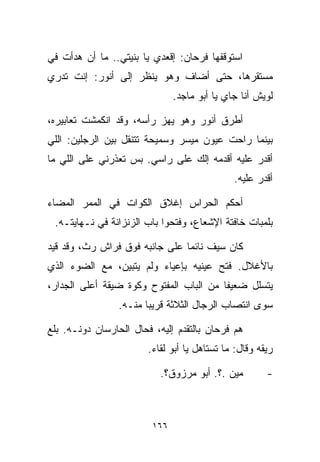 ‫ﺍﺴﺘﻭﻗﻔﻬﺎ ﻓﺭﺤﺎﻥ: ﺇﻗﻌﺩﻱ ﻴﺎ ﺒﻨﻴﺘﻲ.. ﻤﺎ ﺃﻥ ﻫﺩﺃﺕ ﻓﻲ‬
‫ﻤﺴﺘﻘﺭﻫﺎ، ﺤﺘﻰ ﺃﻀﺎﻑ ﻭﻫﻭ ﻴﻨﻅﺭ ﺇﻟﻰ ﺃﻨﻭﺭ: ﺇﻨﺕ ﺘﺩﺭﻱ‬
                               ‫ﻟﻭﻴﺵ ﺃﻨﺎ ﺠﺎﻱ ﻴﺎ ﺃﺒﻭ ﻤﺎﺠﺩ.‬

‫ﺃﻁﺭﻕ ﺃﻨﻭﺭ ﻭﻫﻭ ﻴﻬﺯ ﺭﺃﺴﻪ، ﻭﻗﺩ ﺍﻨﻜﻤﺸﺕ ﺘﻌﺎﺒﻴﺭﻩ،‬
‫ﺒﻴﻨﻤﺎ ﺭﺍﺤﺕ ﻋﻴﻭﻥ ﻤﻴﺴﺭ ﻭﺴﻤﻴﺤﺔ ﺘﺘﻨﻘل ﺒﻴﻥ ﺍﻟﺭﺠﻠﻴﻥ: ﺍﻟﻠﻲ‬
‫ﺃﻗﺩﺭ ﻋﻠﻴﻪ ﺃﻗﺩﻤﻪ ﺇﻟﻙ ﻋﻠﻰ ﺭﺍﺴﻲ. ﺒﺱ ﺘﻌﺫﺭﻨﻲ ﻋﻠﻰ ﺍﻟﻠﻲ ﻤﺎ‬
                                              ‫ﺃﻗﺩﺭ ﻋﻠﻴﻪ.‬

‫ﺃﺤﻜﻡ ﺍﻟﺤﺭﺍﺱ ﺇﻏﻼﻕ ﺍﻟﻜﻭﺍﺕ ﻓﻲ ﺍﻟﻤﻤﺭ ﺍﻟﻤﻀﺎﺀ‬
 ‫ﺒﻠﻤﺒﺎﺕ ﺨﺎﻓﺘﺔ ﺍﻹﺸﻌﺎﻉ، ﻭﻓﺘﺤﻭﺍ ﺒﺎﺏ ﺍﻟﺯﻨﺯﺍﻨﺔ ﻓﻲ ﻨـﻬﺎﻴﺘـﻪ.‬

‫ﻜﺎﻥ ﺴﻴﻑ ﻨﺎﺌﻤﺎ ﻋﻠﻰ ﺠﺎﻨﺒﻪ ﻓﻭﻕ ﻓﺭﺍﺵ ﺭﺙ، ﻭﻗﺩ ﻗﻴﺩ‬
                               ‫ﹰ‬
‫ﺒﺎﻷﻏﻼل. ﻓﺘﺢ ﻋﻴﻨﻴﻪ ﺒﺈﻋﻴﺎﺀ ﻭﻟﻡ ﻴﺘﺒﻴﻥ، ﻤﻊ ﺍﻟﻀﻭﺀ ﺍﻟﺫﻱ‬
‫ﻴﺘﺴﻠل ﻀﻌﻴﻔﺎ ﻤﻥ ﺍﻟﺒﺎﺏ ﺍﻟﻤﻔﺘﻭﺡ ﻭﻜﻭﺓ ﻀﻴﻘﺔ ﺃﻋﻠﻰ ﺍﻟﺠﺩﺍﺭ،‬
                                        ‫ﹰ‬
                 ‫ﺴﻭﻯ ﺍﻨﺘﺼﺎﺏ ﺍﻟﺭﺠﺎل ﺍﻟﺜﻼﺜﺔ ﻗﺭﻴﺒﺎ ﻤﻨـﻪ.‬
                       ‫ﹰ‬

‫ﻫﻡ ﻓﺭﺤﺎﻥ ﺒﺎﻟﺘﻘﺩﻡ ﺇﻟﻴﻪ، ﻓﺤﺎل ﺍﻟﺤﺎﺭﺴﺎﻥ ﺩﻭﻨـﻪ. ﺒﻠﻊ‬
                        ‫ﺭﻴﻘﻪ ﻭﻗﺎل: ﻤﺎ ﺘﺴﺘﺎﻫل ﻴﺎ ﺃﺒﻭ ﻟﻘﺎﺀ.‬

                           ‫ﻤﻴﻥ .؟. ﺃﺒﻭ ﻤﺭﺯﻭﻕ؟.‬         ‫-‬



                         ‫٦٦١‬
 