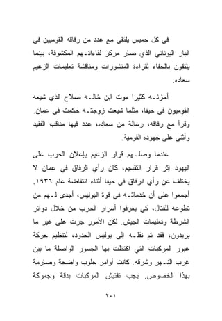 ‫ﻓﻲ ﻜل ﺨﻤﻴﺱ ﻴﻠﺘﻘﻲ ﻤﻊ ﻋﺩﺩ ﻤﻥ ﺭﻓﺎﻗﻪ ﺍﻟﻘﻭﻤﻴﻴﻥ ﻓﻲ‬
‫ﺍﻟﺒﺎﺭ ﺍﻟﻴﻭﻨﺎﻨﻲ ﺍﻟﺫﻱ ﺼﺎﺭ ﻤﺭﻜﺯ ﻟﻘﺎﺀﺍﺘـﻬﻡ ﺍﻟﻤﻜﺸﻭﻓﺔ، ﺒﻴﻨﻤﺎ‬
‫ﻴﻠﺘﻘﻭﻥ ﺒﺎﻟﺨﻔﺎﺀ ﻟﻘﺭﺍﺀﺓ ﺍﻟﻤﻨﺸﻭﺭﺍﺕ ﻭﻤﻨﺎﻗﺸﺔ ﺘﻌﻠﻴﻤﺎﺕ ﺍﻟﺯﻋﻴﻡ‬
                                                 ‫ﺴﻌﺎﺩﻩ.‬

‫ﺃﺤﺯﻨـﻪ ﻜﺜﻴﺭﺍ ﻤﻭﺕ ﺍﺒﻥ ﺨﺎﻟـﻪ ﺼﻼﺡ ﺍﻟﺫﻱ ﺸﻴﻌﻪ‬
                            ‫ﹰ‬
‫ﺍﻟﻘﻭﻤﻴﻭﻥ ﻓﻲ ﺤﻴﻔﺎ، ﻤﺜﻠﻤﺎ ﺸﻴﻌﺕ ﺯﻭﺠﺘـﻪ ﺤﻜﻤﺕ ﻓﻲ ﻋﻤﺎﻥ.‬
‫ﻭﻗﺭﺃ ﻤﻊ ﺭﻓﺎﻗﻪ، ﺭﺴﺎﻟﺔ ﻤﻥ ﺴﻌﺎﺩﻩ، ﻋﺩﺩ ﻓﻴﻬﺎ ﻤﻨﺎﻗﺏ ﺍﻟﻔﻘﻴﺩ‬
                               ‫ﻭﺃﺜﻨﻰ ﻋﻠﻰ ﺠﻬﻭﺩﻩ ﺍﻟﻘﻭﻤﻴﺔ.‬

‫ﻋﻨﺩﻤﺎ ﻭﺼﻠـﻬﻡ ﻗﺭﺍﺭ ﺍﻟﺯﻋﻴﻡ ﺒﺈﻋﻼﻥ ﺍﻟﺤﺭﺏ ﻋﻠﻰ‬
‫ﺍﻟﻴﻬﻭﺩ ﺇﺜﺭ ﻗﺭﺍﺭ ﺍﻟﺘﻘﺴﻴﻡ، ﻜﺎﻥ ﺭﺃﻱ ﺍﻟﺭﻓﺎﻕ ﻓﻲ ﻋﻤﺎﻥ ﻻ‬
‫ﻴﺨﺘﻠﻑ ﻋﻥ ﺭﺃﻱ ﺍﻟﺭﻓﺎﻕ ﻓﻲ ﺤﻴﻔﺎ ﺃﺜﻨﺎﺀ ﺍﻨﺘﻔﺎﻀﺔ ﻋﺎﻡ ٦٣٩١.‬
‫ﺃﺠﻤﻌﻭﺍ ﻋﻠﻰ ﺃﻥ ﺨﺩﻤﺎﺘـﻪ ﻓﻲ ﻗﻭﺓ ﺍﻟﺒﻭﻟﻴﺱ، ﺃﺠﺩﻯ ﻟـﻬﻡ ﻤﻥ‬
‫ﺘﻁﻭﻋﻪ ﻟﻠﻘﺘﺎل، ﻜﻲ ﻴﻌﺭﻓﻭﺍ ﺃﺴﺭﺍﺭ ﺍﻟﺤﺭﺏ ﻤﻥ ﺨﻼل ﺩﻭﺍﺌﺭ‬
‫ﺍﻟﺸﺭﻁﺔ ﻭﺘﻌﻠﻴﻤﺎﺕ ﺍﻟﺠﻴﺵ. ﻟﻜﻥ ﺍﻷﻤﻭﺭ ﺠﺭﺕ ﻋﻠﻰ ﻏﻴﺭ ﻤﺎ‬
‫ﻴﺭﻴﺩﻭﻥ، ﻓﻘﺩ ﺘﻡ ﻨﻘﻠـﻪ ﺇﻟﻰ ﺒﻭﻟﻴﺱ ﺍﻟﺤﺩﻭﺩ، ﻟﺘﻨﻅﻴﻡ ﺤﺭﻜﺔ‬
‫ﻋﺒﻭﺭ ﺍﻟﻤﺭﻜﺒﺎﺕ ﺍﻟﺘﻲ ﺍﻜﺘﻅﺕ ﺒﻬﺎ ﺍﻟﺠﺴﻭﺭ ﺍﻟﻭﺍﺼﻠﺔ ﻤﺎ ﺒﻴﻥ‬
‫ﻏﺭﺏ ﺍﻟﻨـﻬﺭ ﻭﺸﺭﻗﻪ. ﻜﺎﻨﺕ ﺃﻭﺍﻤﺭ ﺠﻠﻭﺏ ﻭﺍﻀﺤﺔ ﻭﺼﺎﺭﻤﺔ‬
‫ﺒﻬﺫﺍ ﺍﻟﺨﺼﻭﺹ. ﻴﺠﺏ ﺘﻔﺘﻴﺵ ﺍﻟﻤﺭﻜﺒﺎﺕ ﺒﺩﻗﺔ ﻭﺠﻤﺭﻜﺔ‬

                         ‫١٠٢‬
 