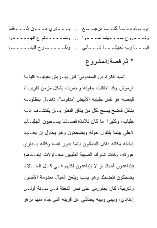 ‫ـﻊ .. ﺒـــﺩﺭﻱ ﻤـــﻥ ﺸـــﻐﻠﻨﺎ‬
    ‫ـ‬     ‫ـ‬       ‫ـ‬        ‫ـﺎ ﻨﺭﺠــ‬
                                  ‫ـﺎ ﻜﻨــ‬
                                        ‫ـﺎﻡ ﻤــ‬
                                              ‫ﺃﻴــ‬
‫ﻭﻨــ ـﺭﻭﺡ ﺴــ ـﻴﻨﻤﺎ ﺴــ ـﻭﺍ .. ﻭﻨﺴـــــﻠﻡ ﻉ ﺍﻟﻬـــــﻭﺍ‬
                             ‫ـ‬         ‫ـ‬        ‫ـ‬
‫ـﺎ‬‫ـ ‪‬ﺡ ﻗﻠﺒﻨـــــ‬
             ‫ﻓﻴـــﺎ ﺭﺏ ﺘﺠﻴﻠﻨـــﺎ ﺘـــﺎﻨﻲ .. ﻭﺘﻔـــــ ﺭ‬

                                    ‫* ﺜﻡ ﻗﺼﺔ:ﺍﻟﻤﺸﺭﻭﻉ‬

     ‫"ﺴﻴﺩ ﺍﻟﻜﺭﺍﻡ ﺒﻥ ﺍﻟﺴﻌﺩﻭﻨﻲ" ﻜﺎﻥ ﻴﺒـﺭﺒﺵ ﺒﻌﻴﻨﻴـﻪ ﻗﻠﻴﻠـﺔ‬
     ‫ﺍﻟﺭﻤﻭﺵ ﻭﻗﺩ ﺍﺤﺘﻘﻨﺕ ﺠﻔﻭﻨﻪ ﻭﺍﺤﻤﺭﺕ ﺒﺸﻜل ﻤﺯﻤﻥ ﺘﻘﺭﻴ ‪‬ـﺎ،‬
        ‫ﺒ‬
     ‫ﻗﻴﻤﺼﻪ ﻫﻭ ﻨﻔﺱ ﺠﻠﺒﺎﺒﻪ ﺍﻷﺒﻴﺽ "ﻤﺩﻓﻭ ‪‬ﺎ"، ﺩﺍﺨـل ﺒﻨﻁﻠﻭﻨـﻪ‬
                       ‫ﺴ‬
     ‫ﺒﺸﻜل ﻓﺎﻀﺢ ﻴﺴﻤﺢ ﻟﻜل ﻤﻥ ﻴﺩﻗﻕ ﺍﻟﻨﻅﺭ ﺒـﺄﻥ ﻴﻜﺘﺸـﻑ ﺃﻨـﻪ‬
     ‫ﺠﻠﺒﺎﺏ، ﻭﻜﺜﻴ ‪‬ﺍ ﻤﺎ ﻜﺎﻥ ﺘﻼﻤﺫﺓ ﻓﺼـﻠﻨﺎ ﻴﺴـﺤﺒﻭﻥ ﺍﻟﺠﻠﺒـﺎﺏ‬
                                           ‫ﺭ‬
     ‫ﻷﻋﻠﻰ ﺒﻴﻨﻤﺎ ﻴﻠﺘﻔﻭﻥ ﺤﻭﻟﻪ ﻭﻴﻀﺤﻜﻭﻥ ﻭﻫﻭ ﻴﺤﺎﻭل ﺃﻥ ﻴﻌـﺎﻭﺩ‬
     ‫ﺇﺩﺨﺎﻟﻪ ﻤﻜﺎﻨﻪ ﺩﺍﺨل ﺍﻟﺒﻨﻁﻠﻭﻥ ﺒﻴﻨﻤﺎ ﻴﺩﻭﺭ ﻨﻔﺴﻪ ﻭﻜﺄﻨﻪ ﻴـﺩﺍﺭﻱ‬
     ‫ﻋﻭﺭﺘﻪ، ﻭﻜﻨﺕ ﺃﺸﺎﺭﻙ ﺍﻟﺼﺒﻴﺔ ﺍﻟﻁﻴﺒﻴﻥ ﻤﺤـﺎﻭﻻﺕ ﺇﺒﻌـﺎﺩﻫﻡ؛‬
     ‫ﻓﻴﺘﺒﺎﻋﺩﻭﻥ ﺃﺤﻴﺎ ﹰﺎ ﺃﻭ ﻻ ﻴﺘﺒﺎﻋﺩﻭﻥ ﻟﻜﻨﻬﻡ ﻓـﻲ ﻜـل ﺍﻟﺤـﺎﻻﺕ‬
                                          ‫ﻨ‬
     ‫ﻴﻀﺤﻜﻭﻥ ﻓﻨﻀﺤﻙ ﻭﻫﻭ ﻴﺴﺏ ﻭﻴﻠﻌﻥ ﺍﻟﻌﻴﺎل ﻤﻌﺩﻭﻤﺔ ﺍﻷﺼﻭل‬
     ‫ﻭﺍﻟﺘﺭﺒﻴﺔ، ﻜﺎﻥ ﻴﺠﺎﻭﺭﻨﻲ ﻋﻠﻰ ﻨﻔﺱ ﺍﻟﺘﺨﺘﺔ ﻓـﻲ ﺴـﻨﺔ ﺃﻭﻟـﻰ‬
     ‫ﺇﻋﺩﺍﺩﻱ، ﻭﺒﻴﻨﻲ ﻭﺒﻴﻨﻪ ﻴﺤﺩﺜﻨﻲ ﻋﻥ ﻗﺭﻴﺘﻪ ﺍﻟﺘﻲ ﺠﺎﺀ ﻤﻨﻬﺎ ﺒﺯﻫﻭ‬
 