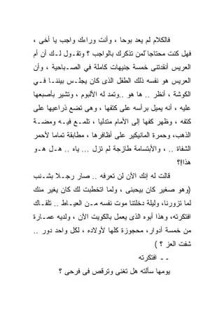 ‫ﻓﺎﻟﻜﻼﻡ ﻟﻡ ﻴﻌﺩ ﺒﻭﺤﺎ ، ﻭﺃﻨﺕ ﻭﺭﺍﺀﻙ ﻭﺍﺠﺏ ﻴﺎ ﺃﺨﻰ ،‬
                           ‫ﹰ‬
‫ﻓﻬل ﻜﻨﺕ ﻤﺤﺘﺎﺠﺎ ًﻟﻤﻥ ﺘﺫﻜﺭﻙ ﺒﺎﻟﻭﺍﺠﺏ ؟ ﻭﺘﻘـﻭل ﻟـﻙ ﺃﻥ ﺃﻡ‬
‫ﺍﻟﻌﺭﻴﺱ ﺃﻨﻘﺩﺘﻨﻰ ﺨﻤﺴﺔ ﺠﻨﻴﻬﺎﺕ ﻜﺎﻤﻠﺔ ﻓﻲ ﺍﻟﺼـﺒﺎﺤﻴﺔ ، ﻭﺃﻥ‬
‫ﺍﻟﻌﺭﻴﺱ ﻫﻭ ﻨﻔﺴﻪ ﺫﻟﻙ ﺍﻟﻁﻔل ﺍﻟﺫﻯ ﻜﺎﻥ ﻴﺠﻠـﺱ ﺒﻴﻨﻨـﺎ ﻓـﻲ‬
‫ﺍﻟﻜﻭﺸﺔ ، ﺃﻨﻅﺭ .. ﻫﺎ ﻫﻭ ..ﻭﺘﻤﺩ ﻟﻪ ﺍﻷﻟﺒﻭﻡ ، ﻭﺘﺸﻴﺭ ﺒﺄﺼﺒﻌﻬﺎ‬
‫ﻋﻠﻴﻪ ، ﺃﻨﻪ ﻴﻤﻴل ﺒﺭﺃﺴﻪ ﻋﻠﻰ ﻜﺘﻔﻬﺎ ، ﻭﻫﻰ ﺘﻀﻊ ﺫﺭﺍﻋﻴﻬﺎ ﻋﻠﻰ‬
‫ﻜﺘﻔﻪ ، ﻭﻅﻬﺭ ﻜﻔﻬﺎ ﺇﻟﻰ ﺍﻷﻤﺎﻡ ﻤﺘﺩﻟﻴﺎ ، ﺘﻠﻤـﻊ ﻓﻴـﻪ ﻭﻤﻀـﺔ‬
                   ‫ﹰ‬
‫ﺍﻟﺫﻫﺏ، ﻭﺤﻤﺭﺓ ﺍﻟﻤﺎﻨﻴﻜﻴﺭ ﻋﻠﻰ ﺃﻅﺎﻓﺭﻫﺎ ، ﻤﻁﺎﺒﻘﺔ ﺘﻤﺎﻤﺎ ﻷﺤﻤﺭ‬
     ‫ﹰ‬
‫ﺍﻟﺸﻔﺎﺓ .. ، ﻭﺍﻷﺒﺘﺴﺎﻤﺔ ﻁﺎﺯﺠﺔ ﻟﻡ ﺘﺯل ... ﻴﺎﻩ .. ﻫـل ﻫـﻭ‬
                                                  ‫ﻫﺫﺍ!؟‬
‫ﻗﺎﻟﺕ ﻟﻪ ﺇﻨﻙ ﺍﻵﻥ ﻟﻥ ﺘﻌﺭﻓﻪ .. ﺼﺎﺭ ﺭﺠـﻼ ﺒﺸـﻨﺏ‬
      ‫ﹰ‬
‫)ﻭﻫﻭ ﺼﻐﻴﺭ ﻜﺎﻥ ﺒﻴﺤﺒﻨﻰ ، ﻭﻟﻤﺎ ﺍﺘﺨﻁﺒﺕ ﻟﻙ ﻜﺎﻥ ﻴﻐﻴﺭ ﻤﻨﻙ‬
‫ﻟﻤﺎ ﺘﺯﻭﺭﻨﺎ، ﻭﻟﻴﻠﺔ ﺩﺨﻠﺘﻨﺎ ﻤﻭﺕ ﻨﻔﺴﻪ ﻤـﻥ ﺍﻟﻌﻴـﺎﻁ .. ﺘﻠﻘـﺎﻙ‬
‫ﺍﻓﺘﻜﺭﺘﻪ، ﻭﻫﺫﺍ ﺃﺒﻭﻩ ﺍﻟﺫﻯ ﻴﻌﻤل ﺒﺎﻟﻜﻭﻴﺕ ﺍﻵﻥ ، ﻭﻟﺩﻴﻪ ﻋﻤـﺎﺭﺓ‬
‫ﻤﻥ ﺨﻤﺴﺔ ﺃﺩﻭﺍﺭ، ﻤﺤﺠﻭﺯﺓ ﻜﻠﻬﺎ ﻷﻭﻻﺩﻩ ، ﻟﻜل ﻭﺍﺤﺩ ﺩﻭﺭ ..‬
                                          ‫ﺸﻔﺕ ﺍﻟﻌﺯ ؟ (‬
                                    ‫ــ ﺍﻓﺘﻜﺭﺘﻪ‬
        ‫ﻴﻭﻤﻬﺎ ﺴﺄﻟﺘﻪ ﻫل ﺘﻐﻨﻰ ﻭﺘﺭﻗﺹ ﻓﻰ ﻓﺭﺤﻰ ؟‬
 