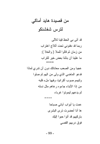 ‫ﻤﻥ ﻗﺼﻴﺩﺓ ﻫﺎﻴﺩ ﺃﻤﺎﻜﻲ‬
       ‫ﻟﺘﺭﺱ ﺸﻔﺸﻨﻜﻭ‬
                  ‫ﻗﺩ ﺃﺘﻰ ﺒﻲ ﺍﻟﺤﻅ ﻗﻴﻨﺎ ﻟﻸﻟﻰ‬
          ‫ﺭﺒﻤﺎ ﻗﺩ ﺩﻓﻨﻭﻨﻲ ﺘﺤﺕ ﺃﺜﻼﺝ ﺍﻏﺘﺭﺍﺏ‬
          ‫ﻤﻥ ﺯﻤﺎﻥ ﺜﻡ ﻗﺎﻟﻭﺍ ﻟﻠﻤﻼ ) ﻭﺍﻟﺨﻼ (:‬
          ‫ﻤﺎ ﻋﻠﻴﻨﺎ ﺃﻥ ﺒﺫﻟﻨﺎ ﺒﻌﺽ ﺨﻴﺭ ﻟﻠﺘﺭﺍﺏ‬
             ‫****‬
‫ﻋﺠﺒﺎ ﻭﻤﻥ ﺍﻟﺼﻌﺏ ﻤﻌﺎﻨﺎﺘﻙ ﺩﻭﻥ ﺃﻥ ﺘﺩﺭﻱ ﻟﻤﺎﺫﺍ‬
    ‫ﻓﺩﻋﻭ ﺍﻟﻤﺎﻀﻲ ﺍﻟﺫﻱ ﻭﻟﻰ ﻤﻥ ﺍﻟﻬﻡ ﺜﻡ ﺼﻠﻭﺍ‬
        ‫ﻭﻟﻨﻴﻤﻡ ﺼﻭﺏ ﺃﻜﺭﺍﻨﻴﺎ، ﻭﻓﻴﻬﺎ ﻤلﺀ ﻗﻠﺒﻪ‬
        ‫ﻤﻥ ﺇﺫﺍ ﺍﻷﺒﻨﺎﺀ ﺠﺎﺀﻭﻩ ﺭﻋﺎﻫﻡ ﻤﺜل ﻨﺴﻠﻪ‬
                       ‫ﻟﻡ ﻴﺩﻋﻬﻡ ﻟﻴﻤﻭﺘﻭﺍ ﻏﺭﺒﺎﺀ‬
            ‫****‬
                ‫ﻋﻤﺕ ﻴﺎ ﺃﺒﻭﺍﺏ ﺁﺒﺎﺌﻲ ﺼﺒﺎﺤﺎ‬
               ‫ﻫﺎ ﺃﻨﺎ ﺃﺤﻀﺭﺕ ﺫﺭﻯ ﺍﻟﺒﺸﺭﻯ‬
                   ‫ﺒﺎﺭﻜﻴﻬﻡ ﻗﺩ ﺃﺘﻭﺍ ﺤﺒﻭﺍ ﺇﻟﻴﻙ‬
                           ‫ﻓﻭﻕ ﺩﺭﺒﻬﻡ ﺍﻟﻘﺼﻲ‬

              ‫- 99 -‬
 