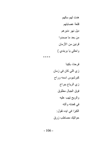 ‫ﻫﺩﺕ ﻟﻬﻡ ﺴﻜﻬﻡ‬
                  ‫ﻗﻠﻌﺔ ﻋﺼﺎﺒﺘﻬﻡ‬
                ‫ﺩﻴل ﻨﻬﺭ ﺩﻨﺒﺭﻫﻡ‬
              ‫ﻤﻥ ﺒﻌﺩ ﻤﺎ ﺼﻤﺩﻭﺍ‬
              ‫ﻗﺭﻨﻴﻥ ﻤﻥ ﺍﻷﺯﻤﺎﻥ‬
             ‫ﻭﺍﺤﻜﻲ ﻴﺎ ﺒﺭﺒﻨﺩﻱ (‬
‫****‬
                    ‫ﻓﺭﺤﻨﺎ، ﺒﻜﻴﻨﺎ‬
          ‫ﺯﻱ ﺍﻟﻠﻲ ﻜﺎﻥ ﻓﻲ ﺯﻤﺎﻥ‬
          ‫ﻜﺒﺭﺸﻴﻭﺱ ﺍﺴﻤﻪ ﻭﺭﺍﺡ‬
              ‫ﺯﻱ ﺍﻟﺭﻴﺎﺡ ﺒﺒﺭﺍﺡ‬
             ‫ﻓﻭﻕ ﺍﻟﺠﺒﺎل ﻤﻁﻠﻭﻕ‬
              ‫ﻭﺍﻟﺭﻴﺢ ﺘﻬﺏ ﻋﻠﻴﻪ‬
                 ‫ﻓﻲ ﻗﻌﺩﺘﻪ ﻭﺁﻟﺘﻪ‬
            ‫ﺍﻟﻜﺒﺯﺍ ﻓﻲ ﺍﻴﺩﻩ ﺘﻘﻭل:‬
          ‫ﺤﻭﺍﻟﻴﻙ ﻤﺼﺎﻁﺏ ﺯﺭﻕ‬


‫- 601 -‬
 