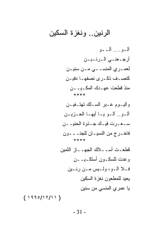 ‫ﺍﻟﺭﻨﻴﻥ.. ﻭﻨﻐﺯﺓ ﺍﻟﺴﻜﻴﻥ‬
                                ‫ﺁﻟـﻭ.... ﺁﻟــﻭ‬
                          ‫ﺃﺭﺠـﻌﻨـﻲ ﺍﻟـﺭﻨـﻴـﻥ‬
                  ‫ﻟﻌﻤـﺭﻱ ﺍﻟﻤﻨﺴــﻲ ﻤـﻥ ﺴﻨﻴـﻥ‬
                  ‫ﻜﻨﺼـﻑ ﺫﻜـﺭﻯ ﻨﺼﻔﻬـﺎ ﺩﻓﻴـﻥ‬
                   ‫ﻤﻨﺫ ﻗﻁﻌﺕ ﻋﻬـﺩﻙ ﺍﻟﻤﻜـﻴــﻥ‬
                    ‫****‬
                  ‫ﻭﺍﻟﻴـﻭﻡ ﻋـﺒﺭ ﺍﻟﺴـﻠﻙ ﺘﻬﺘـﻔﻴـﻥ‬
                 ‫ﺁﻟـﻭ.. ﺁﻟـﻭ ﻴـﺎ ﺃﻴﻬـﺎ ﺍﻟﺤـﺯﻴـﻥ‬
                 ‫ﺴـﻌـﺭﺕ ﻓﻴـﻙ ﺠـﺫﻭﺓ ﺍﻟﺤﻨﻴــﻥ‬
                 ‫ﻓﺎﺨـﺭﺝ ﻤﻥ ﺍﻟﻨﺴﻴـﺎﻥ ﻟﻠﺠﻨـــﻭﻥ‬
                    ‫****‬
             ‫ﻗﻁﻌـﺕ ﺃﺴــﻼﻙ ﺍﻟﺠﻬــﺎﺯ ﺍﻟﺜﻤﻴﻥ‬
                     ‫ﻭﻋﺩﺕ ﻟﻠﺴﻜـﻭﻥ ﺃﺴﺘﻜـﻴــﻥ‬
                   ‫ﻓـﻼ ﺁﻟـﻭ، ﻭﻟـﻴﺱ ﻤـﻥ ﺭﻨـﻴﻥ‬
                        ‫ﻴﻌﻴﺩ ﻟﻠﻤﻁﻌﻭﻥ ﻨﻐﺯﺓ ﺍﻟﺴﻜﻴﻥ‬
                        ‫ﻴﺎ ﻋﻤﺭﻱ ﺍﻟﻤﻨﺴﻲ ﻤﻥ ﺴﻨﻴﻥ‬
‫) ١١/٢١/٥٩٩١ (‬

                     ‫- 13 -‬
 