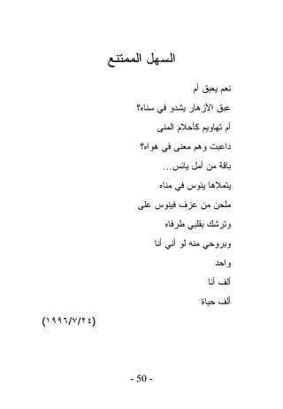 ‫ﺍﻟﺴﻬل ﺍﻟﻤﻤﺘﻨﻊ‬
                                     ‫ﻨﻌﻡ ﻴﻌﺒﻕ ﺃﻡ‬
                   ‫ﻋﺒﻕ ﺍﻷﺯﻫﺎﺭ ﻴﺸﺩﻭ ﻓﻲ ﺴﻨﺎﻩ؟‬
                           ‫ﺃﻡ ﺘﻬﺎﻭﻴﻡ ﻜﺄﺤﻼﻡ ﺍﻟﻤﻨﻰ‬
                    ‫ﺩﺍﻋﺒﺕ ﻭﻫﻡ ﻤﻌﻨﻰ ﻓﻲ ﻫﻭﺍﻩ؟‬
                             ‫ﺒﺎﻗﺔ ﻤﻥ ﺃﻤل ﻴﺎﺌﺱ...‬
                            ‫ﻴﺘﻤﻼﻫﺎ ﻴﺌﻭﺱ ﻓﻲ ﻤﻨﺎﻩ‬
                   ‫ﻤﻠﺤﻥ ﻤﻥ ﻋﺯﻑ ﻓﻴﻨﻭﺱ ﻋﻠﻰ‬
                             ‫ﻭﺘﺭﺸﻙ ﺒﻘﻠﺒﻲ ﻁﺭﻓﺎﻩ‬
                           ‫ﻭﺒﺭﻭﺤﻲ ﻤﻨﻪ ﻟﻭ ﺃﻨﻲ ﺃﻨﺎ‬
                                           ‫ﻭﺍﺤﺩ‬
                                         ‫ﺃﻟﻑ ﺃﻨﺎ‬
                                        ‫ﺃﻟﻑ ﺤﻴﺎﺓ‬
‫)٤٢/٧/٦٩٩١(‬




                  ‫- 05 -‬
 