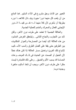 ‫ﺍﻟﺘﻌﺒﻴﺭ ﻋﻥ ﺍﻟﺫﺍﺕ ﻭﺤﻕ ﻤﺸﺭﻭﻉ ﻓﻰ ﺍﻷﺩﺍﺀ ﺍﻟﺴﻠﻴﻡ.. ﻓﻤﺎ ﺍﻟﻤﺎﻨﻊ‬
‫ﻤﻥ ﺃﻥ ﻴﻠﻌﺏ ﻜل ﻤﻨﻬﻤﺎ ﺩﻭﺭﺍ ﺤﻴﻭﻴﺎ ﻭﻴﺘﺒـﺎﺩل ﻜﻼﻫﻤـﺎ ﺩﻭﺭﻩ‬
‫ﺒﻁﺭﻴﻘﺔ ﺃﻭ ﺒﺄﺨﺭﻯ ﻷﻥ ﻜﻼ ﻤﻨﻬﻤﺎ ﻟـﻪ ﻨﻔـﺱ ﻗﻴﻤـﺔ ﺍﻟـﺩﻭﺭ‬
          ‫ﺍﻹﻴﺠﺎﺒﻰ ﺍﻟﻔﻌﺎل ﻭﺍﻟﻤﺤﺭﻙ ﻭﺍﻟﻤﺘﻤﻡ ﻟﻠﻌﻤﻠﻴﺔ ﺍﻟﺠﻨﺴﻴﺔ.‬
‫ﻭﺍﻟﻌﻼﻗﺔ ﺍﻟﺠﻨﺴﻴﺔ ﻻ ﺘﻌﺘﻤﺩ ﻋﻠﻰ ﻁﺭﻑ ﺩﻭﻥ ﺍﻵﺨﺭ، ﻭﻟﻜﻥ‬
‫ﻻﺒﺩ ﻤﻥ ﺍﻟﺘﺠﺎﻭﺏ ﻭﺍﻟﻨﺠﺎﺡ ﺍﻟﺜﻨﺎﺌﻰ.. ﻭﻟﻴﺘﺤﻘﻕ ﺍﻟﻐﺭﺽ ﺍﻟﻤﻨﺸﻭﺩ‬
‫ﻤﻥ ﻫﺫﻩ ﺍﻟﻌﻼﻗﺔ ﻻﺒﺩ ﺃﻴﻀﺎ ﻤﻥ ﺍﻟﻤﺼﺎﺭﺤﺔ ﻭﺍﻟﺤﻭﺍﺭ ﺍﻟﻤﻜﺸﻭﻑ‬
‫ﺒﻴﻥ ﺍﻟﻁﺭﻓﻴﻥ ﺤﺘﻰ ﻴﻘﻔﺎ ﻋﻠﻰ ﺃﻓﻀل ﺍﻟﻁﺭﻕ ﻭﺃﻨﺴﺏ ﺍﻷﺴـﺎﻟﻴﺏ‬
‫ﻹﺸﺒﺎﻉ ﺘﻠﻙ ﺍﻟﻐﺭﻴﺯﺓ ﻭﺘﻌﺩﻴل ﻤﺴﺎﺭ ﺍﻟﻌﻼﻗﺔ ﺇﺫﺍ ﻜﺎﻥ ﻫﻨﺎﻙ ﺨﻁﺄ‬
‫ﻷﻥ ﺍﻟﺨﺠل ﺃﻭ ﺍﻟﺼﻤﺕ ﻋﻥ ﺍﻟﺤﺩﻴﺙ ﻓﻰ ﺘﻠـﻙ ﺍﻟﻤﻭﻀـﻭﻋﺎﺕ‬
‫ﺍﻟﺤﺴﺎﺴﺔ ﻗﺩ ﻴﺴﺒﺏ ﺍﻷﻟﻡ ﻭﺍﻟﻀﻴﻕ.. ﻭﻋﻠﻰ ﺫﻟﻙ ﻓﺎﻟﻤﺒﺎﺩﺭﺓ ﻟﻴﺴﺕ‬
‫ﺤﻜﺭﺍ ﻋﻠﻰ ﻁﺭﻑ ﺩﻭﻥ ﺍﻵﺨﺭ، ﻭﻴﺠﺏ ﺃﻥ ﺘﺘﺨﺫ ﺃﺴﺎﻟﻴﺏ ﻤﺘﻐﻴﺭﺓ‬
                                            ‫ﻭﺠﺩﻴﺩﺓ ﺩﻭﻤﺎ.‬




‫٣٠١‬
 