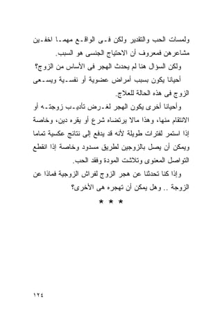 ‫ﻭﻟﻤﺴﺎﺕ ﺍﻟﺤﺏ ﻭﺍﻟﺘﻘﺩﻴﺭ ﻭﻟﻜﻥ ﻓـﻰ ﺍﻟﻭﺍﻗـﻊ ﻤﻬﻤـﺎ ﺍﺨﻔـﻴﻥ‬
       ‫ﻤﺸﺎﻋﺭﻫﻥ ﻓﻤﻌﺭﻭﻑ ﺃﻥ ﺍﻻﺤﺘﻴﺎﺝ ﺍﻟﺠﻨﺴﻰ ﻫﻭ ﺍﻟﺴﺒﺏ.‬
‫ﻭﻟﻜﻥ ﺍﻟﺴﺅﺍل ﻫﻨﺎ ﻟﻡ ﻴﺤﺩﺙ ﺍﻟﻬﺠﺭ ﻓﻰ ﺍﻷﺴﺎﺱ ﻤﻥ ﺍﻟﺯﻭﺝ؟‬
                              ‫‪‬‬
‫ﺃﺤﻴﺎﻨﺎ ﻴﻜﻭﻥ ﺒﺴﺒﺏ ﺃﻤﺭﺍﺽ ﻋﻀﻭﻴﺔ ﺃﻭ ﻨﻔﺴـﻴﺔ ﻭﻴﺴـﻌﻰ‬
                             ‫ﺍﻟﺯﻭﺝ ﻓﻰ ﻫﺫﻩ ﺍﻟﺤﺎﻟﺔ ﻟﻠﻌﻼﺝ.‬
‫ﻭﺃﺤﻴﺎﻨﺎ ﺃﺨﺭﻯ ﻴﻜﻭﻥ ﺍﻟﻬﺠﺭ ﻟﻐـﺭﺽ ﺘﺄﺩﻴـﺏ ﺯﻭﺠﺘـﻪ ﺃﻭ‬
‫ﺍﻻﻨﺘﻘﺎﻡ ﻤﻨﻬﺎ، ﻭﻫﺫﺍ ﻤﺎﻻ ﻴﺭﺘﻀﺎﻩ ﺸﺭﻉ ﺃﻭ ﻴﻘﺭﻩ ﺩﻴﻥ، ﻭﺨﺎﺼﺔ‬
‫ﺇﺫﺍ ﺍﺴﺘﻤﺭ ﻟﻔﺘﺭﺍﺕ ﻁﻭﻴﻠﺔ ﻷﻨﻪ ﻗﺩ ﻴﺩﻓﻊ ﺇﻟﻰ ﻨﺘﺎﺌﺞ ﻋﻜﺴﻴﺔ ﺘﻤﺎﻤﺎ‬
‫ﻭﻴﻤﻜﻥ ﺃﻥ ﻴﺼل ﺒﺎﻟﺯﻭﺠﻴﻥ ﻟﻁﺭﻴﻕ ﻤﺴﺩﻭﺩ ﻭﺨﺎﺼﺔ ﺇﺫﺍ ﺍﻨﻘﻁﻊ‬
              ‫ﺍﻟﺘﻭﺍﺼل ﺍﻟﻤﻌﻨﻭﻯ ﻭﺘﻼﺸﺕ ﺍﻟﻤﻭﺩﺓ ﻭﻓﻘﺩ ﺍﻟﺤﺏ.‬
‫ﻭﺇﺫﺍ ﻜﻨﺎ ﺘﺤﺩﺜﻨﺎ ﻋﻥ ﻫﺠﺭ ﺍﻟﺯﻭﺝ ﻟﻔﺭﺍﺵ ﺍﻟﺯﻭﺠﻴﺔ ﻓﻤﺎﺫﺍ ﻋﻥ‬
             ‫ﺍﻟﺯﻭﺠﺔ .. ﻭﻫل ﻴﻤﻜﻥ ﺃﻥ ﺘﻬﺠﺭﻩ ﻫﻰ ﺍﻷﺨﺭﻯ؟‬

                       ‫***‬




‫٤٢١‬
 