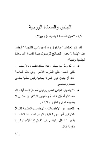 ‫ﺍﻟﺠﻨﺱ ﻭﺍﻟﺴﻌﺎﺩﺓ ﺍﻟﺯﻭﺠﻴﺔ‬
                 ‫ﻜﻴﻑ ﺘﺘﺤﻘﻕ ﺍﻟﺴﻌﺎﺩﺓ ﺍﻟﺠﻨﺴﻴﺔ ﻟﻠﺯﻭﺠﻴﻥ؟!‬


‫ﻟﻘﺩ ﻗﺩﻡ ﺍﻟﻌﺎﻟﻤﺎﻥ " ﻤﺎﺴﺘﺭﺯ ﻭﺠﻭﻨﺴﻭﻥ" ﻓﻰ ﻜﺘﺎﺒﻬﻤﺎ " ﺍﻟﺠﻨﺱ‬
‫ﻋﻨﺩ ﺍﻹﻨﺴﺎﻥ" ﺒﻌﺽ ﺍﻟﻨﺼﺎﺌﺢ ﻟﻠﻭﺼﻭل ﺒﻬﻤﺎ ﻟﻘﻤـﺔ ﺍﻟﺴـﻌﺎﺩﺓ‬
                                           ‫ﺍﻟﺠﻨﺴﻴﺔ ﻭﻤﻨﻬﺎ:‬
‫• ﺇﻥ ﻜل ﻁﺭﻑ ﻤﺴﺌﻭل ﻋﻥ ﺴﻌﺎﺩﺓ ﻨﻔﺴﻪ، ﻭﻻ ﻴﺠﺏ ﺃﻥ‬
‫ﻴﻠﻘﻰ ﺍﻟﻌﺏﺀ ﻋﻠﻰ ﺍﻟﻁﺭﻑ ﺍﻵﺨﺭ، ﻭﻓﻰ ﻫﺫﻩ ﺍﻟﺤﺎﻟـﺔ‬
‫ﻻﺒﺩ ﺃﻥ ﻴﻜﻭﻥ ﺩﻭﺭ ﺍﻟﻤﺭﺃﺓ ﺇﻴﺠﺎﺒﻴﺎ ﻭﻟﻴﺱ ﺴﻠﺒﻴﺎ ﺤﺘـﻰ‬
                                  ‫ﺘﺘﻤﺘﻊ ﻭﺘﺴﺘﻤﺘﻊ.‬
‫• ﺃﻻ ﻴﺘﺤﻭل ﺍﻟﺠﻨﺱ ﻟﻌﻤل ﺭﻭﺘﻴﻨﻰ ﻤﻤـل ﻟـﻪ ﺃﻭﻗـﺎﺕ‬
‫ﻤﺤﺩﺩﺓ ﻭﺃﻤﺎﻜﻥ ﺨﺎﺼﺔ ﻭﻁﻘﻭﺱ ﻻ ﺘﺘﻐﻴـﺭ ﺤﺘـﻰ ﻻ‬
                    ‫ﻴﺼﻴﺒﻪ ﺍﻟﻤﻠل ﻭﺍﻟﻔﺘﻭﺭ ﻭﺍﻟﺘﺒﺎﻋﺩ.‬
‫• ﺍﻟﺘﻌﺒﻴﺭ ﻋﻥ ﺍﻻﺤﺘﻴﺎﺠﺎﺕ ﻭﺍﻷﺤﺎﺴﻴﺱ ﺍﻟﺠﻨﺴﻴﺔ ﻟﻜـﻼ‬
‫ﺍﻟﻁﺭﻓﻴﻥ ﺃﻤﺭ ﻤﻬﻡ ﻟﻠﻐﺎﻴﺔ ﻭﺍﻟﺘﺯﺍﻡ ﺍﻟﺼﻤﺕ ﺩﺍﺌﻤﺎ ﻤـﺎ‬
‫ﻴﻔﺠﺭ ﺍﻟﻤﺸﺎﻜل ﻭﻻﻨﻨﺴﻰ ﺃﻥ ﺍﻟﻜﻼﻡ ﻟﻐﺔ ﺍﻷﺤﻴﺎﺀ ﻜﻤـﺎ‬
                                      ‫ﺫﻜﺭﻨﺎ ﻗﺒﻼ.‬
‫٠٣١‬
 