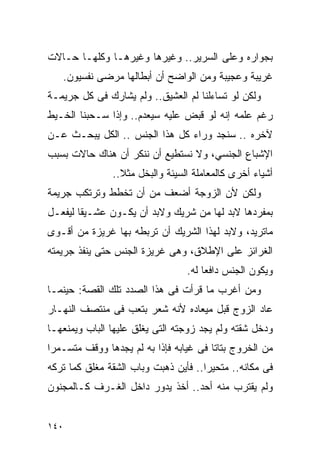 ‫ﺒﺠﻭﺍﺭﻩ ﻭﻋﻠﻰ ﺍﻟﺴﺭﻴﺭ.. ﻭﻏﻴﺭﻫﺎ ﻭﻏﻴﺭﻫـﺎ ﻭﻜﻠﻬـﺎ ﺤـﺎﻻﺕ‬
   ‫ﻏﺭﻴﺒﺔ ﻭﻋﺠﻴﺒﺔ ﻭﻤﻥ ﺍﻟﻭﺍﻀﺢ ﺃﻥ ﺃﺒﻁﺎﻟﻬﺎ ﻤﺭﻀﻰ ﻨﻔﺴﻴﻭﻥ.‬
‫ﻭﻟﻜﻥ ﻟﻭ ﺘﺴﺎﺀﻟﻨﺎ ﻟﻡ ﺍﻟﻌﺸﻴﻕ.. ﻭﻟﻡ ﻴﺸﺎﺭﻙ ﻓﻰ ﻜل ﺠﺭﻴﻤـﺔ‬
                   ‫‪‬‬            ‫‪‬‬
‫ﺭﻏﻡ ﻋﻠﻤﻪ ﺇﻨﻪ ﻟﻭ ﻗﺒﺽ ﻋﻠﻴﻪ ﺴﻴﻌﺩﻡ.. ﻭﺇﺫﺍ ﺴـﺤﺒﻨﺎ ﺍﻟﺨـﻴﻁ‬
‫ﻵﺨﺭﻩ .. ﺴﻨﺠﺩ ﻭﺭﺍﺀ ﻜل ﻫﺫﺍ ﺍﻟﺠﻨﺱ .. ﺍﻟﻜل ﻴﺒﺤـﺙ ﻋـﻥ‬
‫ﺍﻹﺸﺒﺎﻉ ﺍﻟﺠﻨﺴﻲ، ﻭﻻ ﻨﺴﺘﻁﻴﻊ ﺃﻥ ﻨﻨﻜﺭ ﺃﻥ ﻫﻨﺎﻙ ﺤﺎﻻﺕ ﺒﺴﺒﺏ‬
               ‫ﺃﺸﻴﺎﺀ ﺃﺨﺭﻯ ﻜﺎﻟﻤﻌﺎﻤﻠﺔ ﺍﻟﺴﻴﺌﺔ ﻭﺍﻟﺒﺨل ﻤﺜﻼ..‬
‫ﻭﻟﻜﻥ ﻷﻥ ﺍﻟﺯﻭﺠﺔ ﺃﻀﻌﻑ ﻤﻥ ﺃﻥ ﺘﺨﻁﻁ ﻭﺘﺭﺘﻜﺏ ﺠﺭﻴﻤﺔ‬
‫ﺒﻤﻔﺭﺩﻫﺎ ﻻﺒﺩ ﻟﻬﺎ ﻤﻥ ﺸﺭﻴﻙ ﻭﻻﺒﺩ ﺃﻥ ﻴﻜـﻭﻥ ﻋﺸـﻴﻘﺎ ﻟﻴﻔﻌـل‬
‫ﻤﺎﺘﺭﻴﺩ، ﻭﻻﺒﺩ ﻟﻬﺫﺍ ﺍﻟﺸﺭﻴﻙ ﺃﻥ ﺘﺭﺒﻁﻪ ﺒﻬﺎ ﻏﺭﻴﺯﺓ ﻤﻥ ﺃﻗـﻭﻯ‬
‫ﺍﻟﻐﺭﺍﺌﺯ ﻋﻠﻰ ﺍﻹﻁﻼﻕ، ﻭﻫﻰ ﻏﺭﻴﺯﺓ ﺍﻟﺠﻨﺱ ﺤﺘﻰ ﻴﻨﻔﺫ ﺠﺭﻴﻤﺘﻪ‬
                                 ‫ﻭﻴﻜﻭﻥ ﺍﻟﺠﻨﺱ ﺩﺍﻓﻌﺎ ﻟﻪ.‬
‫ﻭﻤﻥ ﺃﻏﺭﺏ ﻤﺎ ﻗﺭﺃﺕ ﻓﻰ ﻫﺫﺍ ﺍﻟﺼﺩﺩ ﺘﻠﻙ ﺍﻟﻘﺼﺔ: ﺤﻴﻨﻤـﺎ‬
‫ﻋﺎﺩ ﺍﻟﺯﻭﺝ ﻗﺒل ﻤﻴﻌﺎﺩﻩ ﻷﻨﻪ ﺸﻌﺭ ﺒﺘﻌﺏ ﻓﻰ ﻤﻨﺘﺼﻑ ﺍﻟﻨﻬـﺎﺭ‬
‫ﻭﺩﺨل ﺸﻘﺘﻪ ﻭﻟﻡ ﻴﺠﺩ ﺯﻭﺠﺘﻪ ﺍﻟﺘﻰ ﻴﻐﻠﻕ ﻋﻠﻴﻬﺎ ﺍﻟﺒﺎﺏ ﻭﻴﻤﻨﻌﻬـﺎ‬
‫ﻤﻥ ﺍﻟﺨﺭﻭﺝ ﺒﺘﺎﺘﺎ ﻓﻰ ﻏﻴﺎﺒﻪ ﻓﺈﺫﺍ ﺒﻪ ﻟﻡ ﻴﺠﺩﻫﺎ ﻭﻭﻗﻑ ﻤﺘﺴـﻤﺭﺍ‬
‫ﹰ‬
‫ﻓﻰ ﻤﻜﺎﻨﻪ.. ﻤﺘﺤﻴﺭﺍ.. ﻓﺄﻴﻥ ﺫﻫﺒﺕ ﻭﺒﺎﺏ ﺍﻟﺸﻘﺔ ﻤﻐﻠﻕ ﻜﻤﺎ ﺘﺭﻜﻪ‬
                                     ‫ﹰ‬
‫ﻭﻟﻡ ﻴﻘﺘﺭﺏ ﻤﻨﻪ ﺃﺤﺩ.. ﺃﺨﺫ ﻴﺩﻭﺭ ﺩﺍﺨل ﺍﻟﻐـﺭﻑ ﻜـﺎﻟﻤﺠﻨﻭﻥ‬


‫٠٤١‬
 