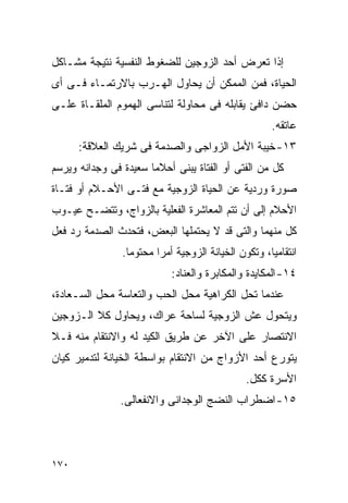 ‫ﺇﺫﺍ ﺘﻌﺭﺽ ﺃﺤﺩ ﺍﻟﺯﻭﺠﻴﻥ ﻟﻠﻀﻐﻭﻁ ﺍﻟﻨﻔﺴﻴﺔ ﻨﺘﻴﺠﺔ ﻤﺸـﺎﻜل‬
‫ﺍﻟﺤﻴﺎﺓ، ﻓﻤﻥ ﺍﻟﻤﻤﻜﻥ ﺃﻥ ﻴﺤﺎﻭل ﺍﻟﻬـﺭﺏ ﺒﺎﻻﺭﺘﻤـﺎﺀ ﻓـﻰ ﺃﻯ‬
‫ﺤﻀﻥ ﺩﺍﻓﺊ ﻴﻘﺎﺒﻠﻪ ﻓﻰ ﻤﺤﺎﻭﻟﺔ ﻟﺘﻨﺎﺴﻰ ﺍﻟﻬﻤﻭﻡ ﺍﻟﻤﻠﻘـﺎﺓ ﻋﻠـﻰ‬
                                                      ‫ﻋﺎﺘﻘﻪ.‬
      ‫٣١- ﺨﻴﺒﺔ ﺍﻷﻤل ﺍﻟﺯﻭﺍﺠﻰ ﻭﺍﻟﺼﺩﻤﺔ ﻓﻰ ﺸﺭﻴﻙ ﺍﻟﻌﻼﻗﺔ:‬
‫ﻜل ﻤﻥ ﺍﻟﻔﺘﻰ ﺃﻭ ﺍﻟﻔﺘﺎﺓ ﻴﺒﻨﻰ ﺃﺤﻼﻤﺎ ﺴﻌﻴﺩﺓ ﻓﻰ ﻭﺠﺩﺍﻨﻪ ﻭﻴﺭﺴﻡ‬
‫ﺼﻭﺭﺓ ﻭﺭﺩﻴﺔ ﻋﻥ ﺍﻟﺤﻴﺎﺓ ﺍﻟﺯﻭﺠﻴﺔ ﻤﻊ ﻓﺘـﻰ ﺍﻷﺤـﻼﻡ ﺃﻭ ﻓﺘـﺎﺓ‬
‫ﺍﻷﺤﻼﻡ ﺇﻟﻰ ﺃﻥ ﺘﺘﻡ ﺍﻟﻤﻌﺎﺸﺭﺓ ﺍﻟﻔﻌﻠﻴﺔ ﺒﺎﻟﺯﻭﺍﺝ، ﻭﺘﺘﻀـﺢ ﻋﻴـﻭﺏ‬
‫ﻜل ﻤﻨﻬﻤﺎ ﻭﺍﻟﺘﻰ ﻗﺩ ﻻ ﻴﺤﺘﻤﻠﻬﺎ ﺍﻟﺒﻌﺽ، ﻓﺘﺤﺩﺙ ﺍﻟﺼﺩﻤﺔ ﺭﺩ ﻓﻌل‬
                ‫ﺍﻨﺘﻘﺎﻤﻴﺎ، ﻭﺘﻜﻭﻥ ﺍﻟﺨﻴﺎﻨﺔ ﺍﻟﺯﻭﺠﻴﺔ ﺃﻤﺭﹰﺍ ﻤﺤﺘﻭﻤﺎ.‬
                 ‫ﹰ‬
                            ‫٤١- ﺍﻟﻤﻜﺎﻴﺩﺓ ﻭﺍﻟﻤﻜﺎﺒﺭﺓ ﻭﺍﻟﻌﻨﺎﺩ:‬
‫ﻋﻨﺩﻤﺎ ﺘﺤل ﺍﻟﻜﺭﺍﻫﻴﺔ ﻤﺤل ﺍﻟﺤﺏ ﻭﺍﻟﺘﻌﺎﺴﺔ ﻤﺤل ﺍﻟﺴـﻌﺎﺩﺓ،‬
‫ﻭﻴﺘﺤﻭل ﻋﺵ ﺍﻟﺯﻭﺠﻴﺔ ﻟﺴﺎﺤﺔ ﻋﺭﺍﻙ، ﻭﻴﺤﺎﻭل ﻜﻼ ﺍﻟـﺯﻭﺠﻴﻥ‬
‫ﺍﻻﻨﺘﺼﺎﺭ ﻋﻠﻰ ﺍﻵﺨﺭ ﻋﻥ ﻁﺭﻴﻕ ﺍﻟﻜﻴﺩ ﻟﻪ ﻭﺍﻻﻨﺘﻘﺎﻡ ﻤﻨﻪ ﻓـﻼ‬
‫ﻴﺘﻭﺭﻉ ﺃﺤﺩ ﺍﻷﺯﻭﺍﺝ ﻤﻥ ﺍﻻﻨﺘﻘﺎﻡ ﺒﻭﺍﺴﻁﺔ ﺍﻟﺨﻴﺎﻨﺔ ﻟﺘﺩﻤﻴﺭ ﻜﻴﺎﻥ‬
                                               ‫ﺍﻷﺴﺭﺓ ﻜﻜل.‬
               ‫٥١- ﺍﻀﻁﺭﺍﺏ ﺍﻟﻨﻀﺞ ﺍﻟﻭﺠﺩﺍﻨﻰ ﻭﺍﻻﻨﻔﻌﺎﻟﻰ.‬




‫٠٧١‬
 