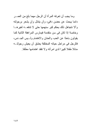 ‫ﻭﻤﺎ ﻴﺠﺏ ﺃﻥ ﺘﻌﺭﻓﻪ ﺍﻟﻤﺭﺃﺓ ﺃﻥ ﺍﻟﺭﺠل ﻤﻬﻤﺎ ﺒﻠﻎ ﻤﻥ ﺍﻟﻌﻤـﺭ‬
‫ﺩﺍﺌﻤﺎ ﻴﺒﺤﺙ ﻋﻥ ﺤﻀﻥ ﺩﺍﻓﺊ، ﻭﺃﻥ ﻴﺘﺩﻟل ﻭﺃﻥ ﻴﺸﻌﺭ ﺒﺭﺠﻭﻟﺘﻪ‬
‫ﻭﺃﻻ ﻨﺘﺠﺎﻫل ﺫﻟﻙ ﺒﺤﻜﻡ ﻜﺒﺭ ﺴﻨﻬﻤﻬﺎ ﺤﺘﻰ ﻻ ﺘﺩﻓﻌـﻪ ﻟﻐﻴﺭﻫـﺎ‬
‫ﻭﺨﺎﺼﺔ ﺇﺫﺍ ﻜﺎﻥ ﻓﻰ ﺴﻥ ﻤﺘﻘﺩﻤﺔ ﻓﻴﻤﺎﺭﺱ ﺍﻟﻤﺭﺍﻫﻘﺔ ﺍﻟﺜﺎﻨﻴﺔ ﻜﻤﺎ‬
‫ﻴﻘﻭﻟﻭﻥ ﺒﺎﺤﺜﺎ ﻋﻥ ﺍﻟﺤﺏ ﻭﺍﻟﺤﻨﺎﻥ ﻭﺍﻻﻫﺘﻤﺎﻡ ﻭﻟـﻴﺱ ﺍﻟﺠـﻨﺱ،‬
‫ﻓﺎﻟﺭﺠل ﻓﻰ ﻤﺭﺍﺤل ﺤﻴﺎﺘﻪ ﺍﻟﻤﺨﺘﻠﻔﺔ ﻴﻌﺸﻕ ﺃﻥ ﻴﻌﻴﺵ ﺭﺠﻭﻟﺘـﻪ‬
      ‫ﻤﺩﻟﻼ ﻁﻔﻼ ﻜﺒﻴﺭﺍ ﻟﺩﻯ ﺍﻤﺭﺃﺘﻪ ﻭﻻ ﺘﻔﻘﺩ ﺍﻫﺘﻤﺎﻤﻬﺎ ﻤﻁﻠﻘﺎ.‬




‫٢٨١‬
 