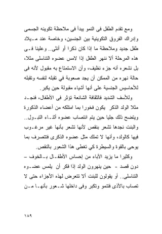 ‫ﻭﻤﻊ ﺘﻘﺩﻡ ﺍﻟﻁﻔل ﻓﻰ ﺍﻟﻨﻤﻭ ﻴﺒﺩﺃ ﻓﻰ ﻤﻼﺤﻅﺔ ﺘﻜﻭﻴﻨﻪ ﺍﻟﺠﺴﻤﻰ‬
‫ﻭﺇﺩﺭﺍﻙ ﺍﻟﻔﺭﻭﻕ ﺍﻟﺘﻜﻭﻴﻨﻴﺔ ﺒﻴﻥ ﺍﻟﺠﻨﺴﻴﻥ، ﻭﺨﺎﺼﺔ ﻋﻨﺩ ﻤـﻴﻼﺩ‬
‫ﻁﻔل ﺠﺩﻴﺩ ﻭﻤﻼﺤﻅﺔ ﻤﺎ ﺇﺫﺍ ﻜﺎﻥ ﺫﻜﺭﺍ ﺃﻭ ﺃﻨﺜﻰ.. ﻭﻋﻠﻴﻨﺎ ﻓـﻰ‬
‫ﻫﺫﻩ ﺍﻟﻤﺭﺤﻠﺔ ﺃﻻ ﻨﻨﻬﺭ ﺍﻟﻁﻔل ﺇﺫﺍ ﻻﻤﺱ ﻋﻀﻭﻩ ﺍﻟﺘﻨﺎﺴﻠﻰ ﻤﺜﻼ،‬
‫ﺒل ﻨﺸﻌﺭﻩ ﺃﻨﻪ ﺠﺯﺀ ﻨﻅﻴﻑ، ﻭﺃﻥ ﺍﻻﺴﺘﻤﺘﺎﻉ ﺒﻪ ﻤﻘﺒﻭل ﻷﻨﻪ ﻓﻰ‬
‫ﺤﺎﻟﺔ ﻨﻬﺭﻩ ﻤﻥ ﺍﻟﻤﻤﻜﻥ ﺃﻥ ﻴﺠﺩ ﺼﻌﻭﺒﺔ ﻓﻲ ﺘﻘﺒﻠﻪ ﻟﻨﻔﺴﻪ ﻭﺘﻘﺒﻠﻪ‬
       ‫ﻟﻸﺤﺎﺴﻴﺱ ﺍﻟﺠﻨﺴﻴﺔ ﻋﻠﻰ ﺃﻨﻬﺎ ﺃﺸﻴﺎﺀ ﻤﻘﺒﻭﻟﺔ ﺤﻴﻥ ﻴﻜﺒﺭ.‬
‫ﻭﻟﻸﺴﻑ ﺍﻟﺸﺩﻴﺩ ﻓﺎﻟﺜﻘﺎﻓﺔ ﺍﻟﺸﺎﺌﻌﺔ ﺘﺅﺜﺭ ﻓﻰ ﺍﻷﻁﻔﺎل، ﻓﻨﺠـﺩ‬
‫ﻤﺜﻼ ﺍﻟﻭﻟﺩ ﺍﻟﺫﻜﺭ ﻴﻜﻭﻥ ﻓﺨﻭﺭﺍ ﺒﻤﺎ ﺍﻤﺘﻠﻜﻪ ﻤﻥ ﺃﻋﻀﺎﺀ ﺍﻟﺫﻜﻭﺭﺓ‬
‫ﻭﻴﺘﻀﺢ ﺫﻟﻙ ﺠﻠﻴﺎ ﺤﻴﻥ ﻴﺘﻡ ﺍﻨﺘﺼﺎﺏ ﻋﻀﻭﻩ ﺃﺜﻨـﺎﺀ ﺍﻟﺘﺒـﻭل..‬
‫ﻭﺍﻟﺒﻨﺕ ﻨﺠﺩﻫﺎ ﺘﺸﻌﺭ ﺒﻨﻘﺹ ﻷﻨﻬﺎ ﺘﺸﻌﺭ ﺒﺄﻨﻬﺎ ﻏﻴﺭ ﻤﺭﻏـﻭﺏ‬
‫ﻓﻴﻬﺎ ﻜﺎﻟﻭﻟﺩ، ﻭﺃﻨﻬﺎ ﻻ ﺘﻤﻠﻙ ﻤﺜل ﻋﻀﻭﻩ ﺍﻟﺫﻜﺭﻯ ﻓﺘﺘﺼﺭﻑ ﺒﻤﺎ‬
      ‫ﻴﻭﺤﻰ ﺒﺎﻟﻘﻭﺓ ﻭﺍﻟﺴﻴﻁﺭﺓ ﻜﻲ ﺘﻐﻁﻰ ﻫﺫﺍ ﺍﻟﺸﻌﻭﺭ ﺒﺎﻟﻨﻘﺹ.‬
‫ﻭﻜﺜﻴﺭﺍ ﻤﺎ ﻴﺯﻴﺩ ﺍﻵﺒﺎﺀ ﻤﻥ ﺇﺤﺴﺎﺱ ﺍﻷﻁﻔـﺎل ﺒـﺎﻟﺨﻭﻑ –‬
‫ﺩﻭﻥ ﻗﺼﺩ - ﺤﻴﻥ ﻴﻨﻬﺭﻭﻥ ﺍﻟﻭﻟﺩ ﺇﺫﺍ ﻓﻜﺭ ﺃﻥ ﻴﻠﻤﺱ ﻋﻀـﻭﻩ‬
‫ﺍﻟﺘﻨﺎﺴﻠﻰ.. ﺃﻭ ﻴﻘﻭﻟﻭﻥ ﻟﻠﺒﻨﺕ ﺃﻻ ﺘﺘﻌﺭﺽ ﻟﻬﺫﻩ ﺍﻷﺠﺯﺍﺀ ﺤﺘﻰ ﻻ‬
‫ﺘﺼﺎﺏ ﺒﺎﻷﺫﻯ ﻓﺘﻨﻤﻭ ﻭﺘﻜﺒﺭ ﻭﻓﻰ ﺩﺍﺨﻠﻬﺎ ﺸـﻌﻭﺭ ﺒﺄﻨﻬـﺎ ﻤـﻥ‬




‫٩٨١‬
 