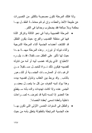 ‫ﻭﻟﺫﺍ ﻓﺘﻠﻙ ﺍﻟﻤﺭﺤﻠﺔ ﺘﻜﻭﻥ ﻤﺼﺤﻭﺒﺔ ﺒﺎﻟﻜﺜﻴﺭ ﻤﻥ ﺍﻟﺘﺼﻭﺭﺍﺕ‬
‫ﻋﻥ ﻁﺒﻴﻌﺔ ﺍﻷﺨﺫ ﻭﺍﻟﻌﻁﺎﺀ، ﻭﺇﻥ ﻟﻡ ﺘﺘﻡ ﻤﻌﺎﻤﻠـﺔ ﺍﻟﻁﻔـل ﺒﻬـﺎ‬
         ‫ﺒﺤﻜﻤﺔ ﻭﺒﻼ ﻤﺒﺎﻟﻐﺔ ﻓﻘﺩ ﻴﻀﻁﺭﺏ ﻭﺠﺩﺍﻨﻴﺎ ﻓﻰ ﺍﻟﻜﺒﺭ.‬
‫• ﺍﻟﻤﺭﺤﻠﺔ ﺍﻟﻘﻀﻴﺒﻴﺔ ﻭﺘﺒﺩﺃ ﻓﻰ ﻨﺤﻭ ﺍﻟﺜﺎﻟﺜﺔ ﻭﺘﺘﺭﻜﺯ ﺍﻟﻠﺫﺓ‬
‫ﻓﻴﻬﺎ ﻓﻰ ﻤﻨﻁﻘﺔ ﺍﻟﻘﻀﻴﺏ ﻭﺍﻟﻔﺭﺝ، ﺤﻴﺙ ﻴﻜﻭﻥ ﺍﻟﻁﻔل‬
‫ﻗﺩ ﺍﻜﺘﺸﻑ ﺃﻋﻀﺎﺀﻩ ﺍﻟﺠﻨﺴﻴﺔ ﺃﺜﻨﺎﺀ ﺍﻟﻤﺭﺤﻠﺔ ﺍﻟﺸﺭﺠﻴﺔ‬
‫ﻭﺃﺜﻨﺎﺀ ﺘﺒﻭﻟﻪ ﺃﻭ ﺘﺒﺭﺯﻩ.. ﻭﻫﺫﻩ ﺍﻟﻤﺭﺤﻠﺔ ﻤﻬﻤـﺔ ﺠـﺩﺍ‬
‫ﹰ‬
‫ﺤﻴﺙ ﻟﻬﺎ ﺘﺄﺜﻴﺭ ﻋﻠﻰ ﺍﻟﻁﻔل ﻤﺴـﺘﻘﺒﻼ، ﻓﻘـﺩ ﻴﺜﻴـﺭﻩ‬
‫ﺍﻻﻨﻁﺒﺎﻉ ﺍﻟﺫﻱ ﻴﺘﺭﻜﻪ ﻏﻀﺏ ﺃﺒﻴﻪ ﺃﻭ ﺃﻤﻪ ﻤﻥ ﺘﻨﺎﻭﻟﻪ‬
‫ﻟﻘﻀﻴﺒﻪ ﻓﻴﻜﻭﻥ ﺫﻟﻙ ﻨـﻭﺍﺓ ﻟﻠﺨﺠـل ﻤﺴـﺘﻘﺒﻼ ﻤـﻥ‬
‫ﺍﻟﺭﻏﺒ ـﺎﺕ ﺃﻭ ﺍﻟﻤﻤﺎﺭﺴ ـﺎﺕ ﺍﻟﺠﻨﺴ ـﻴﺔ ﺃﻭ ﻟﻠﺸ ـﻌﻭﺭ‬
   ‫ـ‬          ‫ـ‬         ‫ـ‬              ‫ـ‬
‫ﺒﺎﻟﺫﻨﺏ.. ﻭﻗﺩ ﻴﺭﺒﻁ ﺒﻴﻥ ﺍﻟﻌﻘﺎﺏ ﻭﺘﻨﺎﻭل ﻗﻀﻴﺒﻪ ﺒﻴﺩﻩ،‬
‫ﻭﻫﺫﺍ ﻴﻭﻟﺩ ﻟﺩﻴﻪ ﺍﻟﺨﻭﻑ ﻤﻥ ﻜل ﻤﺎ ﻴﺘﺼـل ﺒﻌﻀـﻭ‬
‫ﺍﻟﺠﻨﺱ ﻋﻨﺩﻩ ﻭﺇﺫﺍ ﻜﺎﻨﺕ ﺘﻬﺩﻴﺩﺍﺕ ﻭﺍﻟﺩﻩ ﺒﺄﻨﻪ ﺴـﻴﻘﻁﻊ‬
‫ﻫﺫﺍ ﺍﻟﻌﻀﻭ ﺇﺫﺍ ﻟﻤﺴﻪ ﺜﺎﻨﻴﺔ ﻗﺩ ﺘﻌﺭﻀـﻪ ﻟﺼـﺭﺍﻋﺎﺕ‬
              ‫ﺩﺍﺨﻠﻴﺔ ﻭﻟﻌﻘﺩﺓ ﺘﺴﻤﻰ "ﺒﻌﻘﺩﺓ ﺍﻟﺨﺼﺎﺀ".‬
‫• ﻭﺍﻟﻁﻔل ﻓﻰ ﺍﻟﺴﻨﻭﺍﺕ ﺍﻟﺨﻤﺱ ﺍﻷﻭﻟﻰ ﺍﻟﺘﻰ ﺘﻜﻭﻥ ﺒﻬـﺎ‬
‫ﻫﺫﻩ ﺍﻟﺠﻨﺴﻴﺔ ﺍﻟﻤﺭﺘﺒﻁﺔ ﺒﺎﻟﻁﻔﻭﻟﺔ ﻴﺘﻌﻠﻕ ﺒﺄﻤﻪ ﻤﻥ ﺤﻴﺙ‬


‫٧٩١‬
 