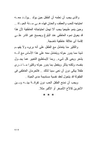 ‫ﻭﺍﻟﺫﻯ ﻴﺠﺏ ﺃﻥ ﻨﻌﻠﻤﻪ ﺃﻥ ﺍﻟﻁﻔل ﺤﻴﻥ ﻴﻭﻟﺩ ..ﻴﻭﻟـﺩ ﻤﻌـﻪ‬
‫ﺍﺤﺘﻴﺎﺠﻪ ﻟﻠﺤﺏ ﻭﺍﻟﻌﻁﻑ ﻭﺍﻟﺤﻨﺎﻥ ﻓﻬﺫﻩ ﻫـﻰ ﺴـﻨﺔ ﺍﻟﺤﻴـﺎﺓ ..‬
‫ﻭﺤﻴﻥ ﻴﻨﻤﻭ ﻁﺒﻴﻌﻴﺎ ﻴﺠﺏ ﺃﻻ ﻨﻬﻤل ﺍﺤﺘﻴﺎﺠﺎﺘﻪ ﺍﻟﻌﺎﻁﻔﻴﺔ ﻷﻥ ﻫﺫﺍ‬
‫ﻗﺩ ﻴﻌﻭﻕ ﻨﻤﻭﻩ ﺍﻟﻌﺎﻁﻔﻰ ﻋﻨﺩ ﺍﻟﺒﻠﻭﻍ ﻭﻴﺼﺒﺢ ﻏﻴﺭ ﻗﺎﺩﺭ ﻋﻠـﻰ‬
                          ‫ﺇﻗﺎﻤﺔ ﺃﻯ ﻋﻼﻗﺔ ﻋﺎﻁﻔﻴﺔ ﻨﺎﻀﺠﺔ.‬
‫ﻭﺍﻟﻜﺜﻴﺭ ﻤﻨﺎ ﻴﺘﻌﺎﻤل ﻤﻊ ﺍﻟﻁﻔل ﻋﻠﻰ ﺃﻨﻪ ﺒﺭﻯﺀ ﻭﻻ ﻴﻔﻬـﻡ‬
‫ﺸﻴﺌﺎ ﻤﻤﺎ ﻴﺩﻭﺭ ﺤﻭﻟﻪ ﻭﻴﺘﻌﺎﻤل ﻤﻌﻪ ﻋﻠﻰ ﻫﺫﺍ ﺍﻷﺴﺎﺱ ﻤﻊ ﺃﻨـﻪ‬
‫ﻴﺸﻌﺭ ﻭﻴﻌﻰ ﻜل ﺸﻲﺀ.. ﺭﺒﻤﺎ ﻻﻴﺴﺘﻁﻴﻊ ﺍﻟﺘﻌﺒﻴﺭ ﻋﻤﺎ ﻴﺠـﻭل‬
‫ﺒﻨﻔﺴﻪ، ﻭﻟﻜﻨﻪ ﻴﺘﺄﺜﺭ ﻭﻴﻨﻔﻌل ﺒﻤﺎ ﻴﺩﻭﺭ ﺤﻭﻟﻪ ﻭﻜﺜﻴﺭﺍ ﻤـﺎ ﻨـﺭﻯ‬
‫ﻁﻔﻼ ﻴﺒﻜﻰ ﺩﻭﻥ ﺃﻥ ﻨﻌﻰ ﺴﺒﺒﺎ ﻟﺫﻟﻙ .. ﻓﺎﻟﺤﺭﻤﺎﻥ ﺍﻟﻌﺎﻁﻔﻰ ﻓﻰ‬
        ‫ﺍﻟﻁﻔﻭﻟﺔ ﻗﺩ ﻴﺘﺤﻭل ﻟﻌﻘﺩ ﻨﻔﺴﻴﺔ ﻤﺴﺘﺩﻴﻤﺔ ﻤﺩﻯ ﺍﻟﺤﻴﺎﺓ .‬
‫ﻭﻴﺠﺏ ﺃﻥ ﻨﻤﻨﺢ ﺍﻟﻁﻔل ﺍﻟﺤﺏ ﺩﻭﻥ ﺘﻔﺭﻗـﺔ ﺒﻴﻨـﻪ ﻭﺒـﻴﻥ‬
                   ‫ﺍﻵﺨﺭﻴﻥ ﻜﺎﻷﺥ ﺍﻷﺼﻐﺭ ﺃﻭ ﺍﻷﻜﺒﺭ ﻤﺜﻼ.‬

                      ‫***‬




‫٢١٢‬
 