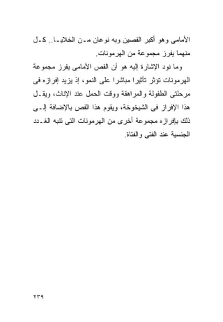 ‫ﺍﻷﻤﺎﻤﻰ ﻭﻫﻭ ﺃﻜﺒﺭ ﺍﻟﻔﺼﻴﻥ ﻭﺒﻪ ﻨﻭﻋﺎﻥ ﻤـﻥ ﺍﻟﺨﻼﻴـﺎ.. ﻜـل‬
                      ‫ﻤﻨﻬﻤﺎ ﻴﻔﺭﺯ ﻤﺠﻤﻭﻋﺔ ﻤﻥ ﺍﻟﻬﺭﻤﻭﻨﺎﺕ.‬
‫ﻭﻤﺎ ﻨﻭﺩ ﺍﻹﺸﺎﺭﺓ ﺇﻟﻴﻪ ﻫﻭ ﺃﻥ ﺍﻟﻔﺹ ﺍﻷﻤﺎﻤﻰ ﻴﻔﺭﺯ ﻤﺠﻤﻭﻋﺔ‬
‫ﺍﻟﻬﺭﻤﻭﻨﺎﺕ ﺘﺅﺜﺭ ﺘﺄﺜﻴﺭﺍ ﻤﺒﺎﺸﺭﺍ ﻋﻠﻰ ﺍﻟﻨﻤﻭ، ﺇﺫ ﻴﺯﻴﺩ ﺇﻓﺭﺍﺯﻩ ﻓﻰ‬
‫ﻤﺭﺤﻠﺘﻰ ﺍﻟﻁﻔﻭﻟﺔ ﻭﺍﻟﻤﺭﺍﻫﻘﺔ ﻭﻭﻗﺕ ﺍﻟﺤﻤل ﻋﻨﺩ ﺍﻹﻨﺎﺙ، ﻭﻴﻘـل‬
‫ﻫﺫﺍ ﺍﻹﻓﺭﺍﺯ ﻓﻰ ﺍﻟﺸﻴﺨﻭﺨﺔ، ﻭﻴﻘﻭﻡ ﻫﺫﺍ ﺍﻟﻔﺹ ﺒﺎﻹﻀﺎﻓﺔ ﺇﻟـﻰ‬
‫ﺫﻟﻙ ﺒﺈﻓﺭﺍﺯﻩ ﻤﺠﻤﻭﻋﺔ ﺃﺨﺭﻯ ﻤﻥ ﺍﻟﻬﺭﻤﻭﻨﺎﺕ ﺍﻟﺘﻰ ﺘﻨﺒﻪ ﺍﻟﻐـﺩﺩ‬
                                 ‫ﺍﻟﺠﻨﺴﻴﺔ ﻋﻨﺩ ﺍﻟﻔﺘﻰ ﻭﺍﻟﻔﺘﺎﺓ.‬




‫٩٣٢‬
 