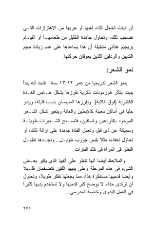 ‫ﺃﻥ ﺍﻟﺒﻨﺕ ﺘﺨﺠل ﺃﺜﻨﺎﺀ ﻟﻌﺒﻬﺎ ﺃﻭ ﺠﺭﻴﻬﺎ ﻤﻥ ﺍﻻﻫﺘﺯﺍﺯﺍﺕ ﺍﻟﺘـﻰ‬
‫ﺘﺼﺤﺏ ﺫﻟﻙ، ﻭﺘﺤﺎﻭل ﺠﺎﻫﺩﺓ ﺍﻟﺘﻘﻠﻴل ﻤﻥ ﻁﻌﺎﻤﻬـﺎ ﺃﻭ ﺍﻟﻘﻴـﺎﻡ‬
‫ﺒﺭﻴﺠﻴﻡ ﻏﺫﺍﺌﻰ ﻤﺘﺨﻴﻠﺔ ﺃﻥ ﻫﺫﺍ ﻴﺴﺎﻋﺩﻫﺎ ﻋﻠﻰ ﻋﺩﻡ ﺯﻴﺎﺩﺓ ﺤﺠﻡ‬
                   ‫ﺍﻟﺜﺩﻴﻴﻥ ﻭﺍﻟﺭﺩﻓﻴﻥ ﺍﻟﻠﺫﻴﻥ ﻴﻌﻭﻗﺎﻥ ﺤﺭﻜﺘﻬﺎ.‬

                                          ‫ﻨﻤﻭ ﺍﻟﺸﻌﺭ:‬
‫ﻴﻨﻤﻭ ﺍﻟﺸﻌﺭ ﺘﺩﺭﻴﺠﻴﺎ ﻤﻥ ﻋﻤﺭ ٢١:٣١ ﺴﻨﺔ.. ﻓﻨﺠﺩ ﺃﻨﻪ ﻴﺒﺩﺃ‬
‫ﻴﻨﺒﺕ ﺒﺘﺄﺜﺭ ﻫﻭﺭﻤﻭﻨﺎﺕ ﺫﻜﺭﻴﺔ ﺘﻔﺭﺯﻫﺎ ﺒﺸﻜل ﺨـﺎﺹ ﺍﻟﻐـﺩﺓ‬
‫ﺍﻟﻜﻅﺭﻴﺔ )ﻓﻭﻕ ﺍﻟﻜﻠﻴﺔ( ﻭﻴﻔﺭﺯﻫﺎ ﺍﻟﻤﺒﻴﻀﺎﻥ ﺒﻨﺴﺏ ﻗﻠﻴﻠﺔ، ﻭﻴﺒﺩﻭ‬
‫ﺠﻠﻴﺎ ﻓﻰ ﺃﻤﺎﻜﻥ ﻤﻌﻴﻨﺔ ﻜﺎﻹﺒﻁﻴﻥ ﻭﺍﻟﻌﺎﻨﺔ ﻭﻴﺘﻐﻴﺭ ﺸﻜل ﺍﻟﺸـﻌﺭ‬
‫ﺍﻟﻤﻭﺠﻭﺩ ﺒﺎﻟﺫﺭﺍﻋﻴﻥ ﻭﺍﻟﺴﺎﻗﻴﻥ، ﻓﺘﺼـﺒﺢ ﺍﻟﺸـﻌﻴﺭﺍﺕ ﻁﻭﻴﻠـﺔ‬
‫ﻭﺴﻤﻴﻜﺔ ﻋﻥ ﺫﻯ ﻗﺒل ﻭﺘﻌﻤل ﺍﻟﻔﺘﺎﺓ ﺠﺎﻫﺩﺓ ﻋﻠﻰ ﺇﺯﺍﻟﺔ ﺫﻟﻙ، ﺃﻭ‬
‫ﺘﺤﺎﻭل ﺇﺨﻔﺎﺀﻩ ﻤﺜﻼ ﺒﻠﺒﺱ ﺠﻭﺭﺏ ﻁﻭﻴـل.. ﻭﻨﺠـﺩﻫﺎ ﺘﻁﻴـل‬
                        ‫ﺍﻟﻨﻅﺭ ﻓﻰ ﺍﻟﻤﺭﺁﺓ ﻓﻰ ﺘﻠﻙ ﺍﻟﻔﺘﺭﺍﺕ.‬
‫ﻭﺍﻟﻤﻼﺤﻅ ﺃﻴﻀﺎ ﺃﻨﻬﺎ ﺘﻨﻅﺭ ﻋﻠﻰ ﺃﻨﻔﻬﺎ ﺍﻟﺫﻯ ﻴﻜﺒﺭ ﺒﻌـﺽ‬
‫ﺍﻟﺸﻰﺀ ﻓﻰ ﻫﺫﻩ ﺍﻟﻤﺭﺤﻠﺔ ﻭﻋﻠﻰ ﻴﺩﻴﻬﺎ ﺍﻟﻠﺘﻴﻥ ﺘﺘﻀﺨﻤﺎﻥ ﻗﻠـﻴﻼ‬
‫ﻭﺃﻴﻀﺎ ﻗﺩﻤﻴﻬﺎ ﻤﺴﺘﻨﻜﺭﺓ ﻫﺫﺍ، ﻤﻤﺎ ﻴﺠﻌﻠﻬﺎ ﺘﻔﻜﺭ ﻁﻭﻴﻼ، ﻭﺘﺤﺎﻭل‬
‫ﺃﻥ ﺘﺭﺘﺩﻯ ﺤﺫﺍﺀ ﻻ ﻴﻭﻀﺢ ﻜﺒﺭ ﻗﺩﻤﻴﻬﺎ ﻭﻻ ﺘﺴﺘﺨﺩﻡ ﻴﺩﻴﻬﺎ ﻜﺜﻴﺭﺍ‬
                       ‫ﻓﻰ ﺍﻟﻌﻤل ﺍﻟﻴﺩﻭﻯ ﻭﺨﺎﺼﺔ ﺍﻟﻤﺩﺭﺴﻰ.‬

‫٥٧٢‬
 