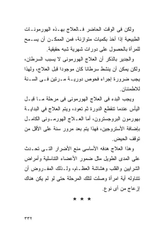 ‫ﻭﻟﻜﻥ ﻓﻰ ﺍﻟﻭﻗﺕ ﺍﻟﺤﺎﻀﺭ ﻓـﺎﻟﻌﻼﺝ ﺒﻬـﺫﻩ ﺍﻟﻬﻭﺭﻤﻭﻨـﺎﺕ‬
‫ﺍﻟﻁﺒﻴﻌﻴﺔ ﺇﺫﺍ ﺃﺨﺫ ﺒﻜﻤﻴﺎﺕ ﻤﺘﻭﺍﺯﻨﺔ، ﻓﻤﻥ ﺍﻟﻤﻤﻜـﻥ ﺃﻥ ﻴﺴـﻤﺢ‬
          ‫ﻟﻠﻤﺭﺃﺓ ﺒﺎﻟﺤﺼﻭل ﻋﻠﻰ ﺩﻭﺭﺍﺕ ﺸﻬﺭﻴﺔ ﺸﺒﻪ ﺤﻘﻴﻘﻴﺔ.‬
‫ﻭﺍﻟﺠﺩﻴﺭ ﺒﺎﻟﺫﻜﺭ ﺃﻥ ﺍﻟﻌﻼﺝ ﺍﻟﻬﻭﺭﻤﻭﻨﻰ ﻻ ﻴﺴﺒﺏ ﺍﻟﺴﺭﻁﺎﻥ،‬
‫ﻭﻟﻜﻥ ﻴﻤﻜﻥ ﺃﻥ ﻴﻨﺸﻁ ﺴﺭﻁﺎﻨﺎ ﻜﺎﻥ ﻤﻭﺠﻭﺩﺍ ﻗﺒل ﺍﻟﻌﻼﺝ، ﻭﻟﻬﺫﺍ‬
‫ﻴﺠﺏ ﻀﺭﻭﺭﺓ ﺇﺠﺭﺍﺀ ﻓﺤﻭﺹ ﺩﻭﺭﻴـﺔ ﻤـﺭﺘﻴﻥ ﻓـﻰ ﺍﻟﺴـﻨﺔ‬
                                              ‫ﻟﻼﻁﻤﺌﻨﺎﻥ.‬
‫ﻭﻴﺠﺏ ﺍﻟﺒﺩﺀ ﻓﻰ ﺍﻟﻌﻼﺝ ﺍﻟﻬﻭﺭﻤﻭﻨﻰ ﻓﻰ ﻤﺭﺤﻠﺔ ﻤـﺎ ﻗﺒـل‬
‫ﺍﻟﻴﺄﺱ ﻋﻨﺩﻤﺎ ﺘﻨﻘﻁﻊ ﺍﻟﺩﻭﺭﺓ ﺜﻡ ﺘﻌﻭﺩ، ﻭﻴﺘﻡ ﺍﻟﻌﻼﺝ ﻓﻲ ﺍﻟﺒﺩﺍﻴـﺔ‬
‫ﺒﻬﻭﺭﻤﻭﻥ ﺍﻟﺒﺭﻭﺠﺴﺘﺭﻭﻥ، ﺃﻤﺎ ﺍﻟﻌـﻼﺝ ﺍﻟﻬﻭﺭﻤـﻭﻨﻰ ﺍﻟﻜﺎﻤـل‬
‫ﺒﺈﻀﺎﻓﺔ ﺍﻷﺴﺘﺭﻭﺠﻴﻥ، ﻓﻬﺫﺍ ﻴﺘﻡ ﺒﻌﺩ ﻤﺭﻭﺭ ﺴﻨﺔ ﻋﻠﻰ ﺍﻷﻗل ﻤﻥ‬
                                          ‫ﺘﻭﻗﻑ ﺍﻟﺤﻴﺽ.‬
‫ﻭﻫﺫﺍ ﺍﻟﻌﻼﺝ ﻫﺩﻓﻪ ﺍﻷﺴﺎﺴﻰ ﻤﻨﻊ ﺍﻷﻀﺭﺍﺭ ﺍﻟﺘـﻰ ﺘﺤـﺩﺙ‬
‫ﻋﻠﻰ ﺍﻟﻤﺩﻯ ﺍﻟﻁﻭﻴل ﻤﺜل ﻀﻤﻭﺭ ﺍﻷﻋﻀﺎﺀ ﺍﻟﺘﻨﺎﺴﻠﻴﺔ ﻭﺃﻤﺭﺍﺽ‬
‫ﺍﻟﺸﺭﺍﻴﻴﻥ ﻭﺍﻟﻘﻠﺏ ﻭﻫﺸﺎﺸﺔ ﺍﻟﻌﻅـﺎﻡ، ﻭﻟـﺫﻟﻙ ﺍﻟﻤﻔـﺭﻭﺽ ﺃﻥ‬
‫ﺘﺘﻨﺎﻭﻟﻪ ﺃﻴﺔ ﺍﻤﺭﺃﺓ ﻭﺼﻠﺕ ﻟﺘﻠﻙ ﺍﻟﻤﺭﺤﻠﺔ ﺤﺘﻰ ﻟﻭ ﻟﻡ ﻴﻜﻥ ﻫﻨﺎﻙ‬
                                     ‫ﺇﺯﻋﺎﺝ ﻤﻥ ﺃﻯ ﻨﻭﻉ.‬

                       ‫***‬
‫٢٣٣‬
 