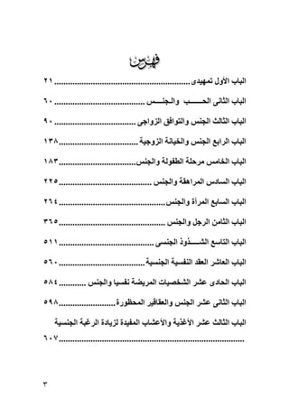 ‫‪‬‬
‫اﻟﺒﺎب اﻷول ﺗﻤﻬﻴﺪى ............................................................ ١٢‬

‫اﻟﺒﺎب اﻟﺜﺎﻧﻰ اﻟﺤـــــــﺐ واﻟـﺠﻨــــﺲ ........................................ ٠٦‬

‫اﻟﺒﺎب اﻟﺜﺎﻟﺚ اﻟﺠﻨﺲ واﻟﺘﻮاﻓﻖ اﻟﺰواﺝﻰ .................................... ٠٩‬

‫اﻟﺒﺎب اﻟﺮاﺏﻊ اﻟﺠﻨﺲ واﻟﺨﻴﺎﻧﺔ اﻟﺰوﺝﻴﺔ ................................... ٨٣١‬

‫اﻟﺒﺎب اﻟﺨﺎﻡﺲ ﻡﺮﺡﻠﺔ اﻟﻄﻔﻮﻟﺔ واﻟﺠﻨﺲ.................................. ٣٨١‬

‫اﻟﺒﺎب اﻟﺴﺎدس اﻟﻤﺮاهﻘﺔ واﻟﺠﻨﺲ ......................................... ٥٢٢‬

‫اﻟﺒﺎب اﻟﺴﺎﺏﻊ اﻟﻤﺮأة واﻟﺠﻨﺲ ............................................... ٤٦٢‬

‫اﻟﺒﺎب اﻟﺜﺎﻡﻦ اﻟﺮﺝﻞ واﻟﺠﻨﺲ ............................................... ٥٦٣‬

‫اﻟﺒﺎب اﻟﺘﺎﺱﻊ اﻟﺸـــــﺬوذ اﻟﺠﻨﺴﻰ .......................................... ١١٥‬

‫اﻟﺒﺎب اﻟﻌﺎﺵﺮ اﻟﻌﻘﺪ اﻟﻨﻔﺴﻴﺔ اﻟﺠﻨﺴﻴﺔ ...................................... ٠٦٥‬

‫اﻟﺒﺎب اﻟﺤﺎدى ﻋﺸﺮ اﻟﺸﺨﺼﻴﺎت اﻟﻤﺮیﻀﺔ ﻧﻔﺴﻴﺎ واﻟﺠﻨﺲ ............ ٤٨٥‬

‫اﻟﺒﺎب اﻟﺜﺎﻧﻰ ﻋﺸﺮ اﻟﺠﻨﺲ واﻟﻌﻘﺎﻗﻴﺮ اﻟﻤﺤﻈﻮرة ......................... ٨٩٥‬

    ‫اﻟﺒﺎب اﻟﺜﺎﻟﺚ ﻋﺸﺮ اﻷﻏﺬیﺔ واﻷﻋﺸﺎب اﻟﻤﻔﻴﺪة ﻟﺰیﺎدة اﻟﺮﻏﺒﺔ اﻟﺠﻨﺴﻴﺔ‬
‫.................................................................................. ٧٠٦‬




‫٣‬
 