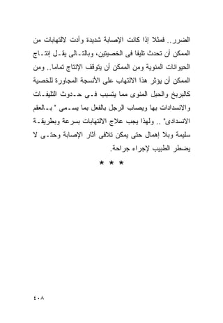 ‫ﺍﻟﻀﺭﺭ.. ﻓﻤﺜﻼ ﺇﺫﺍ ﻜﺎﻨﺕ ﺍﻹﺼﺎﺒﺔ ﺸﺩﻴﺩﺓ ﻭﺃﺩﺕ ﻻﻟﺘﻬﺎﺒﺎﺕ ﻤﻥ‬
‫ﺍﻟﻤﻤﻜﻥ ﺃﻥ ﺘﺤﺩﺙ ﺘﻠﻴﻔﺎ ﻓﻰ ﺍﻟﺨﺼﻴﺘﻴﻥ، ﻭﺒﺎﻟﺘـﺎﻟﻰ ﻴﻘـل ﺇﻨﺘـﺎﺝ‬
‫ﺍﻟﺤﻴﻭﺍﻨﺎﺕ ﺍﻟﻤﻨﻭﻴﺔ ﻭﻤﻥ ﺍﻟﻤﻤﻜﻥ ﺃﻥ ﻴﺘﻭﻗﻑ ﺍﻹﻨﺘﺎﺝ ﺘﻤﺎﻤﺎ.. ﻭﻤﻥ‬
‫ﺍﻟﻤﻤﻜﻥ ﺃﻥ ﻴﺅﺜﺭ ﻫﺫﺍ ﺍﻻﻟﺘﻬﺎﺏ ﻋﻠﻰ ﺍﻷﻨﺴﺠﺔ ﺍﻟﻤﺠﺎﻭﺭﺓ ﻟﻠﺨﺼﻴﺔ‬
‫ﻜﺎﻟﺒﺭﺒﺦ ﻭﺍﻟﺤﺒل ﺍﻟﻤﻨﻭﻯ ﻤﻤﺎ ﻴﺘﺴﺒﺏ ﻓـﻰ ﺤـﺩﻭﺙ ﺍﻟﺘﻠﻴﻔـﺎﺕ‬
‫ﻭﺍﻻﻨﺴﺩﺍﺩﺍﺕ ﺒﻬﺎ ﻭﻴﺼﺎﺏ ﺍﻟﺭﺠل ﺒﺎﻟﻔﻌل ﺒﻤﺎ ﻴﺴـﻤﻰ " ﺒـﺎﻟﻌﻘﻡ‬
‫ﺍﻻﻨﺴﺩﺍﺩﻯ" .. ﻭﻟﻬﺫﺍ ﻴﺠﺏ ﻋﻼﺝ ﺍﻻﻟﺘﻬﺎﺒﺎﺕ ﺒﺴﺭﻋﺔ ﻭﺒﻁﺭﻴﻘـﺔ‬
‫ﺴﻠﻴﻤﺔ ﻭﺒﻼ ﺇﻫﻤﺎل ﺤﺘﻰ ﻴﻤﻜﻥ ﺘﻼﻓﻰ ﺁﺜﺎﺭ ﺍﻹﺼﺎﺒﺔ ﻭﺤﺘـﻰ ﻻ‬
                           ‫ﻴﻀﻁﺭ ﺍﻟﻁﺒﻴﺏ ﻹﺠﺭﺍﺀ ﺠﺭﺍﺤﺔ.‬

                       ‫***‬




‫٨٠٤‬
 