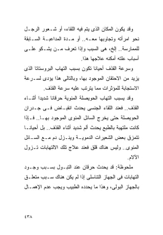 ‫ﻭﻗﺩ ﻴﻜﻭﻥ ﺍﻟﻤﻜﺎﻥ ﺍﻟﺫﻯ ﻴﺘﻡ ﻓﻴﻪ ﺍﻟﻠﻘﺎﺀ، ﺃﻭ ﺸـﻌﻭﺭ ﺍﻟﺭﺠـل‬
‫ﻨﺤﻭ ﺍﻤﺭﺃﺘﻪ ﻭﺘﺠﺎﻭﺒﻬﺎ ﻤﻌـﻪ.. ﺃﻭ ﻤـﺩﺓ ﺍﻟﻤﺩﺍﻋﺒـﺔ ﺍﻟﺴـﺎﺒﻘﺔ‬
‫ﻟﻠﻤﻤﺎﺭﺴﺔ.. ﺇﻟﺦ، ﻫﻰ ﺍﻟﺴﺒﺏ ﻭﺇﺫﺍ ﺘﻌﺭﻑ ﻤـﻥ ﻴﺸـﻜﻭ ﻋﻠـﻰ‬
                            ‫ﺃﺴﺒﺎﺏ ﻋﻠﺘﻪ ﺃﻤﻜﻨﻪ ﻋﻼﺠﻬﺎ ﻫﺫﺍ.‬
‫ﻭﺴﺭﻋﺔ ﺍﻟﻘﺫﻑ ﺃﺤﻴﺎﻨﺎ ﺘﻜﻭﻥ ﺒﺴﺒﺏ ﺍﻟﺘﻬﺎﺏ ﺍﻟﺒﺭﻭﺴﺘﺎﺘﺎ ﺍﻟﺫﻯ‬
‫ﻴﺯﻴﺩ ﻤﻥ ﺍﻻﺤﺘﻘﺎﻥ ﺍﻟﻤﻭﺠﻭﺩ ﺒﻬﺎ، ﻭﺒﺎﻟﺘﺎﻟﻰ ﻫﺫﺍ ﻴﺅﺩﻯ ﻟﺴـﺭﻋﺔ‬
         ‫ﺍﻻﺴﺘﺠﺎﺒﺔ ﻟﻠﻤﺅﺜﺭﺍﺕ ﻤﻤﺎ ﻴﺘﺭﺘﺏ ﻋﻠﻴﻪ ﺴﺭﻋﺔ ﺍﻟﻘﺫﻑ.‬
‫ﻭﻗﺩ ﻴﺴﺒﺏ ﺍﻟﺘﻬﺎﺏ ﺍﻟﺤﻭﻴﺼﻠﺔ ﺍﻟﻤﻨﻭﻴﺔ ﺤﺭﻗﺎﻨﺎ ﺸﺩﻴﺩﺍ ﺃﺜﻨـﺎﺀ‬
‫ﺍﻟﻘﺫﻑ.. ﻓﻌﻨﺩ ﺍﻟﻠﻘﺎﺀ ﺍﻟﺠﻨﺴﻰ ﻴﺤﺩﺙ ﺍﻨﻘﺒـﺎﺽ ﻓـﻰ ﺠـﺩﺭﺍﻥ‬
‫ﺍﻟﺤﻭﻴﺼﻠﺔ ﺤﺘﻰ ﻴﺨﺭﺝ ﺍﻟﺴﺎﺌل ﺍﻟﻤﻨﻭﻯ ﺍﻟﻤﻭﺠﻭﺩ ﺒﻬـﺎ.. ﻓـﺈﺫﺍ‬
‫ﻜﺎﻨﺕ ﻤﻠﺘﻬﺒﺔ ﺒﺎﻟﻁﺒﻊ ﻴﺤﺩﺙ ﺃﻟﻡ ﺸﺩﻴﺩ ﺃﺜﻨﺎﺀ ﺍﻟﻘﺫﻑ.. ﺒل ﺃﺤﻴﺎﻨـﺎ‬
‫ﺘﺘﻤﺯﻕ ﺒﻌﺽ ﺍﻟﺸﻌﻴﺭﺍﺕ ﺍﻟﺩﻤﻭﻴـﺔ ﻭﻴﻨـﺯل ﺩﻡ ﻤـﻊ ﺍﻟﺴـﺎﺌل‬
‫ﺍﻟﻤﻨﻭﻯ.. ﻭﻟﻴﺱ ﻫﻨﺎﻙ ﻗﻠﻕ ﻓﻌﻨﺩ ﻋﻼﺝ ﺘﻠﻙ ﺍﻻﻟﺘﻬﺎﺒﺎﺕ ﺘـﺯﻭل‬
                                                   ‫ﺍﻵﻻﻡ.‬
‫ﻤﻠﺤﻭﻅﺔ: ﻗﺩ ﻴﺤﺩﺙ ﺤﺭﻗﺎﻥ ﻋﻨﺩ ﺍﻟﺘﺒـﻭل ﺒﺴـﺒﺏ ﻭﺠـﻭﺩ‬
‫ﺍﻟﺘﻬﺎﺒﺎﺕ ﻓﻰ ﺍﻟﺠﻬﺎﺯ ﺍﻟﺘﻨﺎﺴﻠﻰ ﺇﺫﺍ ﻟﻡ ﻴﻜﻥ ﻫﻨﺎﻙ ﺴـﺒﺏ ﻤﺘﻌﻠـﻕ‬
‫ﺒﺎﻟﺠﻬﺎﺯ ﺍﻟﺒﻭﻟﻰ، ﻭﻫﺫﺍ ﻤﺎ ﻴﺤﺩﺩﻩ ﺍﻟﻁﺒﻴﺏ ﻭﻴﺠﺏ ﻋﺩﻡ ﺍﻹﻫﻤـﺎل‬




‫٨٣٤‬
 