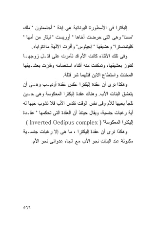 ‫ﺇﻟﻴﻜﺘﺭﺍ ﻓﻰ ﺍﻷﺴﻁﻭﺭﺓ ﺍﻟﻴﻭﻨﺎﻨﻴﺔ ﻫﻰ ﺇﺒﻨﺔ " ﺃﺠﺎﻤﻤﻨﻭﻥ " ﻤﻠﻙ‬
‫"ﻤﺴﻨﺎ" ﻭﻫﻰ ﺍﻟﺘﻰ ﺤﺭﻀﺕ ﺃﺨﺎﻫﺎ " ﺃﻭﺭﻴﺴﺕ " ﻟﻴﺜﺎﺭ ﻤﻥ ﺃﻤﻬﺎ "‬
      ‫ﻜﻠﻴﺘﻤﻨﺴﺘﺭﺍ" ﻭﻋﺸﻴﻘﻬﺎ " ﺇﺠﻴﺜﻭﺱ" ﻭﺃﻗﺭﺕ ﺍﻵﻟﻬﺔ ﻤﺎﺍﻨﺘﻭﺍﻴﺎﻩ.‬
‫ﻭﻓﻰ ﺘﻠﻙ ﺍﻷﺜﻨﺎﺀ ﻜﺎﻨﺕ ﺍﻷﻡ ﻗﺩ ﺘﺂﻤﺭﺕ ﻋﻠﻰ ﻗﺘـل ﺯﻭﺠﻬـﺎ‬
‫ﻟﺘﻔﻭﺯ ﺒﻌﺸﻴﻘﻬﺎ، ﻭﺘﻤﻜﻨﺕ ﻤﻨﻪ ﺃﺜﻨﺎﺀ ﺍﺴﺘﺤﻤﺎﻤﻪ ﻭﻓﺎﺯﺕ ﺒﻌﺸـﻴﻘﻬﺎ‬
                      ‫ﺍﻟﻤﺨﻨﺙ ﻭﺍﺴﺘﻁﺎﻉ ﺍﻻﺒﻥ ﻗﺘﻠﻬﻤﺎ ﺸﺭ ﻗﺘﻠﺔ.‬
‫ﻭﻫﻜﺫﺍ ﻨﺭﻯ ﺃﻥ ﻋﻘﺩﺓ ﺇﻟﻴﻜﺘﺭﺍ ﻋﻜﺱ ﻋﻘﺩﺓ ﺃﻭﺩﻴـﺏ ﻭﻫـﻰ ﺃﻥ‬
‫ﻴﺘﻌﺸﻕ ﺍﻟﺒﻨﺎﺕ ﺍﻷﺏ. ﻭﻫﻨﺎﻙ ﻋﻘﺩﺓ ﺇﻟﻴﻜﺘﺭﺍ ﺍﻟﻤﻌﻜﻭﺴﺔ ﻭﻫﻰ ﺤـﻴﻥ‬
‫ﺘﻠﺠﺄ ﺒﺤﺒﻬﺎ ﻟﻸﻡ ﻭﻓﻰ ﻨﻔﺱ ﺍﻟﻭﻗﺕ ﺘﻘﺩﺱ ﺍﻷﺏ ﻓﻼ ﺘﺸﻭﺏ ﺤﺒﻬﺎ ﻟﻪ‬
‫ﺃﻴﺔ ﺭﻏﺒﺎﺕ ﺠﻨﺴﻴﺔ، ﻭﻴﻘﺎل ﺤﻴﻨﺌﺫ ﺃﻥ ﺍﻟﻌﻘﺩﺓ ﺍﻟﺘﻰ ﺘﺤﻜﻤﻬﺎ " ﻋﻘـﺩﺓ‬
 ‫ﺇﻟﻴﻜﺘﺭﺍ ﺍﻟﻤﻌﻜﻭﺴﺔ" ) ‪( Inverted Oedipus complex‬‬
‫ﻭﻫﻜﺫﺍ ﻨﺭﻯ ﺃﻥ ﻋﻘﺩﺓ ﺇﻟﻴﻜﺘﺭﺍ ، ﻤﺎ ﻫﻰ ﺇﻻ ﺭﻏﺒﺎﺕ ﺠﻨﺴـﻴﺔ‬
      ‫ﻤﻜﺒﻭﺘﺔ ﻋﻨﺩ ﺍﻟﺒﻨﺎﺕ ﻨﺤﻭ ﺍﻷﺏ ﻤﻊ ﺍﺘﺠﺎﻩ ﻋﺩﻭﺍﻨﻰ ﻨﺤﻭ ﺍﻷﻡ.‬




‫٦٦٥‬
 