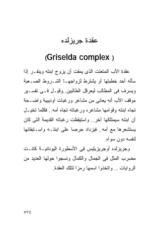 ‫ﻋﻘﺩﺓ ﺠﺭﻴﺯﻟﺩﻩ‬
          ‫‪(Griselda‬‬        ‫) ‪complex‬‬
‫ﻋﻘﺩﺓ ﺍﻷﺏ ﺍﻟﻤﺘﻌﻨﺕ ﺍﻟﺫﻯ ﻴﻤﻘﺕ ﺃﻥ ﻴﺯﻭﺝ ﺍﺒﻨﺘﻪ ﻭﻴﻨﻔـﺭ ﺇﺫﺍ‬
‫ﺴﺄﻟﻪ ﺃﺤﺩ ﺨﻁﺒﺘﻬﺎ ﺃﻭ ﻴﺸﺘﺭﻁ ﻟﺯﻭﺍﺠﻬـﺎ ﺍﻟﺸـﺭﻭﻁ ﺍﻟﺼـﻌﺒﺔ‬
‫ﻭﻴﺴﺭﻑ ﻓﻰ ﺍﻟﻤﻁﺎﻟﺏ ﻟﻴﻌﺭﻗل ﺍﻟﻁﺎﻟﺒﻴﻥ..ﻭﻗﻴـل ﻓـﻰ ﺘﻔﺴـﻴﺭ‬
‫ﻤﻭﻗﻑ ﺍﻷﺏ ﺃﻨﻪ ﻴﻌﺎﻨﻰ ﻤﻥ ﻤﺸﺎﻋﺭ ﻭﺭﻏﺒﺎﺕ ﺃﻭﺩﻴﺒﻴﺔ ﻭﺍﻀـﺤﺔ‬
‫ﺘﺠﺎﻩ ﺍﺒﻨﺘﻪ ﻭﻗﻭﺍﻤﻬﺎ ﻤﺸﺎﻋﺭﻩ ﻭﺭﻏﺒﺎﺘﻪ ﺘﺠﺎﻩ ﺃﻤﻪ.. ﻓﻜﻠﻤﺎ ﺘﺨﻴـل‬
‫ﺃﻥ ﺍﺒﻨﺘﻪ ﺴﻴﻤﺘﻠﻜﻬﺎ ﺁﺨﺭ.. ﻭﺍﺴﺘﻴﻘﻅﺕ ﺭﻏﺒﺎﺘﻪ ﺍﻟﻘﺩﻴﻤﺔ ﺍﻟﺘﻰ ﻜﺎﻥ‬
‫ﻴﺴﺘﺸﻌﺭﻫﺎ ﻤﻊ ﺃﻤﻪ.. ﻓﻴﺯﺩﺍﺩ ﺤﺭﺼﺎ ﻋﻠﻰ ﺍﺒﻨﺘـﻪ ﻭﺍﺴـﺘﺒﻘﺎﺌﻬﺎ‬
                                        ‫ﻟﻨﻔﺴﻪ ﺩﻭﻥ ﺴﻭﺍﻩ.‬
‫ﻭﺠﺭﻴﺯﻟﺩﻩ ﺃﻭﺠﺭﻴﺯﻴﻠﻴﺱ ﻓﻰ ﺍﻷﺴﻁﻭﺭﺓ ﺍﻟﻴﻭﻨﺎﻨﻴـﺔ ﻜﺎﻨـﺕ‬
‫ﻤﻀﺭﺏ ﺍﻟﻤﺜل ﻓﻰ ﺍﻟﺠﻤﺎل ﻭﺍﻟﻜﻤﺎل ﻭﻨﺴﺠﻭﺍ ﺤﻭﻟﻬﺎ ﺍﻟﻌﺩﻴﺩ ﻤﻥ‬
              ‫ﺍﻟﺭﻭﺍﻴﺎﺕ .. ﻭﺍﺘﺨﺫﻭﺍ ﺍﺴﻤﻬﺎ ﺭﻤﺯﺍ ﻟﺘﻠﻙ ﺍﻟﻌﻘﺩﺓ.‬
                           ‫ﹰ‬




‫٤٧٥‬
 