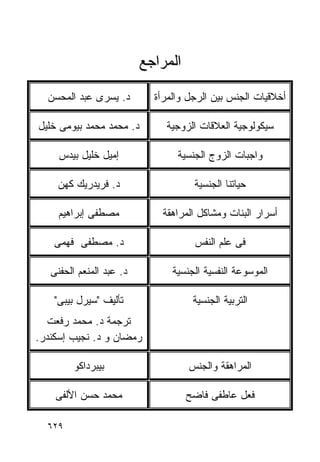 ‫ﺍﻟﻤﺭﺍﺠﻊ‬

  ‫ﺩ. ﻴﺴﺭﻯ ﻋﺒﺩ ﺍﻟﻤﺤﺴﻥ‬        ‫ﺃﺨﻼﻗﻴﺎﺕ ﺍﻟﺠﻨﺱ ﺒﻴﻥ ﺍﻟﺭﺠل ﻭﺍﻟﻤﺭﺃﺓ‬

‫ﺩ. ﻤﺤﻤﺩ ﻤﺤﻤﺩ ﺒﻴﻭﻤﻰ ﺨﻠﻴل‬       ‫ﺴﻴﻜﻭﻟﻭﺠﻴﺔ ﺍﻟﻌﻼﻗﺎﺕ ﺍﻟﺯﻭﺠﻴﺔ‬

     ‫ﺇﻤﻴل ﺨﻠﻴل ﺒﻴﺩﺱ‬              ‫ﻭﺍﺠﺒﺎﺕ ﺍﻟﺯﻭﺝ ﺍﻟﺠﻨﺴﻴﺔ‬

    ‫ﺩ. ﻓﺭﻴﺩﺭﻴﻙ ﻜﻬﻥ‬                   ‫ﺤﻴﺎﺘﻨﺎ ﺍﻟﺠﻨﺴﻴﺔ‬

     ‫ﻤﺼﻁﻔﻰ ﺇﺒﺭﺍﻫﻴﻡ‬           ‫ﺃﺴﺭﺍﺭ ﺍﻟﺒﻨﺎﺕ ﻭﻤﺸﺎﻜل ﺍﻟﻤﺭﺍﻫﻘﺔ‬

    ‫ﺩ. ﻤﺼﻁﻔﻰ ﻓﻬﻤﻰ‬                    ‫ﻓﻰ ﻋﻠﻡ ﺍﻟﻨﻔﺱ‬

   ‫ﺩ. ﻋﺒﺩ ﺍﻟﻤﻨﻌﻡ ﺍﻟﺤﻔﻨﻰ‬         ‫ﺍﻟﻤﻭﺴﻭﻋﺔ ﺍﻟﻨﻔﺴﻴﺔ ﺍﻟﺠﻨﺴﻴﺔ‬

    ‫ﺘﺄﻟﻴﻑ "ﺴﻴﺭل ﺒﻴﺒﻰ"‬                ‫ﺍﻟﺘﺭﺒﻴﺔ ﺍﻟﺠﻨﺴﻴﺔ‬
  ‫ﺘﺭﺠﻤﺔ ﺩ. ﻤﺤﻤﺩ ﺭﻓﻌﺕ‬
‫ﺭﻤﻀﺎﻥ ﻭ ﺩ. ﻨﺠﻴﺏ ﺇﺴﻜﻨﺩﺭ.‬

         ‫ﺒﻴﺒﺭﺩﺍﻜﻭ‬                   ‫ﺍﻟﻤﺭﺍﻫﻘﺔ ﻭﺍﻟﺠﻨﺱ‬

    ‫ﻤﺤﻤﺩ ﺤﺴﻥ ﺍﻷﻟﻔﻰ‬                  ‫ﻓﻌل ﻋﺎﻁﻔﻰ ﻓﺎﻀﺢ‬

  ‫٩٢٦‬
 