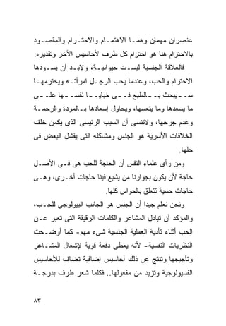 ‫ﻋﻨﺼﺭﺍﻥ ﻤﻬﻤﺎﻥ ﻭﻫﻤـﺎ ﺍﻻﻫﺘﻤـﺎﻡ ﻭﺍﻻﺤﺘـﺭﺍﻡ ﻭﺍﻟﻤﻘﺼـﻭﺩ‬
‫ﺒﺎﻻﺤﺘﺭﺍﻡ ﻫﻨﺎ ﻫﻭ ﺍﺤﺘﺭﺍﻡ ﻜل ﻁﺭﻑ ﻷﺤﺎﺴﻴﺱ ﺍﻵﺨﺭ ﻭﺘﻘﺩﻴﺭﻩ.‬
‫ﻓﺎﻟﻌﻼﻗﺔ ﺍﻟﺠﻨﺴﻴﺔ ﻟﻴﺴـﺕ ﺤﻴﻭﺍﻨﻴـﺔ، ﻭﻻﺒـﺩ ﺃﻥ ﻴﺴـﻭﺩﻫﺎ‬
‫ﺍﻻﺤﺘﺭﺍﻡ ﻭﺍﻟﺤﺏ، ﻭﻋﻨﺩﻤﺎ ﻴﺤﺏ ﺍﻟﺭﺠـل ﺍﻤﺭﺃﺘـﻪ ﻭﻴﺤﺘﺭﻤﻬـﺎ‬
‫ﺴـ ـﻴﺒﺤﺙ ﺒـ ـﺎﻟﻁﺒﻊ ﻓـ ـﻰ ﺨﺒﺎﻴـ ـﺎ ﻨﻔﺴـ ـﻬﺎ ﻋﻠـ ـﻰ‬
 ‫ـ‬       ‫ـ‬       ‫ـ‬        ‫ـ‬         ‫ـ‬        ‫ـ‬
‫ﻤﺎ ﻴﺴﻌﺩﻫﺎ ﻭﻤﺎ ﻴﺘﻌﺴﻬﺎ، ﻭﻴﺤﺎﻭل ﺇﺴﻌﺎﺩﻫﺎ ﺒـﺎﻟﻤﻭﺩﺓ ﻭﺍﻟﺭﺤﻤـﺔ‬
‫ﻭﻋﺩﻡ ﺠﺭﺤﻬﺎ، ﻭﻻﻨﻨﺴﻰ ﺃﻥ ﺍﻟﺴﺒﺏ ﺍﻟﺭﺌﻴﺴﻰ ﺍﻟﺫﻯ ﻴﻜﻤﻥ ﺨﻠﻑ‬
‫ﺍﻟﺨﻼﻓﺎﺕ ﺍﻷﺴﺭﻴﺔ ﻫﻭ ﺍﻟﺠﻨﺱ ﻭﻤﺸﺎﻜﻠﻪ ﺍﻟﺘﻰ ﻴﻔﺸل ﺍﻟﺒﻌﺽ ﻓﻰ‬
                                                  ‫ﺤﻠﻬﺎ.‬
‫ﻭﻤﻥ ﺭﺃﻯ ﻋﻠﻤﺎﺀ ﺍﻟﻨﻔﺱ ﺃﻥ ﺍﻟﺤﺎﺠﺔ ﻟﻠﺤﺏ ﻫﻰ ﻓـﻰ ﺍﻷﺼـل‬
‫ﺤﺎﺠﺔ ﻷﻥ ﻴﻜﻭﻥ ﺒﺠﻭﺍﺭﻨﺎ ﻤﻥ ﻴﺸﺒﻊ ﻓﻴﻨﺎ ﺤﺎﺠﺎﺕ ﺃﺨـﺭﻯ، ﻭﻫـﻰ‬
                        ‫ﺤﺎﺠﺎﺕ ﺤﺴﻴﺔ ﺘﺘﻌﻠﻕ ﺒﺎﻟﺤﻭﺍﺱ ﻜﻠﻬﺎ.‬
‫ﻭﻨﺤﻥ ﻨﻌﻠﻡ ﺠﻴﺩﺍ ﺃﻥ ﺍﻟﺠﻨﺱ ﻫﻭ ﺍﻟﺠﺎﻨﺏ ﺍﻟﺒﻴﻭﻟﻭﺠﻰ ﻟﻠﺤـﺏ،‬
                                    ‫ﹰ‬
‫ﻭﺍﻟﻤﺅﻜﺩ ﺃﻥ ﺘﺒﺎﺩل ﺍﻟﻤﺸﺎﻋﺭ ﻭﺍﻟﻜﻠﻤﺎﺕ ﺍﻟﺭﻗﻴﻘﺔ ﺍﻟﺘﻰ ﺘﻌﺒﺭ ﻋـﻥ‬
‫ﺍﻟﺤﺏ ﺃﺜﻨﺎﺀ ﺘﺄﺩﻴﺔ ﺍﻟﻌﻤﻠﻴﺔ ﺍﻟﺠﻨﺴﻴﺔ ﺸﻰﺀ ﻤﻬﻡ- ﻜﻤﺎ ﺃﻭﻀـﺤﺕ‬
‫ﺍﻟﻨﻅﺭﻴﺎﺕ ﺍﻟﻨﻔﺴﻴﺔ- ﻷﻨﻪ ﻴﻌﻁﻰ ﺩﻓﻌﺔ ﻗﻭﻴﺔ ﻹﺸﻌﺎل ﺍﻟﻤﺸـﺎﻋﺭ‬
‫ﻭﺘﺄﺠﻴﺠﻬﺎ ﻭﺘﻨﺘﺞ ﻋﻥ ﺫﻟﻙ ﺃﺤﺎﺴﻴﺱ ﺇﻀﺎﻓﻴﺔ ﺘﻀﺎﻑ ﻟﻸﺤﺎﺴﻴﺱ‬
‫ﺍﻟﻔﺴﻴﻭﻟﻭﺠﻴﺔ ﻭﺘﺯﻴﺩ ﻤﻥ ﻤﻔﻌﻭﻟﻬﺎ.. ﻓﻜﻠﻤﺎ ﺸﻌﺭ ﻁﺭﻑ ﺒﺩﺭﺠـﺔ‬


‫٣٨‬
 