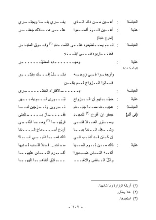 ‫ـﺭﻱ‬
  ‫ﻴ ـﺭﻱ ﺒ ـﺎ ﻭ ‪‬ﺠﺘــ‬
      ‫ِﻨــ ﻴ‬     ‫‪‬ﻐــ‬               ‫ـ ‪‬ﻥ ـﻥ ﺫﺍﻙ ـﺫﻱ‬
                                      ‫ﺍﻟـ‬   ‫: ﺃﻋـ ﻴ ﻤـ ‪‬‬                      ‫ﺍﻟﻌﺒﺎﺴﺔ‬
‫ـﺭ‬
‫ـﻼﻙ ﺠﻌﻔــ ِ‬‫ـﻰ ﻫــ‬‫ﻋﻠــ‬               ‫: ﺃﻋــﻴﻥ ﻗــﻭﻡ ﺃﻗﹾﺴــﻤﻭﺍ‬
                                                    ‫‪‬‬                             ‫ﻋﺘﺒﺔ‬
                                                      ‫)ﺘﺨﺭﺝ ﻋﺘﺒﺔ(‬
                    ‫)١(‬
‫ﻭﻓـ ـﻭﻕ ﺍﻟﻤﻨﺒـ ـﺭ‬
‫ِ‬           ‫ـ‬             ‫: ﻟـ ـﻡ ﻴﺴـ ـﺘﻁﻴﻌﻭﻩ ﻋﻠـ ـﻰ ﺍﻟ ﱠﺴـ ـﺕ‬
                          ‫ِ‬    ‫ـ ﺩ‬               ‫ـ‬      ‫ـ‬                     ‫ﺍﻟﻌﺒﺎﺴﺔ‬
                               ‫ﻓﺤـــﺎﺭﺒﻭﻩ ﻓـــﻲ ﺍﺒﻨـــﻪ‬
                               ‫ِ‬
‫ـﺭ‬
‫ـ ِﻩ ﺍﻟﻤﻁ ﱠـــــــ ِ‬
         ‫ﻭﻤﻬـــــــ ﺩ ‪ ‬ﹶﻬ‬                                          ‫:‬             ‫ﻋﻠﻴﺔ‬
                                                                          ‫)ﻓﻲ ﺃﻟﻡ ﻭﺍﺯﺩﺭﺍﺀ(‬

‫ﺒﻜــ ـل ﺇﻓــ ـﻙ ‪‬ﻨﻜــ ـﺭ‬
‫ِ‬      ‫ـ ﻤ‬       ‫ﱢ‬                   ‫ﻭﺃﺭﺠﻔ ـﻭﺍ ـﻲ ﺯﻭﺠ ـﻪ‬
                                       ‫‪ِ  ‬ـ‬ ‫‪  ‬ﹸـ ﻓـ‬
                               ‫ﻗــﺎﻟﻭﺍ ﺍﻟــﺯﻭﺍﺝ ﻟــﻡ ﻴﻜــﻥ‬
                               ‫‪‬‬          ‫‪‬‬
‫ـﺭﻯ‬
  ‫ـﺎﻻﻓﺘﺭﺍﺀ ﺍﻟﻤﻔﹾﺘــــــ‬
           ‫ِ ‪‬‬        ‫ﺒــــــ‬                                       ‫:‬         ‫ﺍﻟﻌﺒﺎﺴﺔ‬
‫ِﻠـــ ‪‬ﺭﻯ ﻟـــﻡ ‪‬ﺸـــﻬﺭ‬
‫‪ِ‬‬    ‫ﻴ‬         ‫ﻭ‬     ‫ﻟ‬             ‫ـﺯﻭﺍﺝ‬
                                    ‫‪‬‬    ‫: ﺤﺠ ـ ﹸﻬﻡ ﺃﻥ ﺍﻟــ‬
                                                   ‫‪ ‬ﱠــ ﺘ‬                        ‫ﻋﻠﻴﺔ‬
‫ـﺎ‬
 ‫ﺘ ـﺭ‪‬ﻭﻴﻥ ﻭﺘ ـﺯﺠﻴﻥ ﻟﻨــ‬
      ‫‪‬‬   ‫‪ ‬ﹸــ‬     ‫ﹶــ‬             ‫: ﻋﺠﺒــﺕ ﻤﻤــﺎ ﺠ ِــﺕ‬
                                    ‫ِ‬  ‫ﺌ‬         ‫ﹸ‬                            ‫ﺍﻟﻌﺒﺎﺴﺔ‬
                                             ‫)٢(‬
‫ـﺎﻟ ‪‬ﻨﻰ‬
  ‫ـﺎﺯ ﺒـــــ ﻤ‬
             ‫ﻓ ﹶـــــ‬
                  ‫ﻔ‬                 ‫ﻟﻠﻤﺠـﺩ‬
                                    ‫ِ‬              ‫ﺠﻌﻔﺭ ﺇﻥ ﺃﻓﺭﻉ‬
                                                   ‫‪‬‬       ‫‪‬‬                ‫)ﻓﻲ ﺃﻟﻡ(‬
                ‫)٣(‬
‫ـﻰ‬
 ‫ـﺎ ﺍﻨﺜﻨــ‬
         ‫ﻭﻤــ‬         ‫ﻓﺭﺒ ـﺎ‬
                       ‫‪ ‬ﱠﻬــ‬       ‫ﻭﺴــﺎﻭﺭ ﺍﻟ ‪‬ــﻼ ﻓﺘــﻰ‬
                                    ‫‪‬‬        ‫‪ ‬ﻌ‬
‫ﺃﻭﺩﻉ ﺃﺴــــﻤﺎﻉ ﺍﻟــــ ‪‬ﻨﺎ‬
  ‫ﺩ‬        ‫‪‬‬         ‫‪‬‬              ‫ـﺎ‬
                                     ‫ـ ﹶل ـ ‪‬ﻨﺎ ﺒﻤــ‬
                                            ‫ﻭﺸــ ﻐ ﺍﻟــ ﺩ‬
‫ـﺎ؟‬‫ـﻲ ﺃﻨــ‬‫ﺫﺍﻙ ﻓﻤ ـﺎ ﺫﻨﺒــ‬
                  ‫‪ ‬ــ‬             ‫ﺇﻥ ﻜـﺎﻥ ﻗـﺩ ﺃﺫﻨـﺏ ﻓـﻲ‬
                                     ‫‪ ‬ـ‬       ‫ـ ـ‬
‫ـﺎﺕ... ـﻼ ـﺏ ـﺩﻴﻬﺎ‬
    ‫ﻓـ ﻗﻠـ ‪ ‬ﻟـ‬  ‫ﺴـ‬                 ‫: ﺫﺍﻙ ﻤــﻥ ﻟــﻭ‪‬ﻡ ﺍﻟﺴــﻴﺎ‬                     ‫ﻋﻠﻴﺔ‬
‫ـﺎﺱ ﻋﻠﻴ ـﺎ‬
  ‫‪‬ﻬــ‬    ‫ـﺭﻡ ﺍﻟﻨــ‬
                ‫ﺃﻜــ ‪‬‬              ‫ـﻤﻴ ‪‬ﺍ‬
                                     ‫ـﻪ ـﺎﺱ ﻀـ ﺭ‬
                                             ‫ﺃﺘﻔـ ‪ ‬ﺍﻟﻨـ‬
‫ـﺎ ﺇﻟﻴ ـﺎ‬
  ‫ـﻼﻕ ﺃﺩﻨﺎﻫــ ‪‬ﻬــ‬‫ـــ‬               ‫ﻭﺃﺫل ﺍﻟــﻨﻔﺱ ﻭﺍﻷﺨـــ‬
                                                    ‫ﱡ‬




                                                      ‫)١( ﺃﺭﻴﻜﺔ ﺍﻟﻭﺯﺍﺭﺓ ﻭﻤﺎ ﺸﺎﺒﻬﻬﺎ.‬
                                                                    ‫)٢( ﻋﻼ ﻭﻁﺎل.‬
                                                                        ‫)٣( ﺍﺴﺘﻌﺒﺩﻫﺎ.‬

                                  ‫- ٢٠١ -‬
 