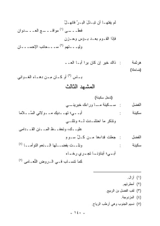 ‫ﻟﻡ ﻴﻔﺘﹾﻬـﺎ ﺃﻥ ﺘﺒـﺫل ﺍﻟﺒـﺭ ﻓﺎﻨﻬـل‬
                                 ‫ﱠ‬      ‫ﱠ‬     ‫َ‬             ‫‪‬ﹸ‬
                           ‫)١(‬
‫ـﺩﻭﺍﻥ‬
‫ِ‬   ‫ـﻊ ﺍﻟ ‪‬ـــ‬
       ‫ﻤﻭﺍﻗـــ ‪ ‬ﻌ‬               ‫ـﻰ‬
                                  ‫ﻓﻌ ﱠـــ‬
                                     ‫ﹶ ‪‬ﻔ‬
                                 ‫ﻓﺈﺫﺍ ﺍﻟﻘـﻭﻡ ﺒﻌـﺩ ﺒـﺅﺱ ﻭﺤـﺯﻥ‬
                                 ‫‪ٍ‬‬    ‫ٍ‬         ‫‪‬‬
                           ‫)٢(‬
‫ﺴـــﺤﺎﺌﺏ ﺍﻹﺤﺴـــﺎﻥ‬
‫ِ‬         ‫‪‬‬                      ‫ﻭﻟ ‪‬ـــﺘ ‪‬ﻡ‬
                                  ‫ﹾﻬ‬    ‫‪ِ ‬ﻴ‬


                                 ‫: ﺫﺍﻙ ﺨﻴﺭ ﺇﻥ ﻜﺎﻥ ﺒ ‪‬ﺍ ﺃﺒـﺎ ﺍﻟﻌــ‬
                                             ‫ِﺭ‬         ‫‪‬‬                      ‫ﻫﺭﺜﻤﺔ‬
                                                                             ‫)ﻀﺎﺤ ﹰﺎ(‬
                                                                               ‫ﻜ‬
                                   ‫)٣(‬
‫ﺃﻭ ﻜ ـﺎﻥ ﻤ ـﻥ ﺩﻫ ـﺎﺀ ﺍﻟﻐ ـﻭﺍ ِﻲ‬
 ‫ﹶـ ﻨ‬        ‫ـ ‪  ِ ‬ـ‬                   ‫ﺒ ـﺎﺱ‬
                                           ‫ـ‬

                                 ‫ﺍﻟﻤﺸ ‪‬ﺩ ﺍﻟﺜﺎﻟﺙ‬
                                         ‫ﻬ‬
                                                   ‫)ﺘﺩﺨل ﺴﻜﻴﻨﺔ(‬
                                 ‫ـﻜﻴ‪‬ﻨﺔ ـﺎ ﻭﺭﺍ ‪‬ﻙ ﺨﺒ ـﻲ‬
                                   ‫ﺀ ‪‬ﺭﻴﻨـ‬     ‫ﻤـ‬     ‫: ﺴـ‬                     ‫ﺍﻟﻔﻀل‬
‫ﺃﺒــﻲ؛ ﹸﻬــﺩﻴﻙ ﻤــﻭﻻﺘﻲ ﺍﻟ ﱠــﻼﻤﺎ‬
     ‫ﺴ‬                  ‫ﺘ‬                                           ‫:‬          ‫ﺴﻜﻴﻨﺔ‬
                                 ‫ﻭﺘﺫﻜﺭ ﻤﺎ ﺍﺤﺘ ﹶـﺩﺕ ﻟـﻪ ﻭ ﹸﺜﻨـﻲ‬
                                     ‫ﺘ‬       ‫ﹶﺸ ﹶ‬        ‫‪‬‬
‫ﻋﻠﻴــﻙ، ﻭﺘﺤﻔــﻅ ﺍﻟ ِــﻨ ‪ ‬ﺍﻟ ﹸــﺩﺍﻤﻰ‬
      ‫ﹸ ﻤ ﹶﻥ ﻘ‬
                                 ‫: ‪‬ﻌﻠ ﹸ ِﺩﺍ ‪‬ﻫﺎ ﻤـﻥ ﻜـل ﺴـﻭﺀ‬
                                 ‫ٍ‬    ‫ﱢ‬         ‫ﺠ ﺕ ﻓ ﺀ‬                        ‫ﺍﻟﻔﻀل‬
‫)٤(‬
      ‫ﻭ ِﻠــﺕ ﺒﻔﻀــِﻬﺎ ﺍﻟــﻨﻌﻡ ﺍﻟﺘﻭﺃﻤــﺎ‬
                ‫‪‬‬         ‫ﻠ‬      ‫ﹶ‬   ‫ﻨ‬                              ‫:‬          ‫ﺴﻜﻴﻨﺔ‬
                                 ‫ـﺎ ﺘ ـﺭﻱ ﺭ ـﺎﺀ‬
                                 ‫‪‬ﺨـ ‪‬‬   ‫ـﻲ؛ ﺃﺒﻨﺎﺅﻨـ ﹶﺠـ‬
                                                       ‫ﺃﺒـ‬
‫)٥(‬
      ‫ﻜﻤﺎ ﺘﻨﺴـﺎﺏ ﻓـﻲ ﺍﻟـﺭﻭﺽ ﺍﻟ ﱡﻌـﺎ ‪‬ﻰ‬
       ‫ِ ﻨ ﻤ‬                ‫‪‬‬


                                                                           ‫)١( ﺃﺯﺍل.‬
                                                                        ‫)٢( ﺃﻤﻁﺭﺘﻬﻡ.‬
                                                          ‫)٣( ﻟﻘﺏ ﺍﻟﻔﻀل ﺒﻥ ﺍﻟﺭﺒﻴﻊ.‬
                                                                        ‫)٤( ﺍﻟﻤﺯﺩﻭﺠﺔ.‬
                                                 ‫)٥( ﻨﺴﻴﻡ ﺍﻟﺠﻨﻭﺏ ﻭﻫﻲ ﺃﺭﻁﺏ ﺍﻟﺭﻴﺎﺡ.‬

                                    ‫- ٠٤١ -‬
 