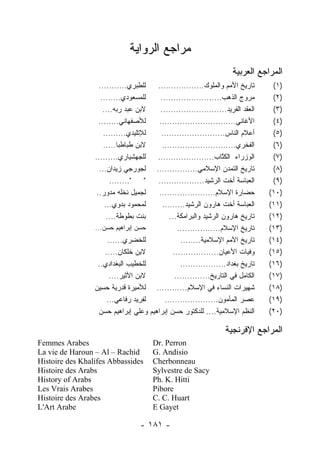 ‫ﻤﺭﺍﺠﻊ ﺍﻟﺭﻭﺍﻴﺔ‬
                                                                         ‫ﺍﻟﻤﺭﺍﺠﻊ ﺍﻟﻌﺭﺒﻴﺔ‬
                   ‫ﻟﻠﻁﺒﺭﻱ...........‬        ‫ﺘﺎﺭﻴﺦ ﺍﻷﻤﻡ ﻭﺍﻟﻤﻠﻭﻙ..................‬       ‫)١ (‬
                    ‫ﻟﻠﻤﺴﻌﻭﺩﻱ........‬         ‫ﻤﺭﻭﺝ ﺍﻟﺫﻫﺏ........................‬        ‫)٢ (‬
                     ‫ﻻﺒﻥ ﻋﺒﺩ ﺭﺒﻪ....‬         ‫ﺍﻟﻌﻘﺩ ﺍﻟﻔﺭﻴﺩ..........................‬    ‫)٣ (‬
                   ‫ﻟﻸﺼﻔﻬﺎﻨﻲ........‬         ‫ﺍﻷﻏﺎﻨﻲ..............................‬       ‫)٤ (‬
                     ‫ﻟﻺﺘﻠﻴﺩﻱ.........‬        ‫ﺃﻋﻼﻡ ﺍﻟﻨﺎﺱ.........................‬       ‫)٥ (‬
                     ‫ﻻﺒﻥ ﻁﺒﺎﻁﺒﺎ.....‬          ‫ﺍﻟﻔﺨﺭﻱ.............................‬      ‫)٦ (‬
                 ‫ﻟﻠﺠﻬﺸﻴﺎﺭﻱ.........‬        ‫ﺍﻟﻭﺯﺭﺍﺀ ﺍﻟﻜﺘﺎﺏ......................‬
                                                                      ‫ﹸﱠ‬               ‫)٧ (‬
                   ‫ﻟﺠﻭﺭﺠﻲ ﺯﻴﺩﺍﻥ...‬         ‫ﺘﺎﺭﻴﺦ ﺍﻟﺘﻤﺩﻥ ﺍﻹﺴﻼﻤﻲ................‬         ‫)٨ (‬
                        ‫"........‬   ‫"‬       ‫ﺍﻟﻌﺒﺎﺴﺔ ﺃﺨﺕ ﺍﻟﺭﺸﻴﺩ..................‬       ‫)٩ (‬
                  ‫ﻟﺠﻤﻴل ﻨﺨﻠﻪ ﻤﺩﻭﺭ..‬         ‫ﺤﻀﺎﺭﺓ ﺍﻹﺴﻼﻡ......................‬         ‫)٠١(‬
                      ‫ﻟﻤﺤﻤﻭﺩ ﺒﺩﻭﻱ...‬          ‫ﺍﻟﻌﺒﺎﺴﺔ ﺃﺨﺕ ﻫﺎﺭﻭﻥ ﺍﻟﺭﺸﻴﺩ.........‬       ‫)١١(‬
                       ‫ﺒﻨﺕ ﺒﻁﻭﻁﺔ....‬             ‫ﺘﺎﺭﻴﺦ ﻫﺎﺭﻭﻥ ﺍﻟﺭﺸﻴﺩ ﻭﺍﻟﺒﺭﺍﻤﻜﺔ...‬      ‫)٢١(‬
                 ‫ﺤﺴﻥ ﺇﺒﺭﺍﻫﻴﻡ ﺤﺴﻥ...‬                  ‫ﺘﺎﺭﻴﺦ ﺍﻹﺴﻼﻡ.................‬     ‫)٣١(‬
                     ‫ﻟﻠﺨﻀﺭﻱ......‬                     ‫ﺘﺎﺭﻴﺦ ﺍﻷﻤﻡ ﺍﻹﺴﻼﻤﻴﺔ........‬      ‫)٤١(‬
                    ‫ﻻﺒﻥ ﺨﻠﻜﺎﻥ.....‬                 ‫ﻭﻓﻴﺎﺕ ﺍﻷﻋﻴﺎﻥ..................‬     ‫)٥١(‬
                  ‫ﻟﻠﺨﻁﻴﺏ ﺍﻟﺒﻐﺩﺍﺩﻱ..‬                   ‫ﺘﺎﺭﻴﺦ ﺒﻐﺩﺍﺩ..................‬   ‫)٦١(‬
                      ‫ﻻﺒﻥ ﺍﻷﺜﻴﺭ....‬                 ‫ﺍﻟﻜﺎﻤل ﻓﻲ ﺍﻟﺘﺎﺭﻴﺦ..............‬   ‫)٧١(‬
                 ‫ﻟﻸﻤﻴﺭﺓ ﻗﺩﺭﻴﺔ ﺤﺴﻴﻥ‬        ‫ﺸﻬﻴﺭﺍﺕ ﺍﻟﻨﺴﺎﺀ ﻓﻲ ﺍﻹﺴﻼﻡ............‬          ‫)٨١(‬
                     ‫ﻟﻔﺭﻴﺩ ﺭﻓﺎﻋﻲ...‬            ‫ﻋﺼﺭ ﺍﻟﻤﺄﻤﻭﻥ.....................‬       ‫)٩١(‬
                  ‫ﻭﻋﻠﻲ ﺇﺒﺭﺍﻫﻴﻡ ﺤﺴﻥ‬      ‫ﺍﻟﻨﻅﻡ ﺍﻹﺴﻼﻤﻴﺔ.... ﻟﻠﺩﻜﺘﻭﺭ ﺤﺴﻥ ﺇﺒﺭﺍﻫﻴﻡ‬         ‫)٠٢(‬

                                                                      ‫ﺍﻟﻤﺭﺍﺠﻊ ﺍﻹﻓﺭﻨﺠﻴﺔ‬
‫‪Femmes Arabes‬‬                            ‫‪Dr. Perron‬‬
‫‪La vie de Haroun – Al – Rachid‬‬           ‫‪G. Andisio‬‬
‫‪Histoire des Khalifes Abbassides‬‬         ‫‪Cherbonneau‬‬
‫‪Histoire des Arabs‬‬                       ‫‪Sylvestre de Sacy‬‬
‫‪History of Arabs‬‬                         ‫‪Ph. K. Hitti‬‬
‫‪Les Vrais Arabes‬‬                         ‫‪Pibore‬‬
‫‪Histoire des Arabes‬‬                      ‫‪C. C. Huart‬‬
‫‪L'Art Arabe‬‬                              ‫‪E Gayet‬‬

                                  ‫- ١٨١ -‬
 