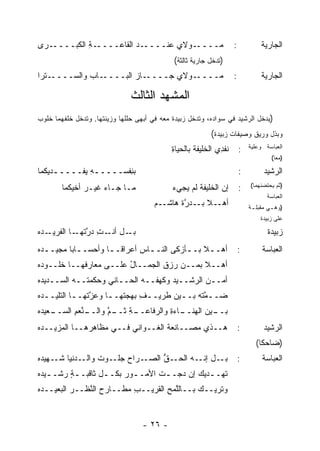 ‫ـﺭﻯ‬‫ـﺔ ﺍﻟﻜﺒــــ‬
            ‫ـﺩ ﺍﻟﻘﺎﻋــــ ِ‬‫ـﻭﻻﻱ ﻋﻨــــ‬‫ﻤــــ‬                          ‫:‬            ‫ﺍﻟﺠﺎﺭﻴﺔ‬
                                             ‫)ﺘﺩﺨل ﺠﺎﺭﻴﺔ ﺜﺎﻟﺜﺔ(‬
‫ـﺘﺭﺍ‬‫ـﺎﺏ ﻭﺍﻟﺴــــ‬‫ـﺎﺯ ﺍﻟﺒــــ‬‫ـﻭﻻﻱ ﺠــــ‬‫ﻤــــ‬                          ‫:‬            ‫ﺍﻟﺠﺎﺭﻴﺔ‬

                               ‫ﺍﻟﻤﺸﻬﺩ ﺍﻟﺜﺎﻟﺙ‬
‫)ﻴﺩﺨل ﺍﻟﺭﺸﻴﺩ ﻓﻲ ﺴﻭﺍﺩﻩ، ﻭﺘﺩﺨل ﺯﺒﻴﺩﺓ ﻤﻌﻪ ﻓﻲ ﺃﺒﻬﻰ ﺤﻠﻠﻬﺎ ﻭﺯﻴﻨﺘﻬﺎ. ﻭﺘﺩﺨل ﺨﻠﻔﻬﻤﺎ ﺨﻠﻭﺏ‬
                                                          ‫ﻭﺒﺫل ﻭﺭﻴﻕ ﻭﺼﻴﻔﺎﺕ ﺯﺒﻴﺩﺓ(‬
                                            ‫ﹶﻔ ِﻱ ﺍﻟﺨﻠﻴﻔﺔ ﺒﺎﻟﺤﻴﺎﺓ‬
                                            ‫ِ‬       ‫ﹶ‬        ‫ﻨﺩ‬         ‫:‬   ‫ﺍﻟﻌﺒﺎﺴﺔ ﻭﻋﻠﻴﺔ‬
                                                                                     ‫)ﻤﻌﺎ(‬
                                                                                       ‫‪‬‬

‫ﺒ ِﻔﺴـــــﻪ ﻴﻔـــــﺩﻴ ﹸﻤﺎ‬
  ‫ـ ﻜ‬       ‫ِ‪‬‬        ‫ﻨ‬                                                 ‫:‬         ‫ﺍﻟﺭﺸﻴﺩ‬
        ‫ﻤـﺎ ﺠـﺎﺀ ﻏﻴـﺭ ﺃﺨﻴﻜﻤﺎ‬
               ‫‪‬‬                             ‫ﺇﻥ ﺍﻟﺨﻠﻴﻔﺔ ﻟﻡ ﻴﺠﻲﺀ‬
                                                     ‫ﹶ‬                  ‫:‬   ‫)ﺜﻡ ﻴﺤﺘﻀﻨﻬﻤﺎ(‬
                                                                                   ‫ﺍﻟﻌﺒﺎﺴﺔ‬
                                       ‫ـﻡ‬‫ـﻼ ـﺩﺭﺓ ﻫﺎﺸـ‬
                                               ‫ﺃﻫـ ﹰ ﺒـ ﱠ‬                   ‫)ﻭﻫ ـﻲ ﻤﻘﺒﻠ ـﺔ‬
                                                                             ‫ـ‬       ‫ـ‬
                                                                                ‫ﻋﻠﻰ ﺯﺒﻴﺩﺓ‬

‫ـﺩﻩ‬
‫ـل ﺃﻨ ـﺕ ﺩﺭﺘ ـﺎ ﺍﻟﻔﺭﻴـ ‪‬‬
           ‫ﺒـ ﹾـ ِ ‪ ‬ﱠ ﹸﻬـ‬                                                         ‫ﺯﺒﻴﺩﺓ‬
‫ﺃﻫــﻼ ﺒــﺄﺯﻜﻰ ﺍﻟﻨــﺎﺱ ﺃﻋﺭﺍ ﹰــﺎ ﻭﺃﺤ‪‬ﺴــﺎ ‪‬ﺎ ﻤﺠﻴــﺩﻩ‬
‫ـ ‪‬‬      ‫ـﺒ‬          ‫ﻗ ـ‬        ‫ـ‬         ‫ﹰ ـ‬                           ‫:‬        ‫ﺍﻟﻌﺒﺎﺴﺔ‬
‫ﺃﻫــﻼ ﺒﻤــﻥ ‪‬ﺯﻕ ﺍﻟﺠﻤــﺎل ﻋﻠــﻰ ﻤﻌﺎﺭﻓﻬــﺎ ﺨﻠــﻭﺩﻩ‬
‫‪‬‬                       ‫ُ‬        ‫‪‬ﺭ ﹶ‬      ‫ﹰ‬
‫ﺃﻤ‪‬ــﻥ ﺍﻟﺭﺸــﻴﺩ ﻭﻜﻬ ﹸــﻪ ﺍﻟﺤــﺎﻨﻲ ﻭﺤﻜﹾﻤ ﹸــﻪ ﺍﻟﺴــﺩﻴﺩﻩ‬
‫‪‬‬         ‫ﺘ ‪‬‬                    ‫‪‬ﻔ‬             ‫‪‬‬
‫ﻀــ ﱠﺘﻪ ﺒــﻴﻥ ﻁﺭﻴــﻑ ﺒﻬ ‪‬ﺘﻬــﺎ ﻭﻋ ﱠﺘﻬــﺎ ﺍﻟﺘﻠﻴــﺩﻩ‬
‫ـ ‪‬‬        ‫ﺯ ـ‬       ‫ِ ‪ ‬ﺠ ـ‬          ‫ﻤ ‪ ‬ـ‬
‫ـﻌﻴﺩﻩ‬
‫ـﻨﻌﻡ ﺍﻟﺴــ ‪‬‬
        ‫ـﺔ ﺜ ـﻡ ﻭﺍﻟــ ﱢ ‪ِ ‬‬
                    ‫ـﺎﺀﺓ ﻭﺍﻟﺭﻓﺎﻋــ ِ ﹶــ ﱠ‬
                                      ‫ـﻴﻥ ﺍﻟﻬﻨــ ِ‬
                                                 ‫ﺒــ‬
‫ﻫــﺫﻱ ‪‬ﺼــﺎ ﹶﻌﺔ ﺍﻟﻐــﻭﺍﻨﻲ ﻓــﻲ ﻤﻅﺎﻫﺭﻫــﺎ ﺍﻟﻤﺯﻴــﺩﻩ‬
‫‪‬‬                                  ‫ﻨ ﹸ‬     ‫ﻤ‬                            ‫:‬         ‫ﺍﻟﺭﺸﻴﺩ‬
                                                                               ‫)ﻀﺎﺤ ﹰﺎ(‬
                                                                                 ‫ﻜ‬
‫ـﺩﻨﻴﺎ ـﻬﻴﺩﻩ‬
‫‪‬‬    ‫ﺸـ‬    ‫ـﻕ ﺍﻟﺼ ـﺭﺍﺡ ﺠﻠ ـﻭﺕ ﻭﺍﻟـ‬
                ‫ـل ـﻪ ﺍﻟﺤـ ﱡ ‪‬ـ ‪ ‬ﹶـ ‪ ‬ﹸ‬
                                      ‫ﺒـ ﺇﻨـ‬                            ‫:‬        ‫ﺍﻟﻌﺒﺎﺴﺔ‬
‫ﺘﻬ‪‬ـ ـﺩﻴﻙ ﺇﻥ ﺩ ‪‬ـ ـﺕ ﺍﻷﻤـ ـﻭﺭ ﺒﻜـ ـل ﺜﺎﻗﺒـ ـﺔ ﺭﺸـ ـﻴﺩﻩ‬
‫ـ ‪‬‬      ‫ٍ‬         ‫ـ‬       ‫ـ‬       ‫‪‬ﺠ ـ‬      ‫ﹶ ـ ‪‬‬
‫ﻭ ﹸﺭﻴــﻙ ﺒــﺎﻟﻠﻤﺢ ﺍﻟﻘﺭﻴــﺏ ‪ ‬ﹶــﺎﺭ ‪ ‬ﺍﻟ ﱠﻅــﺭ ﺍﻟﺒﻌﻴــﺩﻩ‬
‫‪‬‬             ‫ﺡ ﻨ‬        ‫ِ ﻤﻁ‬         ‫ﱠ‪ِ ‬‬          ‫ﺘ‬


                                   ‫- ٦٢ -‬
 