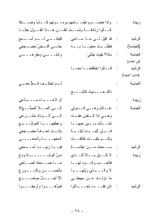 ‫ﻭﺇﺫﺍ ﺨﺼـ ـﻭﻡ ِﻤـ ـﺎﺤﻬﻡ ﻴﺭﻤـ ـﻭﻨﻬﻡ ِـ ـﺫ ‪‬ﺎ ﻭﺼـ ـﺩ ﹶﺎ‬
 ‫‪‬ﻗ‬        ‫ﹾﺒ‬    ‫ـ ‪‬ﻜ‬         ‫ـ ‪‬ﻁ ـ ‪‬‬                    ‫:‬            ‫ﺯﺒﻴﺩﺓ‬
‫ﻗــﺎﻟﻭﺍ ﺯﻨﺎﺩﻗــﺔ ﻭﻟﺴــﺕ ﺃﻅــﻥ ﻫــﺫﺍ ﺍﻟﻘــﻭل ﺤ ﱠــﺎ‬
   ‫َ ‪‬ﻘ‬              ‫‪‬‬     ‫ﹸ‬      ‫ﹲ‬
‫ـﻤﻊ‬
‫ﻓﻠﻴﺘ ـﻲ ـﻡ ﺃﺴــ ِ‬
        ‫ﹶﻨــ ﻟــ‬             ‫ﻗﺩ ﻗﻴل ﻟـﻲ ﻤـﺎ ﺴـﺎﺀﻨﻲ‬
                                            ‫َ‬             ‫:‬          ‫ﺍﻟﺭﺸﻴﺩ‬
‫ـﺠﻌﻲ‬‫ـﻰ ﺃﻗ ـﺽ ﻤﻀـ‬
        ‫ﹶـ ﱠ‬    ‫ﺤﺘـ‬          ‫ﻓﻅﻠ ـﺕ ﻤﻌﻨﻴ ـﺎ ـﻪ‬
                              ‫‪‬ــ ﺒــ‬    ‫ﹶ ﹾــ‬                    ‫)ﻟﻠﻌﺒﺎﺴﺔ(‬
‫ـﻲ‬
 ‫ـﻲ ﻭﻤﻔ ‪‬ﻋـــ‬
     ‫‪ ‬ﹾﺯ‬   ‫ﻭﺃﻤﻠـــ‬                    ‫ﻤﺎﺫﺍ؟ ‪‬ﻘﻴﺕ ﺠ ﱠﺘﻲ‬
                                         ‫ﺒ ﹶ ‪‬ﻨ‬           ‫:‬         ‫ﺍﻟﻌﺒﺎﺴﺔ‬
                                                                  ‫)ﻓﻲ ﺍﻫﺘﻤﺎﻡ(‬
                             ‫ﻗــﺎﻟﻭﺍ ﺍﺨﺘﻠﻔﺘﻤــﺎ ﻤ ‪‬ــﺎ‬
                                ‫ﻌ‬                         ‫:‬          ‫ﺍﻟﺭﺸﻴﺩ‬
                                                              ‫)ﻤﺸﻴ ‪‬ﺍ ﺇﻟﻴﻬﻤﺎ(‬
                                                                       ‫ﺭ‬

‫ـﻑ ـﻁ ـﻲ‬
 ‫ـﻡ ﺘﺨﺘﻠـ ﹾ ﻗـ ﱡ ﻤﻌـ‬
                   ‫ﻟـ‬                                     ‫:‬         ‫ﺍﻟﻌﺒﺎﺴﺔ‬
                             ‫ﺫﺍﻙ ﺤـــﺩﻴﺙ ﻜﺎﺸـــﺢ‬
                             ‫ٍ‬       ‫ﹸ‬       ‫‪‬‬
‫ـ ﱠﻋﻲ‬
  ‫ـﺎﺀ ‪‬ـــ ﺩ‬
       ‫ﺃﻭ ﺍ ﱠﻋـــ ﻤ‬
             ‫ﺩ‬                                            ‫:‬            ‫ﺯﺒﻴﺩﺓ‬
‫ﺇﻟــﻰ ﺍﻟﻌــﻼ ﺍﻟﻤﻤ ﱠــ ِ؟!‬
  ‫ﻨ ﻊ‬                        ‫ﻋــﻼﻡ ﻭﻫــﻲ ﹸــﺩﻭﺘﻲ‬
                                   ‫ﻗ‬       ‫‪‬‬              ‫:‬         ‫ﺍﻟﻌﺒﺎﺴﺔ‬
‫ﺇﻟــﻰ ﺍﻟــﻭﺩﺍﺩ ﻤﺸــﺭﻋﻲ‬
        ‫ِ‬                    ‫ـﻲ ﺇ ﹰﺍ ـﻨﻔﺱ ﻫﻔ ـﺕ‬
                              ‫‪ ‬ﹶـ‬    ‫ﻭﻫـ ﺫ ﺍﻟـ‬
‫ـﻊ‬
‫ـﺎ ﺍﻟﻤﻭ ﱠـــ ِ‬
     ‫ﺸ‬       ‫ﻭ ‪‬ﻁﻔﻬـــ‬
                   ‫ﻋ‬         ‫ﻨﺸـ ـﺄﺕ ﺒـ ـﻴﻥ ﺤ ‪‬ﻬـ ـﺎ‬
                              ‫ﺒ ـ‬       ‫ـ ﹸ ـ‬
‫ﺒﺎﺘ ـﺕ ﺘﺤ ـﻑ ﻤﻀ ـ ‪‬ﻌﻲ‬
  ‫ﹶـ ﹾ ‪‬ـ ﱡ ‪ ‬ـ ﺠ‬           ‫ـﺔ‬
                             ‫ـﺈﻥ ﺃﻟﻤ ـﺕ ﻟﻴﻠــ ﹰ‬
                                     ‫ِ ‪‬ــ ﹸ‬  ‫ﻓــ‬
‫ـﻲ‬‫ـﺎ ﻭﺃﺩ ‪‬ﻌـــ‬
      ‫‪‬ﻤ‬      ‫ﺃﺩﻤ ‪‬ﻬـــ‬
                  ‫‪ ‬ﻌ‬       ‫ﻭﻜــﻡ ﺒﻜﻴ‪‬ــﺕ ﻓﺎﻟﺘ ﹶــﺕ‬
                                ‫ﹸ ﻘ‬         ‫‪‬ﹶ‬
‫ـﺩ ﺃﺴ ـﻤﻌﻲ‬
   ‫ـﺎ ﺯﺒﻴــ ‪‬ــ‬
              ‫ﻓﻴــ‬           ‫ﺴــﻤﻌﺕ ﻤــﻥ ﻋ ﱠﺎﺴــﺔ‬
                             ‫ٍ‬    ‫ﺒ‬        ‫ﹸ‬              ‫:‬          ‫ﺍﻟﺭﺸﻴﺩ‬
‫ـﺎﺓ ﻭ ‪‬ﻉ‬
 ‫ﺩﺱ ﺍﻟﻭﺸــــــ ﹸ ﺩ‬
                ‫‪ ‬ﱠ‬          ‫ﻻ ﺘﻠﹾــﻕ ﺒــﺎﻻ ﻟﹼــﺫﻱ‬
                               ‫ـ ﹰ ﻠ ـ‬     ‫ﹸ ـ‬            ‫:‬            ‫ﺯﺒﻴﺩﺓ‬
‫ﻤــﺎ ﻀــﻤﻨﺘﻪ ﺃﻀــﹸﻌﻲ‬
  ‫ﻠ‬     ‫ﹾ‪‬‬                   ‫ﻓﺎﻟﺤــﺏ ﻭﺍﻟــﻭﺩ ﻟﻬــﺎ‬
                                   ‫‪‬‬       ‫‪‬‬
‫ـﻭﺭﻉ‬
‫ﺒﺎﻟﺤﺴ ـﻥ ﻭﺍﻟﺘـــ ِ‬
           ‫‪ ‬ـــ‬            ‫ـﺎ‬
                              ‫ـﺫﻱ ﺯﻴ ﹶﻬـــ‬
                                  ‫ﱠﻨ‬     ‫ﻻ ﻭﺍﻟـــ‬
‫ـﻊ‬
‫ـل ﻤﻭ‪‬ﻀـــ ِ‬
        ‫ﺇﻻ ﺃﺠـــ ﱠ ‪‬‬
                  ‫ﱠ‬          ‫ﻤﺎ ﻨﺯﹶـﺕ ﻤـﻥ ﻤﻬ ‪‬ﺘـﻲ‬
                                ‫‪ ‬ﺠ‬     ‫ﻟ ﹾ‬
‫ـﻭﺍ‬
  ‫ـﻭﺍ ﻭﺃﺭﺠﻔـــ‬
             ‫ﻓﻤ ﱠﻫـــ‬
                 ‫ﻭ‬           ‫ـ ﱠﺜﻭﺍ‬
                                ‫ـﺩ ﺘﺤـــ ﺩ‬
                                         ‫ﺇﺫﻥ ﻓﻘـــ‬
                                               ‫‪‬‬          ‫:‬          ‫ﺍﻟﺭﺸﻴﺩ‬




                             ‫- ٨٢ -‬
 