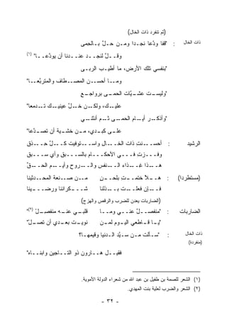 ‫)ﺜﻡ ﺘﻨﻔﺭﺩ ﺫﺍﺕ ﺍﻟﺨﺎل(‬
                       ‫: "ﻗﻔﺎ ﻭ ﱠﻋﺎ ﻨﺠـ ‪‬ﺍ ﻭﻤـﻥ ﺤـل ﺒـﺎﻟ ِﻤﻰ‬
                         ‫ﺤ‬      ‫ﱠ‬         ‫ﺩ‬       ‫ﺩ‬                       ‫ﺫﺍﺕ ﺍﻟﺨﺎل‬

‫)١(‬
      ‫ﻭﻗــل ﻟﻨﺠــﺩ ﻋﻨــﺩﻨﺎ ﺃﻥ ﻴﻭ ﱠﻋــﺎ"‬
        ‫‪ ‬ﺩ ـ‬        ‫ـ‬     ‫ـ‬     ‫ﱠ‬
                       ‫"ﺒﻨﻔﺴﻲ ﺘﻠﻙ ﺍﻷﺭﺽ، ﻤﺎ ﺃﻁﻴـﺏ ﺍﻟ ‪‬ﺒـﻰ‬
                          ‫ﺭ‬                       ‫‪‬‬
‫ـﻁﺎﻑ ﻭﺍﻟ ‪‬ﺘﺭﺒﻌ ـﺎ"‬
   ‫ﹶ ﻤ ‪ ‬ﱠ ‪‬ـ‬     ‫ـﻥ ﺍﻟﻤﺼـ‬
                        ‫ـﺎ ﺃﺤﺴـ ‪‬‬‫ﻭﻤـ‬
                       ‫ـﻊ‬
                       ‫ـﻰ ﺒﺭﻭﺍﺠـ ٍ‬
                                 ‫ـ ﱠﺎﺕ ﺍﻟﺤﻤـ‬
                                         ‫ـﺕ ﻋﺸـ ﻴ‬
                                                ‫"ﻭﻟﻴﺴـ‬
‫ـﻥ ﺨ ـل ﻋﻴﻨﻴ ـﻙ ﺘ ـﺩ ‪‬ﻌﺎ"‬
   ‫ﹶـ ﱠ ‪‬ـ ﹶـ ‪‬ﻤ‬         ‫ـﻙ، ﻭﻟﻜـ‬‫ﻋﻠﻴـ‬
                       ‫ـﻲ‬
                        ‫ـﻰ ـﻡ ﺃﻨﺜﻨـ‬
                               ‫"ﻭﺃ ـﺭ ـﺎﻡ ﺍﻟﺤﻤـ ﺜـ‬
                                        ‫ﺫﻜـ ‪ ‬ﺃﻴـ ‪‬‬
‫ـﻰ ـﺩﻱ، ـﻥ ـﻴﺔ ﺃﻥ ﺘﺼ ـ ﱠﻋﺎ"‬
   ‫ﹶ ‪‬ـ ﺩ‬      ‫ﻤـ ﺨﺸـ‬  ‫ﻋﻠـ ﻜﺒـ‬
‫ـل ﺤ ـﺫﻕ‬
‫ـﺎل ﻭﺍﺴ ـ ﹶﻭﻓﻴ‪‬ﺕ ﻜــ ﱠ ِــ ﹾ ِ‬
                 ‫ـﻨﺕ ﺫﺍﺕ ﺍﻟﺨــ ِ ‪‬ــ ﺘ ﹶ‬
                                 ‫: ﺃﺤﺴــ ِ ﹶ‬                                ‫ﺍﻟﺭﺸﻴﺩ‬
‫ﻭ ﹸـــﺯﺕ ﻓـــﻲ ﺍﻷﺤﻜـــﺎﻡ ﺒﺎﻟﺴـــﺒﻕ ﻭﺃﻱ ﺴـــﺒﻕ‬
‫‪ِ‬‬     ‫ِ ‪‬‬                           ‫‪ِ ‬‬  ‫ﻓ‬
‫ـﻕ‬
‫ـﺭﻭﺡ ﻭﺃﻴ ـﻡ ﺍﻟﺤــ ﱢ‬
          ‫ِ ‪‬ــ‬    ‫ـﻨﻔﺱ ﻭﺍﻟــ‬
                         ‫ـﺫﺍ ﻏ ـ ﹶﺍﺀ ﺍﻟــ ِ‬
                                ‫ِــ ﺫ ‪‬‬    ‫ﻫــ‬
‫ـ ‪‬ﺜﻴﻨﺎ‬
    ‫ـﻥ ﺼ ـﻨﹾﻌﺔ ﺍﻟﻤﺤـ ﺩ‬
                 ‫‪‬ـ‬   ‫ﻤـ‬       ‫ـﻥ‬
                               ‫ـﺕ ﺒﻠﺤــ ٍ‬
                                       ‫ـﻼ ﺨﺘﻤــ ِ‬
                                               ‫: ﻫــ ﱠ‬                  ‫)ﻤﺴﺘﻁﺭ ‪‬ﺍ(‬
                                                                          ‫ﺩ‬
‫ـﻴﻨﺎ‬
   ‫ﺸ ـﻜﺭﺍ ﹶﻨﺎ ﻭﺭﻀـــ‬
            ‫ﹸـــ ﻨ‬             ‫ـﺕ ﺒ ـﺫﻟﹾﻨﺎ‬
                                   ‫ـﺈﻥ ﻓﻌﻠــ ‪‬ــ ﹶ‬
                                                 ‫ﻓــ‬
                       ‫)ﺍﻟﻀﺎﺭﺒﺎﺕ ﻴﻌﺩﻥ ﻟﻠﻀﺭﺏ ﻭﺍﻟﺭﻗﺹ ﻭﺍﻟﻬﺯﺝ(‬
‫ـﻲ ـﻪ ﻤﻨﻔﺼ ـل )٢("‬
     ‫ِـ ْ‬     ‫ﻗﻠﺒـ ‪ ‬ﻋﻨـ‬       ‫: "ﻤﻨﻔﺼــل ﻋﻨــﻲ ﻭﻤــﺎ‬
                                           ‫ٌ‬                            ‫ﺍﻟﻀﺎﺭﺒﺎﺕ‬
‫ـل"‬
 ‫ﻨﻭﻴ ـﺕ ـﺩﻱ ﺃﻥ ﺘﺼـ ْ‬
            ‫‪‬ـ ﹶ ﺒﻌـ‬           ‫" ـﺎ ـﺎﻁﻌﻲ ـﻭﻡ ـﻥ‬
                                ‫ﺍﻟﻴـ ﻟﻤـ‬  ‫ﻴـ ﻗـ‬
                       ‫"ﺴـﺄﻟﺕ ﻤـﻥ ﺴـ ﱠﺩ ﺍﻟـﺩﻨﻴﺎ ﻭﻗﻴ ‪‬ﻬـﺎ؟‬
                         ‫‪‬ﻤ ـ‬        ‫ﻴ‪ ‬ـ‬       ‫ـ ﹸ ـ‬               ‫:‬      ‫ﺫﺍﺕ ﺍﻟﺨﺎل‬
                                                                            ‫)ﻤﻨﻔﺭﺩﺓ(‬

‫ﻓﻘﻴــل ﻫــﺎﺭﻭﻥ ﺫﻭ ﺍﻟﺘــﺎﺠﻴﻥ ﻭﺍﺒ‪‬ﻨــﺎﻩ"‬
 ‫‪‬‬                      ‫‪‬‬


                       ‫)١( ﺍﻟﺸﻌﺭ ﻟﻠﺼﻤﺔ ﺒﻥ ﻁﻔﻴل ﺒﻥ ﻋﺒﺩ ﺍﷲ ﻤﻥ ﺸﻌﺭﺍﺀ ﺍﻟﺩﻭﻟﺔ ﺍﻷﻤﻭﻴﺔ.‬
                                             ‫)٢( ﺍﻟﺸﻌﺭ ﻭﺍﻟﻀﺭﺏ ﻟﻌﻠﻴﺔ ﺒﻨﺕ ﺍﻟﻤﻬﺩﻱ.‬

                                ‫- ٢٣ -‬
 