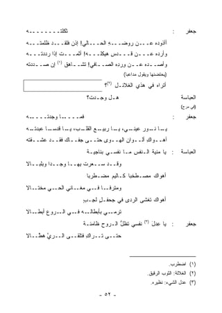 ‫ﹶﻜﻠ ﹸــــــــﻪ‬
‫‪‬‬        ‫ﺜ ﺘ‬                                                            ‫:‬     ‫ﺠﻌﻔﺭ‬
‫ﺃﺃﺫﻭﺩﻩ ﻋـــﻥ ﺭﻭ‪‬ﻀـــﻪ ﺍﻟﺤـــﺎﻟﻲ! ﺇﺫﻥ ﻓﻠﻘـــﺩ ﻅﻠﻤ ﹸـــﻪ‬
‫‪‬‬   ‫ﺘ‬                            ‫ِ‬      ‫‪‬‬       ‫‪‬‬
‫ﻭﺃﺭ ‪‬ﻩ ﻋـــﻥ ﹸـــﺩﺱ ﻫﻴ‪‬ﻜﻠـــﻪ! ﺃﺜﻤ‪‬ـــﺕ ﺇﺫﺍ ﺭﺩﺩ ﹸـــﻪ‬
‫‪‬‬   ‫ﺘ‬         ‫ﹸ‬          ‫ـ‬        ‫‪ِ ‬‬  ‫ـ ﻗ‬      ‫ﺩ‬
              ‫)١(‬
‫ﺇﻥ ﺼـ ـﺩﺩﺘﻪ‬
‫ـ ﹸ‪‬‬                ‫ﻭﺃﺼـ ـ ‪‬ﻩ ﻋـ ـﻥ ﻭﺭ ِﻩ ﺍﻟﺼـ ـﺎﻓﻲ! ﺘ ﹶـ ـﺎ ‪‬ﻕ‬
                     ‫ﺸ ـﻫ‬          ‫ـ‬       ‫ـ ِ ‪‬ﺩ‬      ‫ﺩ‬
                                             ‫)ﻴﺤﺘﻀﻨﻬﺎ ﻭﻴﻘﻭل ﻤﺩﺍﻋ ‪‬ﺎ(‬
                                               ‫ﺒ‬

                                    ‫ﺃﺘﺭﺍﻩ ﻓﻲ ﻫﺫﻱ ﺍﻟﻐﻼﺌـل )٢(؟‬
                                         ‫ِ‬
                             ‫ﻫ ـل ﻭﺠ ـﺩ ﹶ؟‬
                              ‫ـﺕ‬       ‫ـ‬                                    ‫ﺍﻟﻌﺒﺎﺴﺔ‬
                                                                            ‫)ﻓﻲ ﻤﺭﺡ(‬

‫ـﻪ‬
‫ـﺎ ﻭﺠﺩ ﹸــــ ‪‬‬
      ‫‪‬ﺘ‬      ‫ﻓﻤــــ‬                                                    ‫:‬     ‫ﺠﻌﻔﺭ‬
‫ـﻊ ـﺏ، ـﺎ ﹸﺩﺴ ـﺎ ﻋﺒﺩﺘ ـﻪ‬
‫ﹸـ ‪‬‬     ‫ﻴـ ﻗ ‪‬ـ‬    ‫ـﻲ، ـﺎ ﺭﺒﻴـ ‪ ‬ﺍﻟﻘﻠـ‬
                                  ‫ﻴـ‬  ‫ـﺎ ـﻭﺭ ﻋﻴﻨـ‬
                                           ‫ﻴـ ﻨـ ‪‬‬
‫ﺃﻫــﻭﺍﻙ ﺃﻟــﻭﺍﻥ ﺍﻟﻬــﻭﻯ ﺤﺘــﻰ ﺠﻔــﺎﻙ ﻓﻘــﺩ ﻋﺸــﻘﺘﻪ‬
‫ﹸ‪‬‬                                 ‫‪‬‬       ‫ِ‬
                             ‫: ﻴﺎ ‪‬ﻨﻴﺔ ﺍﻟـﻨﻔﺱ ﻤـﺎ ﻨﻔﺴـﻲ ﺒﻨﺎﺠﻴـﺔ‬
                                               ‫ِ‬      ‫ﻤ ﹶ‬                   ‫ﺍﻟﻌﺒﺎﺴﺔ‬
‫ﻭﻗــﺩ ‪‬ــ ‪‬ﺭﺕ ِﻬــﺎ ﻭﺠــ ‪‬ﺍ ﻭﺒﻠﺒــﺎﻻ‬
          ‫ﺩ‬          ‫ﺴ ﻌ ﹶﺒ‬
                             ‫ﺃﻫﻭﺍﻙ ‪‬ﺼـﻁﺨ ‪‬ﺎ ﻜـﺎﻟﻴﻡ ‪‬ﻀـﻁﺭ ‪‬ﺎ‬
                              ‫ﺒ‬     ‫‪ ‬ﻤ‬       ‫ﺒ‬     ‫ﻤ‬
‫ـﻲ ﻤ ـﺎﻻ‬
   ‫ـﺎﻨﻲ ﺍﻟﺤـ ‪ ‬ﺨﺘـ‬‫ﻭﻤﺘﺭﻓ ـﺎ ـﻲ ﻤﻐـ‬
                         ‫‪ ‬ﹾ ‪ ‬ﹰـ ﻓـ‬
                           ‫ﺃﻫﻭﺍﻙ ﺘﻐ ﹶﻰ ﺍﻟﺭﺩﻯ ﻓﻲ ﺠﺤﻔـل ﻟ ِـﺏ‬
                           ‫ٍ ﹶﺠ ٍ‬                ‫ﹶ ﹾﺸ‬
‫ـﺎﻻ‬‫ـﻪ ـﻲ ـﺭﻭ‪‬ﻉ ﺃﺒﻁـ‬
             ‫ﺘ ـﻲ ﺒﺄﺒﻁﺎﻟـ ﻓـ ﺍﻟـ‬
                              ‫ﹶﺭﻤـ‬
                                                       ‫)٣(‬
                           ‫ﻨﻔﺴﻲ ﺘﻅل ﺍﻟـﺭﻭﺡ ﻅﺎﻤﺌـﺔ‬
                           ‫ﹰ‬      ‫‪‬‬      ‫ﱡ‬                   ‫: ﻴﺎ ِﺩل‬
                                                             ‫ﻋ‪َ ‬‬             ‫ﺠﻌﻔﺭ‬
‫ﺤﺘــﻰ ﺘــﺭﺍﻙ ﻓ ﹶﻠﻘــﻰ ﺍﻟــﺭﻱ ﻫ ﱠــﺎﻻ‬
    ‫‪ ‬ﱠ ﻁ‬           ‫ِ ﺘ‬



                                                                       ‫)١( ﺍﻀﻁﺭﺏ.‬
                                                         ‫)٢( ﺍﻟﻐﻼﻟﺔ: ﺍﻟﺜﻭﺏ ﺍﻟﺭﻗﻴﻕ.‬
                                                             ‫)٣( ﻋﺩل ﺍﻟﺸﻲﺀ: ﻨﻅﻴﺭﻩ.‬

                                  ‫- ٢٥ -‬
 