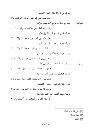 ‫ﺃﻫﻭﺍﻙ ﻓﻲ ﻜل ﺃﺸـﻜﺎل ﺍﻟﺤﻴـﺎﺓ ﻫـ ‪‬ﻯ‬
                               ‫ِ ﻭ‬          ‫ِ‬            ‫ِ‬
‫ﻗــﺩ ﺨــﺎﻤﺭ ﺍﻟــﻨﻔﺱ ﺃﻟﻭﺍ ﹰــﺎ ﻭﺃﺸــﻜﺎﻻ‬
            ‫ﻨ‬
                              ‫: ﺃﻫـ ـﻭﺍﻙ ﻗـ ـﻴﻡ ‪‬ﻭﻻﺕ ﹸﺼـ ـﺭ ﹸﻬﺎ‬
                                ‫ﱠﻓ‬     ‫ﺘ‬    ‫‪ ‬ﺩ‬     ‫ـ ‪‬‬               ‫ﺍﻟﻌﺒﺎﺴﺔ‬
‫)١(‬
      ‫ﻭﺘﻘﹾـ ـﺩﻡ ﺍﻟﺨﻠﹾـ ـﻕ ﺴ ﱠﺍ ‪‬ـ ـﺎ ﻭﺃﻗﻴـ ـﺎﻻ‬
                 ‫ﹶ ‪‬ﻭ ﺴ ـ‬             ‫‪‬‬     ‫ﹶ‬
                              ‫ﺃﻫﻭﺍﻙ ﻓـﻲ ﹶـﺒﺞ ﺍﻟـﺩﻨﻴﺎ ﻭﺯﺤﻤ ِﻬـﺎ‬
                                 ‫ﺘ‬              ‫ﺜ ‪ِ‬‬     ‫‪‬‬
‫ﻋﻁ ـﻼ ـﻥ ـﺎﻩ.. ﻻ ـ ‪‬ﺍ ﻭﻻ ـﺎﻻ‬
  ‫ﻤـ‬    ‫ﻤﺠـ ﺩ‬   ‫‪ ‬ﹾـ ﻤـ ﺍﻟﺠـ ِ‬
                              ‫ﺃﻫﻭﺍﻙ ﺯﻭ ‪‬ـﺎ ﺒﻌﻴـﺩ ﺍﻟـﺩﺍﺭ ﺩﺍﻨﻴ ‪‬ـﺎ‬
                                ‫ِ ‪‬ﻬ‬          ‫‪‬‬       ‫ﺠ‬
‫ـﻪ ﺤﻅ ـﺎ، ﻭﻻ ـﺎﻻ‬
  ‫ﻨـ‬     ‫ﹰـ‬    ‫ـﺎ ـﺕ ـﻥ ﻗﺭﺒـ‬
                     ‫ﻤـ ﻨﻠـ ﹸ ﻤـ‬
                              ‫ﻭﻤ ـﺎ ﺤﺭﻤ ـﻙ ﺇﻻ ﺃﺠﻬﺸ ـﺕ ـﺩﻱ‬
                                ‫ﹾ ﻜﺒـ‬     ‫ﱠ‬   ‫ـ ‪  ‬ﺘـ‬
‫)٢(‬
      ‫ﻭﺍﻏـﺭﻭﺭﻕ ﺍﻟـﺩﻤﻊ ﻓـﻲ ﻋﻴﻨـﻲ ﻭﺍﻨﺜـﺎﻻ‬
        ‫ﱠ ـ‬          ‫ـ ‪ ‬ـ‬         ‫ـ‬
                              ‫: ﺃﻫﻭﺍﻙ ﺠﻨـﺔ ﺃﺤﻼﻤـﻲ ﻟ ِـﺒﻥ ﻋﻠـﻰ‬
                                   ‫ﹶﻌ ‪ ‬‬        ‫ﹶ‬    ‫ِ‬                  ‫ﺠﻌﻔﺭ‬
‫ﺃﻓﻨﺎ ِﻬــﺎ ﺍﻟﺨﻀ‪‬ــﺭ ﺃﺴــﺤﺎ ‪‬ﺍ ﻭﺁﺼــﺎﻻ‬
  ‫ـ‬      ‫ـ ﺭ‬      ‫ِ‬    ‫ﻨ ـ ﹸ‬
                              ‫ﺃﻫﻭﺍﻙ ﻫﻴﻜـل ﺘﺴـﺒﻴﺤﻲ ﺃﻁﻴـﻑ ﺒـﻪ‬
                                  ‫ﹸ‬             ‫َ‬     ‫ِ‬
‫ـﻼﻻ‬
  ‫ـﻨﻔﺱ ﺘﻘﺩﻴﺴ ـﺎ ‪‬ﺇﺠــ‬
      ‫‪‬ــ ﻭ‬      ‫ﻓﺘ ـﺭﻕ ﺍﻟــ ‪‬‬
                        ‫ﹸﺸــ ﹸ‬
                              ‫ﺘﺠﻭل ﻋﻴﻨـﺎﻙ ﻓـﻲ ‪‬ﻭﺤـﻲ ﻓ ﹸﻠﻬﺒﻬـﺎ‬
                                    ‫ﹶﺘ‬      ‫ﺭ‬            ‫ُ‬
‫ـﺎﻻ‬
  ‫ـ ‪‬ﺍ، ﻭﺁﻻﻤ ـﺎ، ﻭﺁﻤــ‬
          ‫‪‬ــ‬      ‫ـﻭ ﹰﺎ، ﻭﻭﺠــ ﺩ‬
                             ‫ﺸــ ﻗ‬
                              ‫ﻗﺩ ﻜﺎﻥ ﺤ ‪‬ﻙ ﺃﻏﻠـﻰ ﻤـﺎ ﻨﻌﻤ‪‬ـﺕ ﺒـﻪ‬
                                  ‫ﹸ‬   ‫ﹶِ‬            ‫ﺒ‬
               ‫)٣(‬
‫ﻭﻤــﺎ ﺯﺍﻻ‬            ‫ﻭﻜــﺎﻥ ﺃﻜــﺭﻡ ﺃﻋﻼﻗــﻲ‬



                                                         ‫)١( ﺠﻤﻊ ﻗﻴل ﻭﻫﻭ ﺍﻟﻤﻠﻙ.‬
                                                                ‫)٢( ﻫﻁل ﻭﺴﺎل.‬
                                                                   ‫)٣( ﺍﻟﻨﻔﺎﺌﺱ.‬

                                   ‫- ٣٥ -‬
 