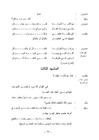 ‫ﺼﻪ‬
                           ‫‪ٍ‬‬                                            ‫:‬     ‫ﻤﺴﺭﻭﺭ‬
‫ـﺎﻫﺭ‪‬؟‬
     ‫ﺃﻫ ـﻭ ﺴــ‬
         ‫‪‬ــ ‪‬‬                                                           ‫:‬         ‫ﺭﻴﻕ‬
‫ـﺎﺫﺭ‬
‫ـﻭ ‪‬ﺤـــ ‪‬‬
      ‫ـﺎﺕ ﻭﻫ‪‬ـــ ﻤ‬
               ‫ﻓﺒـــ ﹶ‬                      ‫ـﻪ‬‫: ﻤﻭﻻﺘ ـﺎ ﺃﻨﺫﺭﺘــ‬
                                                        ‫ﹸﻨــ‬                   ‫ﻤﺴﺭﻭﺭ‬
‫ـﺩﺍﻭﺭ‬
‫ﺭﺍ ٍ، ﻭﺭﺃﻱ ‪‬ـــــــــ ِ ‪‬‬
             ‫‪‬ﻤ‬      ‫ﺱ‬                      ‫ـﺩﺓ ـل‬
                                            ‫ـﻲ ﺯﺒﻴـ ﹶ ﻋﻘـ ٌ‬
                                                          ‫ﻭﻓـ‬
‫ـﺂ ‪‬ﺭ‬
 ‫ـﺏ ﻭﺘــــــ ﻤ‬
            ‫ﹶﺭ ﱡــــــ ‪‬‬
                    ‫ﺘ ﻗ‬                     ‫ـﺔ ﺘﻁﻐ ـﻰ‬
                                             ‫: ﺍﻟﺒﺭﻤﻜﻴــ ﹶ ﹾ ﹶــ‬                ‫ﺨﻠﻭﺏ‬
                      ‫ﺒﺎﻟﻤﺎل ﺃﻭ ﺒﺎﻟﻤﺂﺜﺭ‬
                      ‫‪‬‬          ‫ِ‬          ‫ﺇﻨﺠﻴﻠﻬﺎ ﻓـﻲ ﺍﺨﺘﺼـﺎﺭ‬
                                            ‫ٍ‬             ‫ﹸ‬


‫ـﺂﺜﺭ‬
‫ـﺎل ﺃﻭ ﺒﺎﻟﻤـــــ ‪‬‬
               ‫ﺒﺎﻟﻤـــــ ِ‬                  ‫ـﺎ‬‫ـﻭﺓ ﻟﻠﺒﺭﺍﻴــ‬
                                                       ‫: ﻭ ِﺸــ ﹲ‬
                                                            ‫ﺭ‬                  ‫ﻤﺴﺭﻭﺭ‬
‫ـﺭﺍﺌﺭ‬
‫‪‬‬    ‫ـﻪ ﺍﻟﺴـــ‬‫ـﻰ ﻟﺩﻴـــ‬‫ﺘﺒ‪‬ﻠـــ‬
                             ‫ﹸ‬              ‫ـﺢ ﻴﻭﻤ ـﺎ‬
                                              ‫‪‬ـ‬     ‫ـﺎﺩ ﺃﻟﻤـ‬‫ﺃﻜـ‬              ‫)ﻓﻲ ﻨﻅﺭﺓ‬
                                                                               ‫ﺨﻁﻴﺭﺓ(‬
‫ـﺩﻭﺍﺌﺭ‬
‫‪‬‬    ‫ـﺎﺓ ﺍﻟـــ‬
           ‫ـﻰ ﺍﻟ ‪‬ﻐـــ ِ‬
                 ‫ﺒ‬     ‫ﻋﻠـــ‬                ‫ﺘ ـﺩﻭﺭ ـﻲ ﻁﺭ ـﻪ‬
                                             ‫ﹶ ‪‬ﻓﻴـ‬ ‫ﻓـ‬  ‫ﹶـ‬
                                                      ‫)ﻴﺨﺭﺝ ﻤﺴﺭﻭﺭ(‬

                                ‫ﺍﻟﻤﺸﻬﺩ ﺍﻟﺜﺎﻟﺙ‬
                                             ‫: ﻫﺫﻩ ﻤﻭﻻ ﹸﻨـﺎ ‪‬ﻘﺒﻠـﺔ‬
                                             ‫ﹰ‬    ‫ﻤ‬    ‫ﺘ‬                        ‫ﺨﻠﻭﺏ‬
                                                                             ‫)ﻭﻫﻲ ﺘﻨﻅـﺭ‬
                                                                              ‫ﺇﻟﻰ ﺍﻟﺨﺎﺭﺝ(‬

‫ﻓﻲ ﺍﻟ ﹶﻭﺍﻡ ﺍﻟﱠـﺩ ِ، ﻭﺍﻟ ‪‬ﺴـﻥ ﺍﻟ ‪‬ﻨﻴـﻑ‬
‫ﹾ‬   ‫ﺤ ِ ﻤ‬          ‫ﻘ ِ ﻠ ‪‬ﻥ‬
                                 ‫ﺘ ﹶﻬﺎﺩﻯ ﺒـﻴﻥ ﺃﻋﻁـﺎﻑ ﺍﻟ ‪‬ـﺒﺎ‬
                                    ‫ﺼ‬                    ‫ﺘ‬
‫ـﻑ‬
‫ـﺩﻭ ﻭﺤﻠﻴــ ﹾ‬
         ‫ـﻴﻥ ﺘﻨ ـﻴﻥ.. ﻋــ ﱠ‬
                   ‫ﺒــ ِ ﹾﺘــ‬
                                    ‫: ﻭﻤﻥ ﺫﺍﻙ ﺍﻟﺤﻠﻴﻑ ﻓﺩﺘﻙ ﻨﻔﺴﻲ؟‬
                                               ‫ﹸ‬          ‫‪‬‬                        ‫ﺒﺫل‬
‫ـﻊ‬
‫ـل ـﻥ ﺍﻟﺭﺒﻴـ ِ‬
         ‫ﺴ ـﻜﻴﻨﺔ ـﺕ ﻓﻀـ ِ ﺒـ ِ‬
                      ‫‪‬ـ ‪ ‬ﹶ ﹸ ﺒﻨـ‬                                   ‫:‬             ‫ﺭﻴﻕ‬
                                 ‫ﺃﺒﻭﻫﺎ ﺨﺼﻡ ﺠﻌﻔﺭ ﻓﻬـﻭ ﻴﻬﻔـﻭ‬
                                                 ‫‪‬‬
‫ـﺘﻁﻴﻊ‬
‫ِ‬   ‫ـﻴﺱ ﺒ ‪‬ﺴـــ‬
        ‫ـﻪ، ﻭﻟـــ ‪ِ ‬ﻤ‬
                     ‫ﻟﻴﺨﻠ ﹶـــ‬
                        ‫‪ ‬ﹾﹸﻔ‬
        ‫)ﺘﺩﺨل ﺯﺒﻴﺩﺓ. ﻭﻋﻠﻴﺔ ﺒﻨﺕ ﺍﻟﻤﻬﺩﻱ. ﻭﺴﻜﻴﻨﺔ ﺒﻨﺕ ﺍﻟﻔﻀل ﺒﻥ ﺍﻟﺭﺒﻴﻊ(‬


                                   ‫- ٥٦ -‬
 