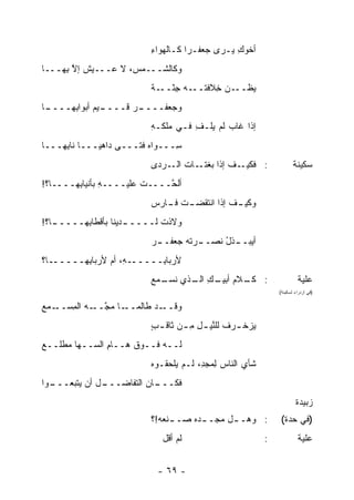 ‫ﺃﺨﻭﻙ ‪‬ـﺭﻯ ﺠﻌﻔـ ‪‬ﺍ ﻜـﺎﻟﻬﻭﺍﺀ‬
                           ‫ِ‬         ‫ﺭ‬         ‫ِﻴ‬
‫ﻭﻜﺎﻟﺸـــﻤﺱ، ﻻ ﻋـــﻴﺵ ﺇﻻ ِﻬـــﺎ‬
     ‫‪ ‬ﹶ ﱠﺒ‬
                           ‫ﻴﻅ ـﻥ ِﻼﻓﺘ ـﻪ ِﻨ ـ ﹰ‬
                           ‫‪ ‬ﹸــ ﺨ ﹶ ﹶــ ﺠ ّــ ﺔ‬
                               ‫ﹶ‬
‫ـﺎ‬
 ‫ـﻴﻡ ﺃﺒﻭﺍ ِﻬــــ‬
      ‫ـﺭ ﻗــــ ‪  ‬ﺒ‬
                  ‫ﻭﺠﻌﻔــــ ‪‬‬
                           ‫ﺇﺫﺍ ﻏﺎﺏ ﻟﻡ ﻴﻠﹾـﻑ ﻓـﻲ ‪‬ﻠﻜـﻪ‬
                           ‫ﻤ ِ‬       ‫‪ِ  ‬‬
‫ِـــ ‪‬ﺍﻩ ﻓﺘـــﻰ ﺩﺍﻫ ‪‬ـــﺎ ﻨﺎ ِﻬـــﺎ‬
     ‫ﺒ‬        ‫ﻴ‬            ‫ﻭ‪‬‬     ‫ﺴ‬
                           ‫ـﻑ ﺇﺫﺍ ﺒﻐ ـﺎﺕ ـﺭ ‪‬ﻯ‬
                            ‫ﺍﻟـ ﺩ‬   ‫‪ ‬ﹶﺘـ‬     ‫: ﻓﻜﻴـ‬                    ‫ﺴﻜﻴﻨﺔ‬
‫ﺃﻟ ﱠــــﺕ ‪‬ﻠﻴــــﻪ ﺒﺄﻨﻴﺎ ِﻬــــﺎ؟!‬
        ‫ﺒ‬       ‫ِ‬      ‫ﻋ‬      ‫ﺤ‬
                           ‫ـﻑ ﺇﺫﺍ ﺍﻨﺘﻘ ـﺕ ـﺎﺭﺱ‬
                           ‫ﻀـ ﻓـ ‪‬‬           ‫ﻭﻜﻴـ‬
‫ـﺩﻴ ﹶﺎ ﺒﺄﻗﻁﺎ ِﻬــــ ـﺎ؟!‬
   ‫ـ‬      ‫ﺒ‬        ‫‪‬ﻻﺫﺕ ﹶـــــ ﻨ‬
                          ‫ﻭ ﹶ ﹾﻟ‬
                           ‫ـﺫل ﻨﺼ ـﺭﺘﻪ ﺠﻌﻔ ـﺭ‬
                           ‫ﺃﻴﺒــ ﹸ ُ ﹸ ‪‬ــ ‪ ‬ﹶ ‪   ‬ﹶــ ‪‬‬
‫ـﺎ؟‬‫ـ ِ، ﺃﻡ ﻷﺭﺒﺎ ِﻬـــــ‬
         ‫ﺒ‬          ‫ﻷﺭﺒﺎ ِـــــ ﻪ‬
                           ‫ﺒ‬
                           ‫: ﻜ ـﻼﻡ ـﻙ ـﺫﻱ ـﻤﻊ‬
                           ‫ﻨﺴـ ‪‬‬ ‫ﺃﺒﻴـ ِ ﺍﻟـ‬ ‫ﹶـ‬                            ‫ﻋﻠﻴﺔ‬
                                                                 ‫)ﻓﻲ ﺍﺯﺩﺭﺍﺀ ﻟﺴﻜﻴﻨﺔ(‬


‫ـﺎ ﻤﺠ ـﻪ ﺍﻟﻤﺴ ـﻤﻊ‬
‫ِ ‪‬ــ ‪ ‬‬  ‫ـﺩ ﻁﺎﻟﻤــ ‪ ‬ﱠــ‬‫ﻭﻗــ‬
                           ‫ﻴﺯﺨ ـ ‪‬ﻑ ﻟﻠ ﱠﻴ ـل ﻤ ـﻥ ﺜﺎﻗ ـﺏ‬
                           ‫ٍ‬       ‫ﻨ ِ ِـ‬        ‫‪‬ﹾ ﺭ‬
‫ﻟــﻪ ﻓــﻭﻕ ﻫــﺎﻡ ﺍﻟ ‪‬ــﻬﺎ ﻤﻁﻠــﻊ‬
‫‪‬‬          ‫ِ ﺴ‬        ‫ﹶ‬
                           ‫ﺸﺄﻱ ﺍﻟﻨﺎﺱ ﻟﻤﺠ ِ، ﹶـﻡ ﻴﻠ ‪‬ﻘـﻭﻩ‬
                               ‫‪  ِ ‬ﺩ ﻟ ‪ ‬ﹾﺤ‬
‫ـل ﺃﻥ ﻴﺘﺒﻌ ـﻭﺍ‬
  ‫‪ ‬ﹾ ‪ ‬ـــ‬ ‫ـﺎﻥ ﺍﻟﺘﻔﺎﻀـــ‬
                         ‫ﻓﻜـــ‬
                                                                         ‫ﺯﺒﻴﺩﺓ‬
                           ‫: ﻭﻫـ ـل ﻤﺠـ ـﺩﻩ ‪‬ـ ـﻨﻌﻪ!؟‬
                             ‫ـ ﺼ ﹾ‪‬‬          ‫ـ‬                   ‫)ﻓﻲ ﺤﺩﺓ(‬
                              ‫ﻟﻡ ﺃﻗل‬                         ‫:‬            ‫ﻋﻠﻴﺔ‬


                             ‫- ٩٦ -‬
 